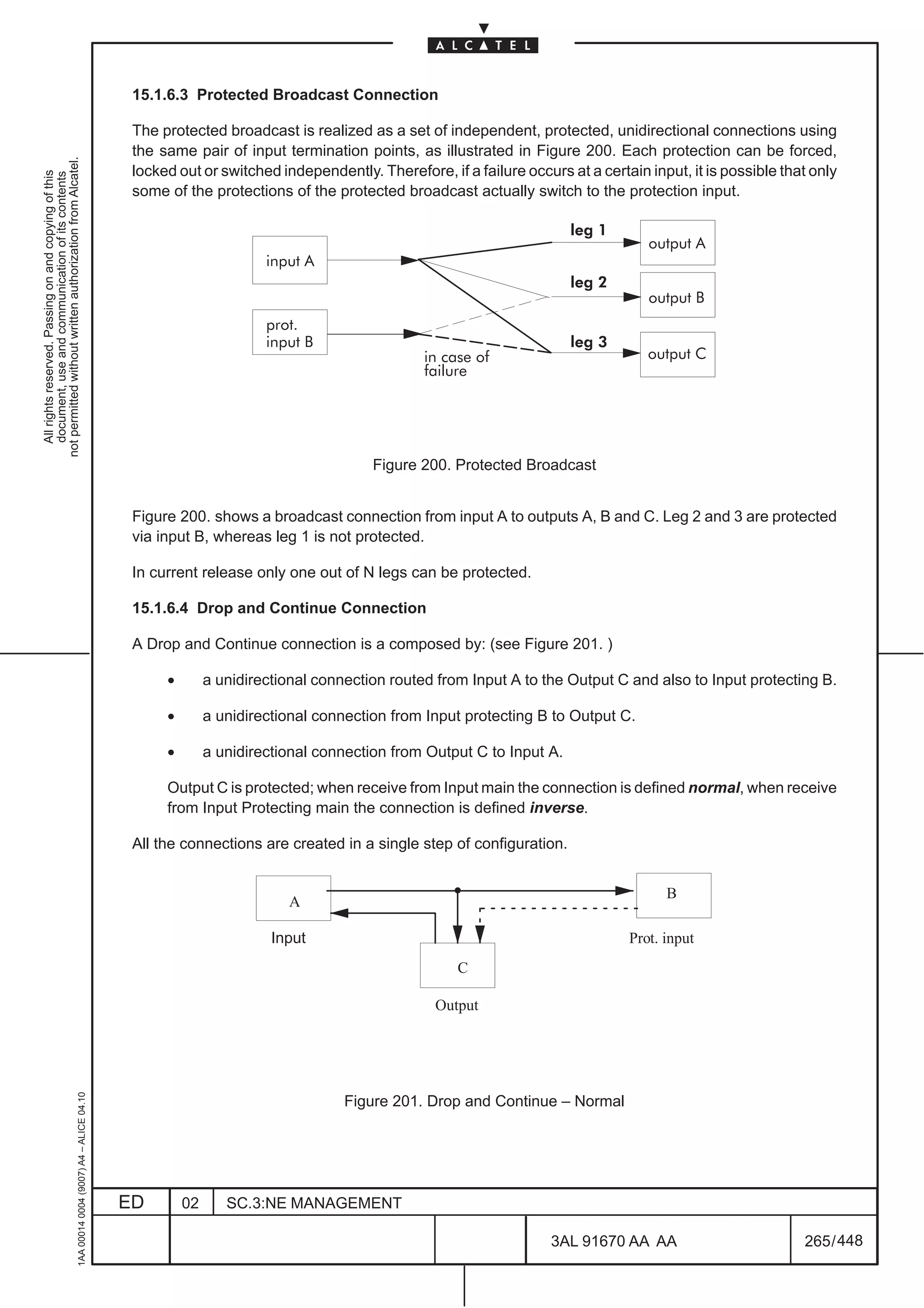 15.1.6.3 Protected Broadcast Connection

                                                                                               The protected broadcast is realized as a set of independent, protected, unidirectional connections using
                                                                                               the same pair of input termination points, as illustrated in Figure 200. Each protection can be forced,
not permitted without written authorization from Alcatel.




                                                                                               locked out or switched independently. Therefore, if a failure occurs at a certain input, it is possible that only
  All rights reserved. Passing on and copying of this
  document, use and communication of its contents




                                                                                               some of the protections of the protected broadcast actually switch to the protection input.

                                                                                                                  ÈÈÈÈ                                               leg 1   ÈÈÈÈoutput A
                                                                                                                  ÈÈÈÈ
                                                                                                                  ÈÈÈÈinput A                                                ÈÈÈÈ
                                                                                                                                                                     leg 2   ÈÈÈÈ
                                                                                                                                                                             ÈÈÈÈoutput B
                                                                                                                  ÈÈÈÈ
                                                                                                                  ÈÈÈÈprot.
                                                                                                                                                                             ÈÈÈÈ
                                                                                                                  ÈÈÈÈinput B                                        leg 3
                                                                                                                                                                             ÈÈÈÈ
                                                                                                                                                                             ÈÈÈÈ
                                                                                                                                                                             ÈÈÈÈ
                                                                                                                                              in case of                         output C
                                                                                                                                              failure                        ÈÈÈÈ
                                                                                                                                      Figure 200. Protected Broadcast


                                                                                               Figure 200. shows a broadcast connection from input A to outputs A, B and C. Leg 2 and 3 are protected
                                                                                               via input B, whereas leg 1 is not protected.

                                                                                               In current release only one out of N legs can be protected.

                                                                                               15.1.6.4 Drop and Continue Connection

                                                                                               A Drop and Continue connection is a composed by: (see Figure 201. )

                                                                                                    •        a unidirectional connection routed from Input A to the Output C and also to Input protecting B.

                                                                                                    •        a unidirectional connection from Input protecting B to Output C.

                                                                                                    •        a unidirectional connection from Output C to Input A.

                                                                                                    Output C is protected; when receive from Input main the connection is defined normal, when receive
                                                                                                    from Input Protecting main the connection is defined inverse.

                                                                                               All the connections are created in a single step of configuration.

                                                                                                                  ÈÈÈÈ                                                       ÈÈÈÈ   B
                                                                                                                  ÈÈÈÈ   A                                                   ÈÈÈÈ
                                                                                                                  ÈÈÈÈ Input
                                                                                                                                                                             ÈÈÈÈ
                                                                                                                                                                              Prot. input
                                                                                                                                           ÈÈÈÈ
                                                                                                                                           ÈÈÈÈ    C
                                                                                                                                           ÈÈÈÈOutput
                                                     1AA 00014 0004 (9007) A4 – ALICE 04.10




                                                                                                                                  Figure 201. Drop and Continue – Normal




                                                                                              ED        02      SC.3:NE MANAGEMENT

                                                                                                                                                                  3AL 91670 AA AA                         265 / 448


                                                                                                                                                                                448
 