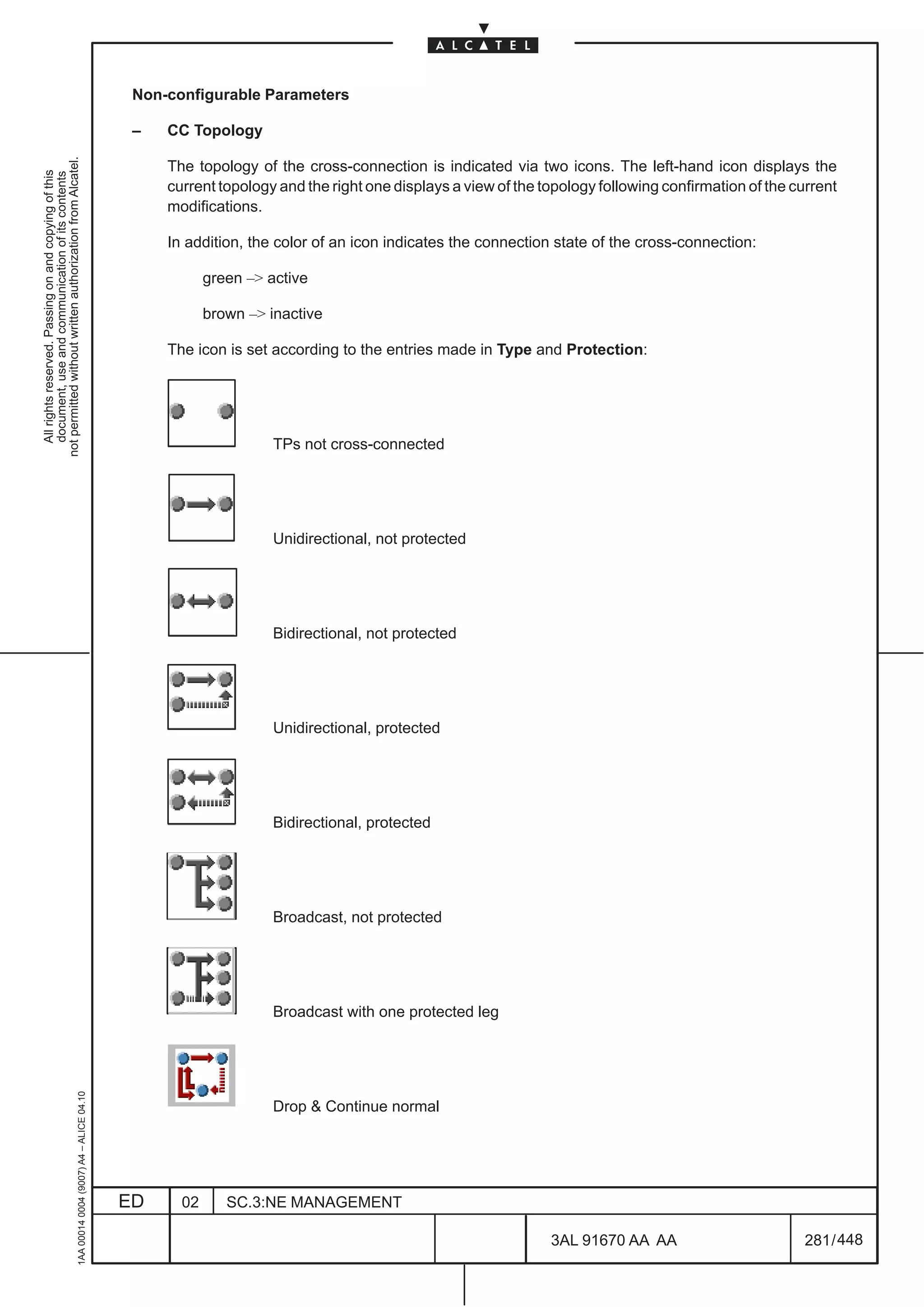 Non-configurable Parameters

                                                                                               –   CC Topology
not permitted without written authorization from Alcatel.




                                                                                                   The topology of the cross-connection is indicated via two icons. The left-hand icon displays the
  All rights reserved. Passing on and copying of this
  document, use and communication of its contents




                                                                                                   current topology and the right one displays a view of the topology following confirmation of the current
                                                                                                   modifications.

                                                                                                   In addition, the color of an icon indicates the connection state of the cross-connection:

                                                                                                          green – active

                                                                                                          brown – inactive

                                                                                                   The icon is set according to the entries made in Type and Protection:




                                                                                                                    TPs not cross-connected




                                                                                                                    Unidirectional, not protected




                                                                                                                    Bidirectional, not protected




                                                                                                                    Unidirectional, protected




                                                                                                                    Bidirectional, protected




                                                                                                                    Broadcast, not protected




                                                                                                                    Broadcast with one protected leg
                                                     1AA 00014 0004 (9007) A4 – ALICE 04.10




                                                                                                                    Drop  Continue normal




                                                                                              ED     02      SC.3:NE MANAGEMENT

                                                                                                                                                              3AL 91670 AA AA                        281 / 448


                                                                                                                                                                            448
 