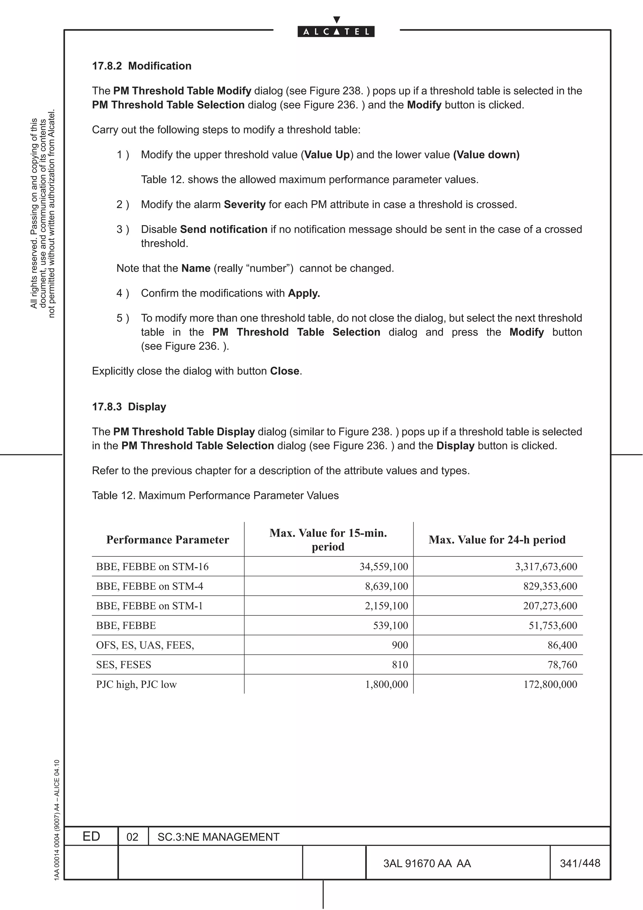 17.8.2 Modification

                                                                                               The PM Threshold Table Modify dialog (see Figure 238. ) pops up if a threshold table is selected in the
                                                                                               PM Threshold Table Selection dialog (see Figure 236. ) and the Modify button is clicked.
not permitted without written authorization from Alcatel.
  All rights reserved. Passing on and copying of this
  document, use and communication of its contents




                                                                                               Carry out the following steps to modify a threshold table:

                                                                                                    1)     Modify the upper threshold value (Value Up) and the lower value (Value down)

                                                                                                           Table 12. shows the allowed maximum performance parameter values.

                                                                                                    2)     Modify the alarm Severity for each PM attribute in case a threshold is crossed.

                                                                                                    3)     Disable Send notification if no notification message should be sent in the case of a crossed
                                                                                                           threshold.

                                                                                                    Note that the Name (really “number”) cannot be changed.

                                                                                                    4)     Confirm the modifications with Apply.

                                                                                                    5)     To modify more than one threshold table, do not close the dialog, but select the next threshold
                                                                                                           table in the PM Threshold Table Selection dialog and press the Modify button
                                                                                                           (see Figure 236. ).

                                                                                               Explicitly close the dialog with button Close.


                                                                                               17.8.3 Display

                                                                                               The PM Threshold Table Display dialog (similar to Figure 238. ) pops up if a threshold table is selected
                                                                                               in the PM Threshold Table Selection dialog (see Figure 236. ) and the Display button is clicked.

                                                                                               Refer to the previous chapter for a description of the attribute values and types.

                                                                                               Table 12. Maximum Performance Parameter Values


                                                                                                                                      Max. Value for 15-min.
                                                                                                   Performance Parameter                                                Max. Value for 24-h period
                                                                                                                                             period
                                                                                               BBE, FEBBE on STM-16                                       34,559,100                       3,317,673,600
                                                                                               BBE, FEBBE on STM-4                                          8,639,100                        829,353,600
                                                                                               BBE, FEBBE on STM-1                                          2,159,100                        207,273,600
                                                                                               BBE, FEBBE                                                    539,100                          51,753,600
                                                                                               OFS, ES, UAS, FEES,                                               900                              86,400
                                                                                               SES, FESES                                                        810                              78,760
                                                                                               PJC high, PJC low                                            1,800,000                        172,800,000
                                                     1AA 00014 0004 (9007) A4 – ALICE 04.10




                                                                                              ED      02      SC.3:NE MANAGEMENT

                                                                                                                                                               3AL 91670 AA AA                       341 / 448


                                                                                                                                                                            448
 