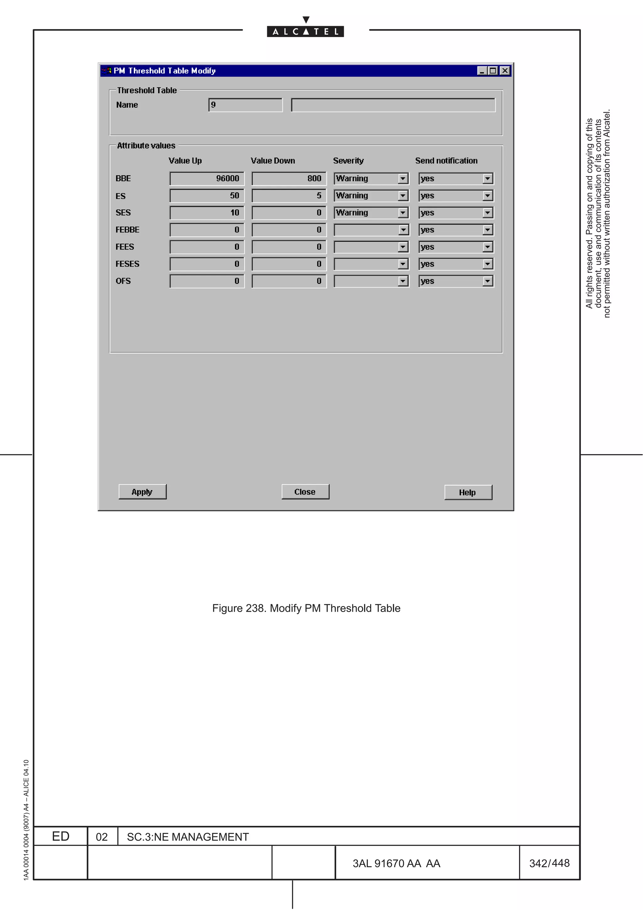 1AA 00014 0004 (9007) A4 – ALICE 04.10




                           ED
                           02
                           SC.3:NE MANAGEMENT
                                                Figure 238. Modify PM Threshold Table




448
         3AL 91670 AA AA
         342 / 448
                                                                                          All rights reserved. Passing on and copying of this
                                                                                          document, use and communication of its contents
                                                                                        not permitted without written authorization from Alcatel.
 