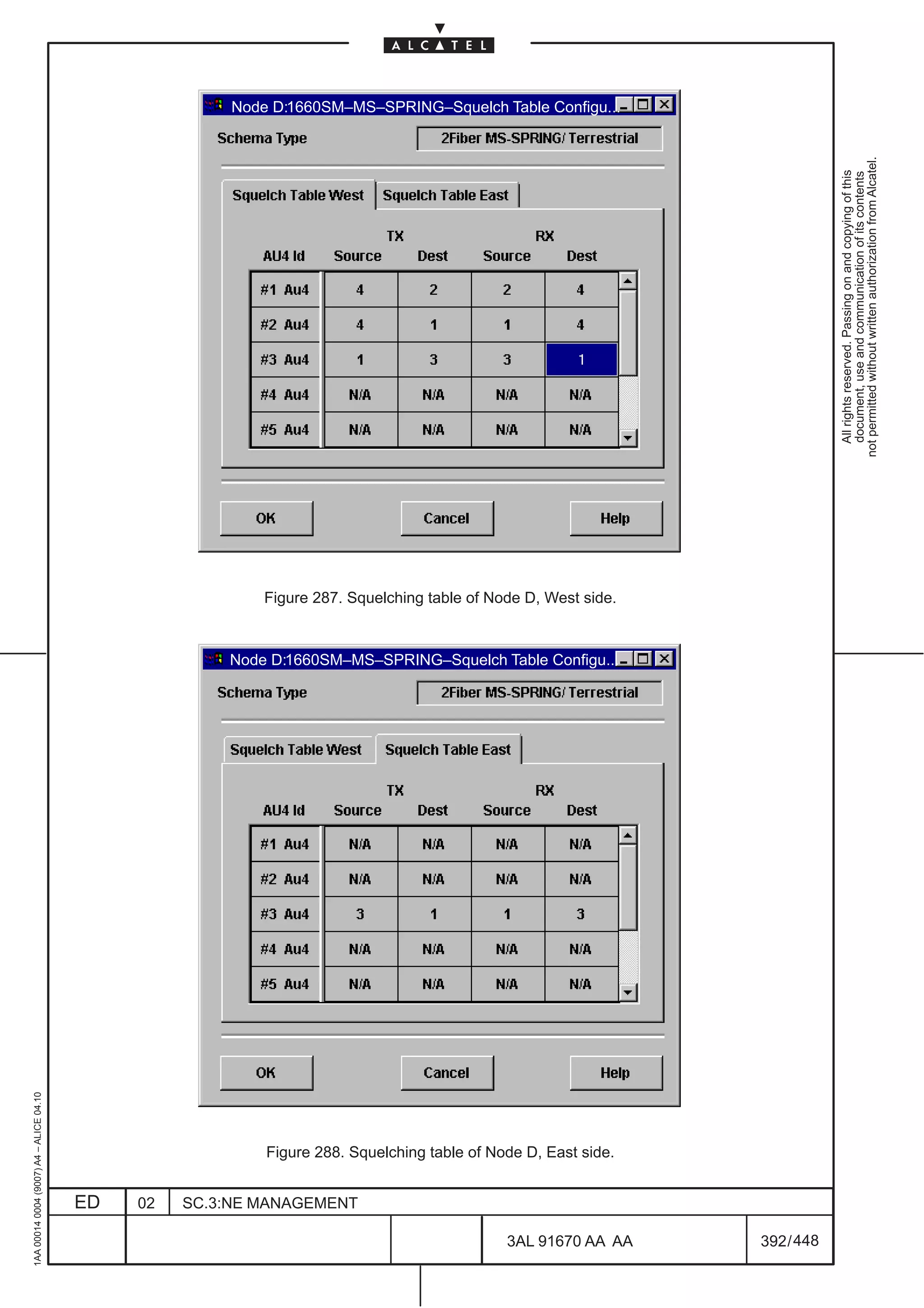 Node D:1660SM–MS–SPRING–Squelch Table Configu...




                                                                                                                             not permitted without written authorization from Alcatel.
                                                                                                                               All rights reserved. Passing on and copying of this
                                                                                                                               document, use and communication of its contents
                                                            Figure 287. Squelching table of Node D, West side.



                                                       Node D:1660SM–MS–SPRING–Squelch Table Configu...
1AA 00014 0004 (9007) A4 – ALICE 04.10




                                                            Figure 288. Squelching table of Node D, East side.


                                         ED   02   SC.3:NE MANAGEMENT

                                                                                              3AL 91670 AA AA    392 / 448


                                                                                                           448
 
