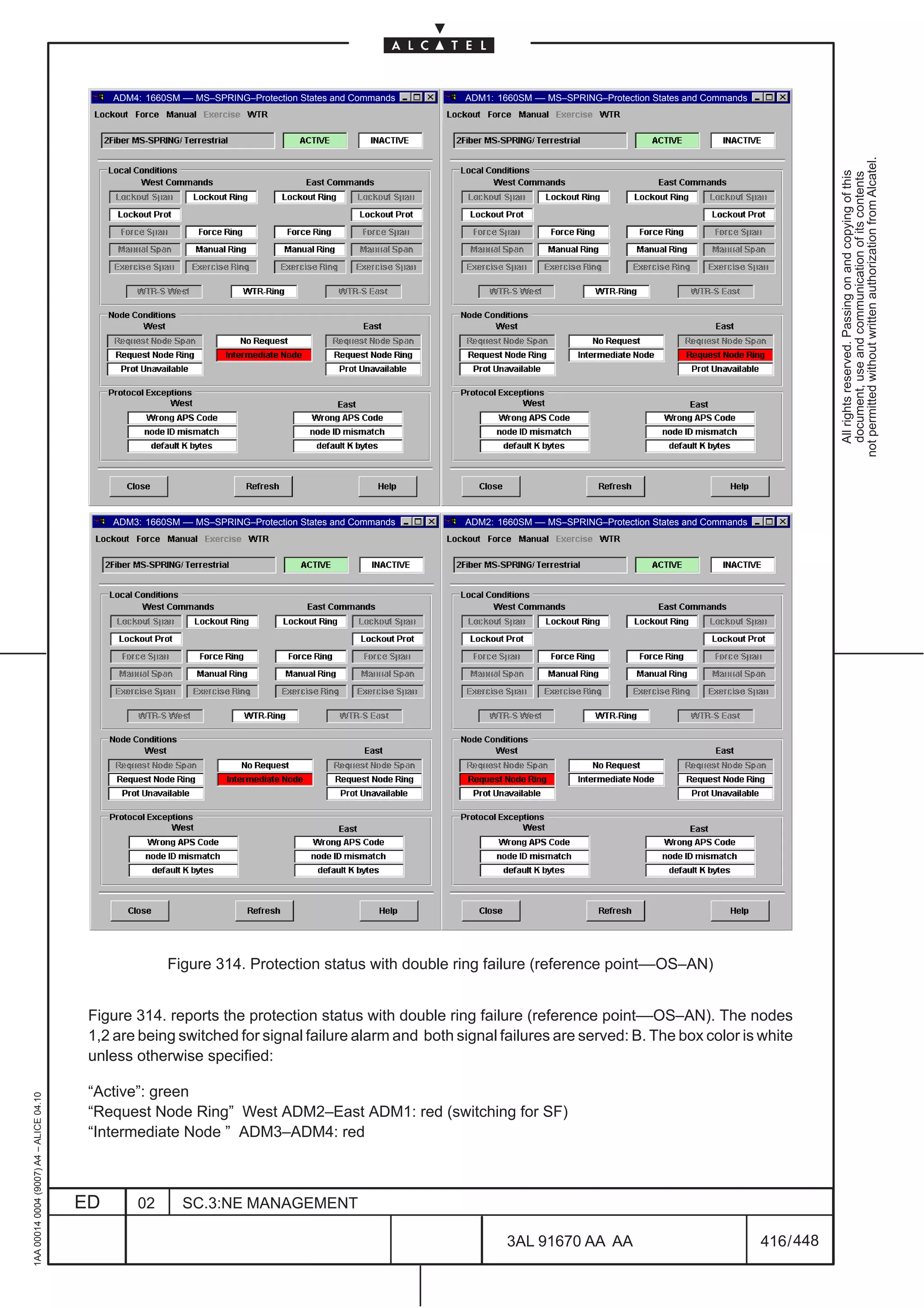 ADM4: 1660SM –– MS–SPRING–Protection States and Commands   ADM1: 1660SM –– MS–SPRING–Protection States and Commands




                                                                                                                                                                                not permitted without written authorization from Alcatel.
                                                                                                                                                                                  All rights reserved. Passing on and copying of this
                                                                                                                                                                                  document, use and communication of its contents
                                              ADM3: 1660SM –– MS–SPRING–Protection States and Commands   ADM2: 1660SM –– MS–SPRING–Protection States and Commands




                                                        Figure 314. Protection status with double ring failure (reference point––OS–AN)


                                          Figure 314. reports the protection status with double ring failure (reference point––OS–AN). The nodes
                                          1,2 are being switched for signal failure alarm and both signal failures are served: B. The box color is white
                                          unless otherwise specified:

                                          “Active”: green
1AA 00014 0004 (9007) A4 – ALICE 04.10




                                          “Request Node Ring” West ADM2–East ADM1: red (switching for SF)
                                          “Intermediate Node ” ADM3–ADM4: red



                                         ED       02       SC.3:NE MANAGEMENT

                                                                                                                 3AL 91670 AA AA                                    416 / 448


                                                                                                                                   448
 