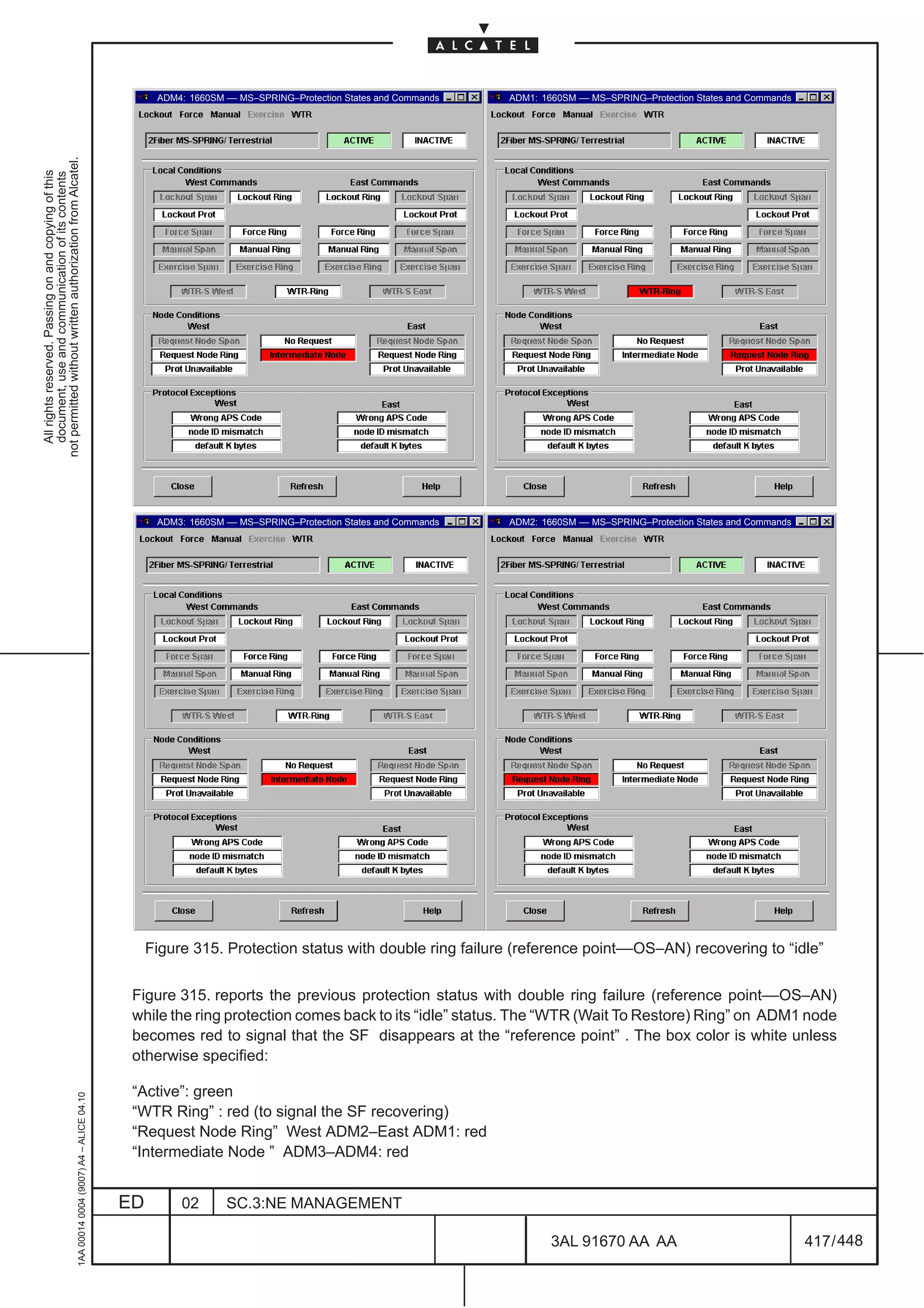 ADM4: 1660SM –– MS–SPRING–Protection States and Commands   ADM1: 1660SM –– MS–SPRING–Protection States and Commands
not permitted without written authorization from Alcatel.
  All rights reserved. Passing on and copying of this
  document, use and communication of its contents




                                                                                                    ADM3: 1660SM –– MS–SPRING–Protection States and Commands   ADM2: 1660SM –– MS–SPRING–Protection States and Commands




                                                                                                   Figure 315. Protection status with double ring failure (reference point––OS–AN) recovering to “idle”


                                                                                               Figure 315. reports the previous protection status with double ring failure (reference point––OS–AN)
                                                                                               while the ring protection comes back to its “idle” status. The “WTR (Wait To Restore) Ring” on ADM1 node
                                                                                               becomes red to signal that the SF disappears at the “reference point” . The box color is white unless
                                                                                               otherwise specified:

                                                                                               “Active”: green
                                                     1AA 00014 0004 (9007) A4 – ALICE 04.10




                                                                                               “WTR Ring” : red (to signal the SF recovering)
                                                                                               “Request Node Ring” West ADM2–East ADM1: red
                                                                                               “Intermediate Node ” ADM3–ADM4: red


                                                                                              ED        02       SC.3:NE MANAGEMENT

                                                                                                                                                                       3AL 91670 AA AA                                    417 / 448


                                                                                                                                                                                         448
 