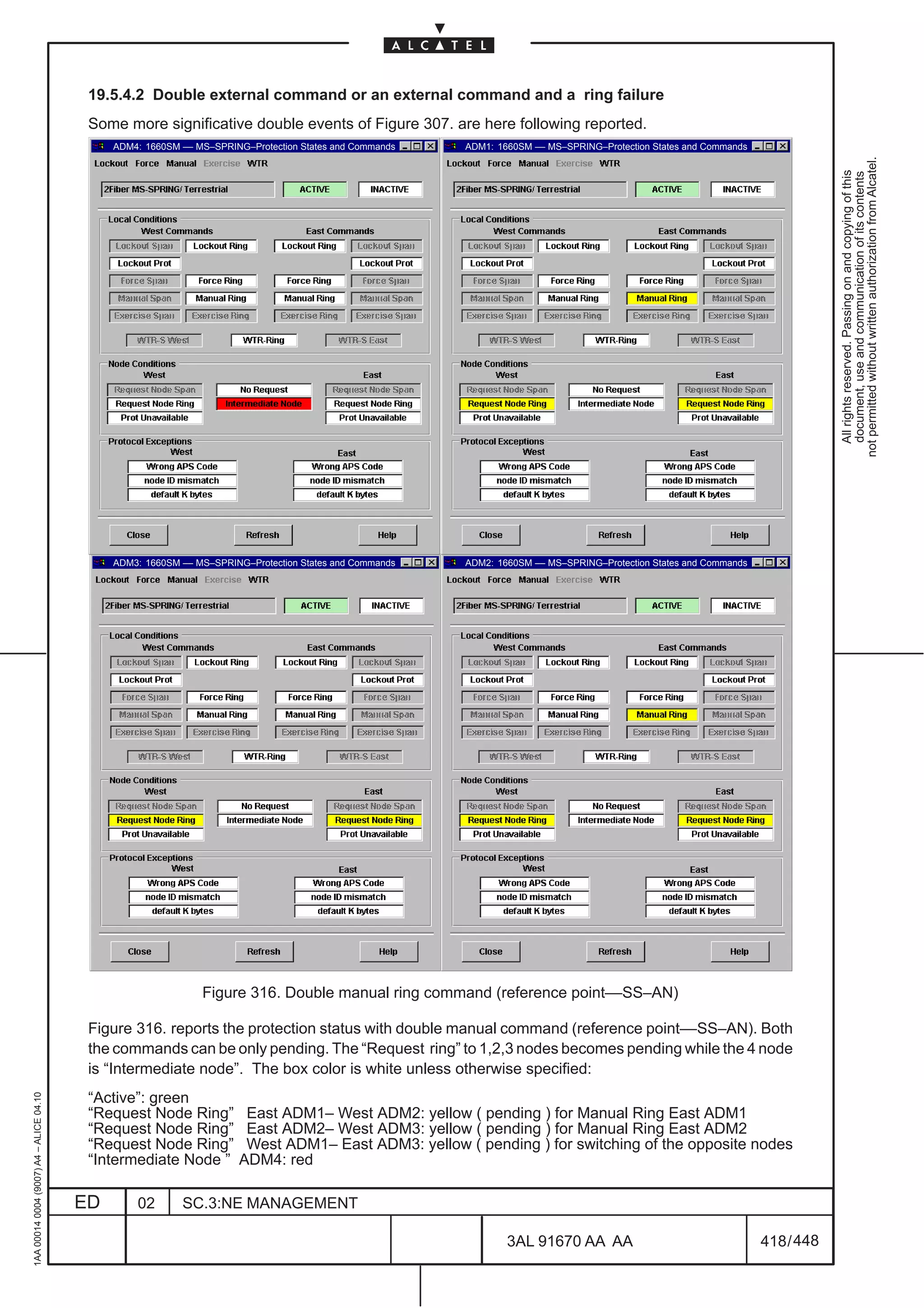 19.5.4.2 Double external command or an external command and a ring failure
                                          Some more significative double events of Figure 307. are here following reported.
                                              ADM4: 1660SM –– MS–SPRING–Protection States and Commands   ADM1: 1660SM –– MS–SPRING–Protection States and Commands




                                                                                                                                                                                not permitted without written authorization from Alcatel.
                                                                                                                                                                                  All rights reserved. Passing on and copying of this
                                                                                                                                                                                  document, use and communication of its contents
                                              ADM3: 1660SM –– MS–SPRING–Protection States and Commands   ADM2: 1660SM –– MS–SPRING–Protection States and Commands




                                                               Figure 316. Double manual ring command (reference point––SS–AN)

                                          Figure 316. reports the protection status with double manual command (reference point––SS–AN). Both
                                          the commands can be only pending. The “Request ring” to 1,2,3 nodes becomes pending while the 4 node
                                          is “Intermediate node”. The box color is white unless otherwise specified:
                                          “Active”: green
1AA 00014 0004 (9007) A4 – ALICE 04.10




                                          “Request Node Ring”          East ADM1– West ADM2: yellow ( pending ) for Manual Ring East ADM1
                                          “Request Node Ring”          East ADM2– West ADM3: yellow ( pending ) for Manual Ring East ADM2
                                          “Request Node Ring”          West ADM1– East ADM3: yellow ( pending ) for switching of the opposite nodes
                                          “Intermediate Node ”        ADM4: red

                                         ED       02       SC.3:NE MANAGEMENT

                                                                                                                 3AL 91670 AA AA                                    418 / 448


                                                                                                                                   448
 