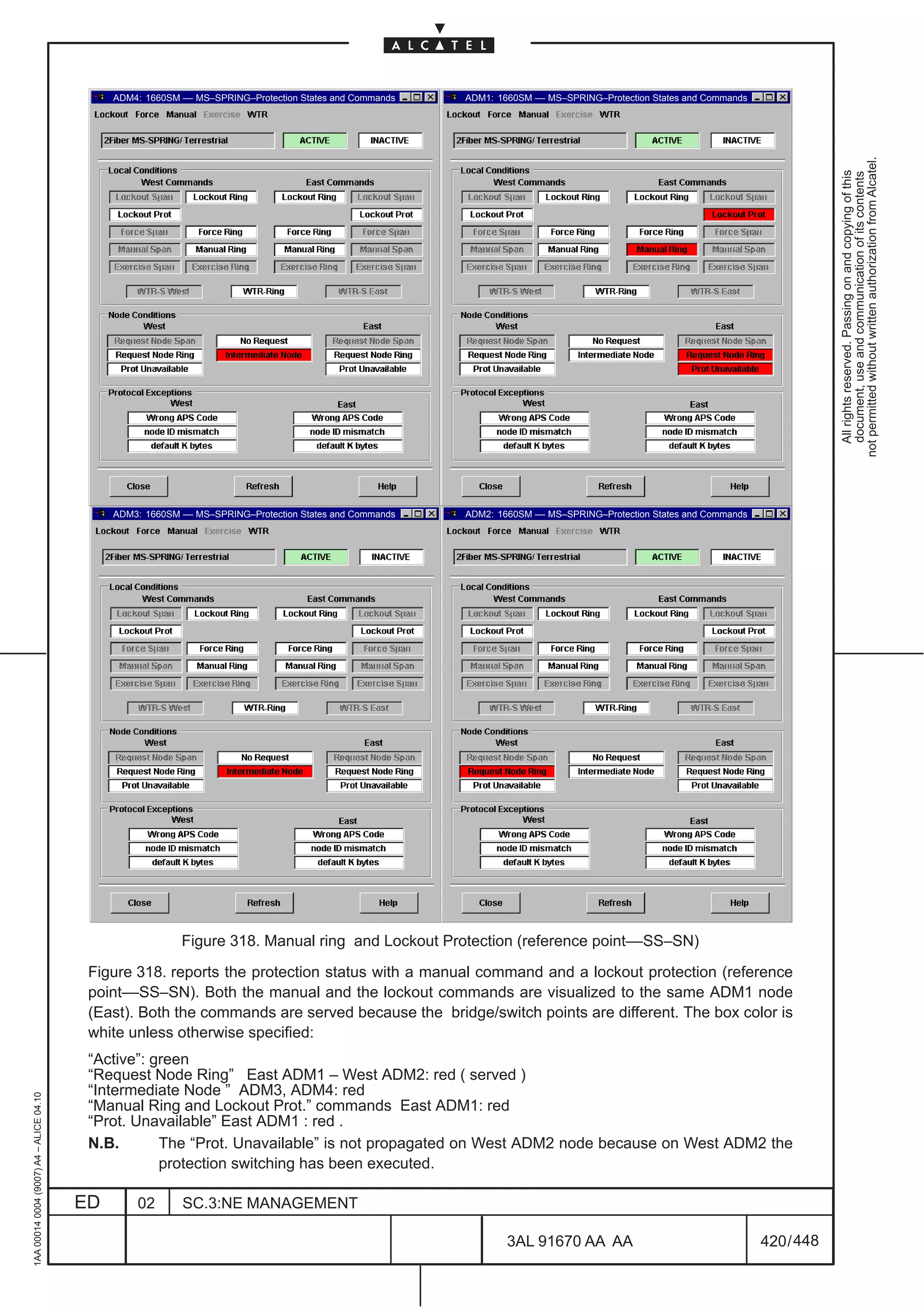 ADM4: 1660SM –– MS–SPRING–Protection States and Commands   ADM1: 1660SM –– MS–SPRING–Protection States and Commands




                                                                                                                                                                                not permitted without written authorization from Alcatel.
                                                                                                                                                                                  All rights reserved. Passing on and copying of this
                                                                                                                                                                                  document, use and communication of its contents
                                              ADM3: 1660SM –– MS–SPRING–Protection States and Commands   ADM2: 1660SM –– MS–SPRING–Protection States and Commands




                                                           Figure 318. Manual ring and Lockout Protection (reference point––SS–SN)

                                          Figure 318. reports the protection status with a manual command and a lockout protection (reference
                                          point––SS–SN). Both the manual and the lockout commands are visualized to the same ADM1 node
                                          (East). Both the commands are served because the bridge/switch points are different. The box color is
                                          white unless otherwise specified:
                                          “Active”: green
                                          “Request Node Ring” East ADM1 – West ADM2: red ( served )
                                          “Intermediate Node ” ADM3, ADM4: red
1AA 00014 0004 (9007) A4 – ALICE 04.10




                                          “Manual Ring and Lockout Prot.” commands East ADM1: red
                                          “Prot. Unavailable” East ADM1 : red .
                                          N.B.       The “Prot. Unavailable” is not propagated on West ADM2 node because on West ADM2 the
                                                     protection switching has been executed.

                                         ED       02       SC.3:NE MANAGEMENT

                                                                                                                 3AL 91670 AA AA                                    420 / 448


                                                                                                                                   448
 
