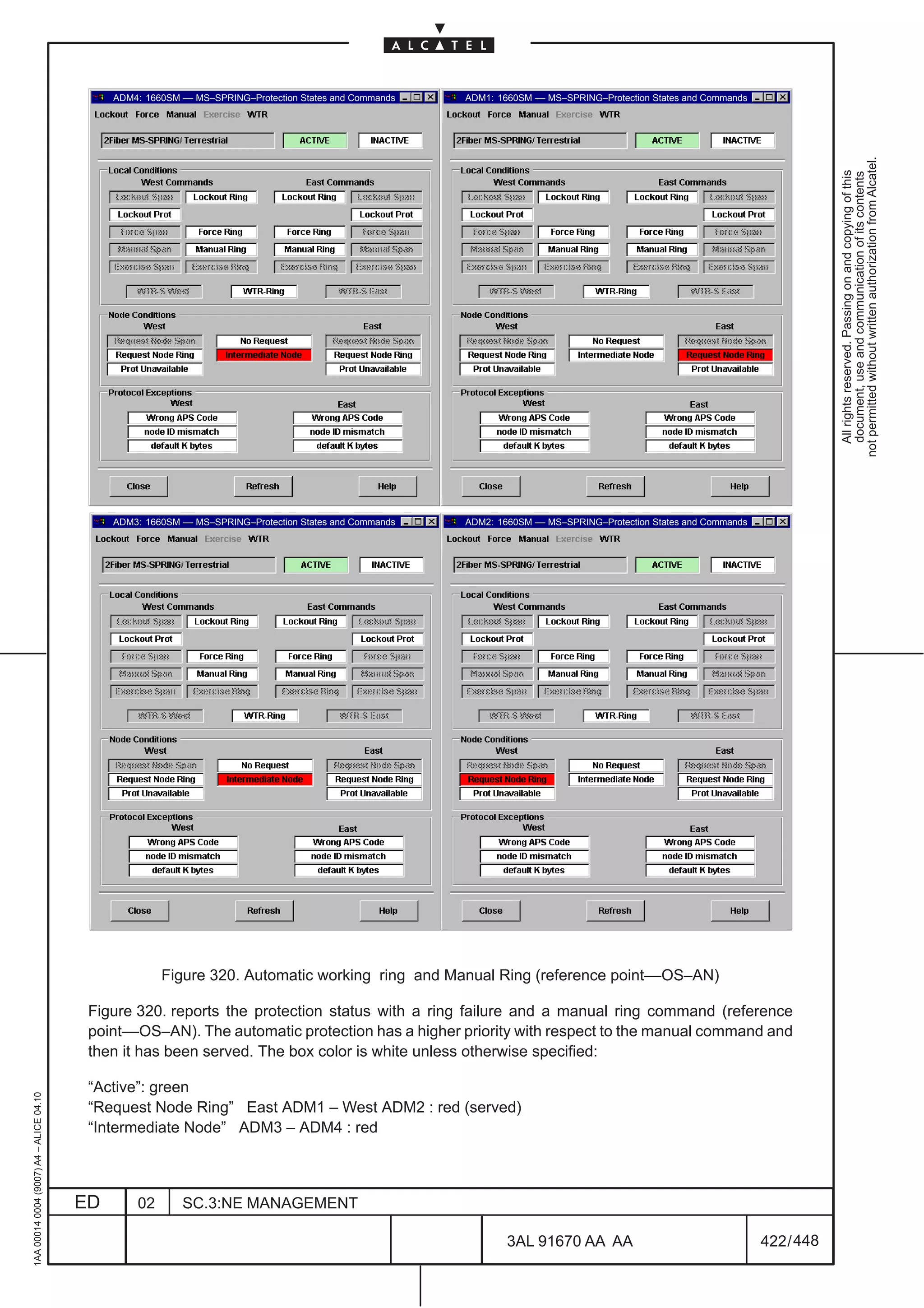 ADM4: 1660SM –– MS–SPRING–Protection States and Commands   ADM1: 1660SM –– MS–SPRING–Protection States and Commands




                                                                                                                                                                                not permitted without written authorization from Alcatel.
                                                                                                                                                                                  All rights reserved. Passing on and copying of this
                                                                                                                                                                                  document, use and communication of its contents
                                              ADM3: 1660SM –– MS–SPRING–Protection States and Commands   ADM2: 1660SM –– MS–SPRING–Protection States and Commands




                                                       Figure 320. Automatic working ring and Manual Ring (reference point––OS–AN)

                                          Figure 320. reports the protection status with a ring failure and a manual ring command (reference
                                          point––OS–AN). The automatic protection has a higher priority with respect to the manual command and
                                          then it has been served. The box color is white unless otherwise specified:

                                          “Active”: green
1AA 00014 0004 (9007) A4 – ALICE 04.10




                                          “Request Node Ring” East ADM1 – West ADM2 : red (served)
                                          “Intermediate Node” ADM3 – ADM4 : red



                                         ED       02       SC.3:NE MANAGEMENT

                                                                                                                 3AL 91670 AA AA                                    422 / 448


                                                                                                                                   448
 