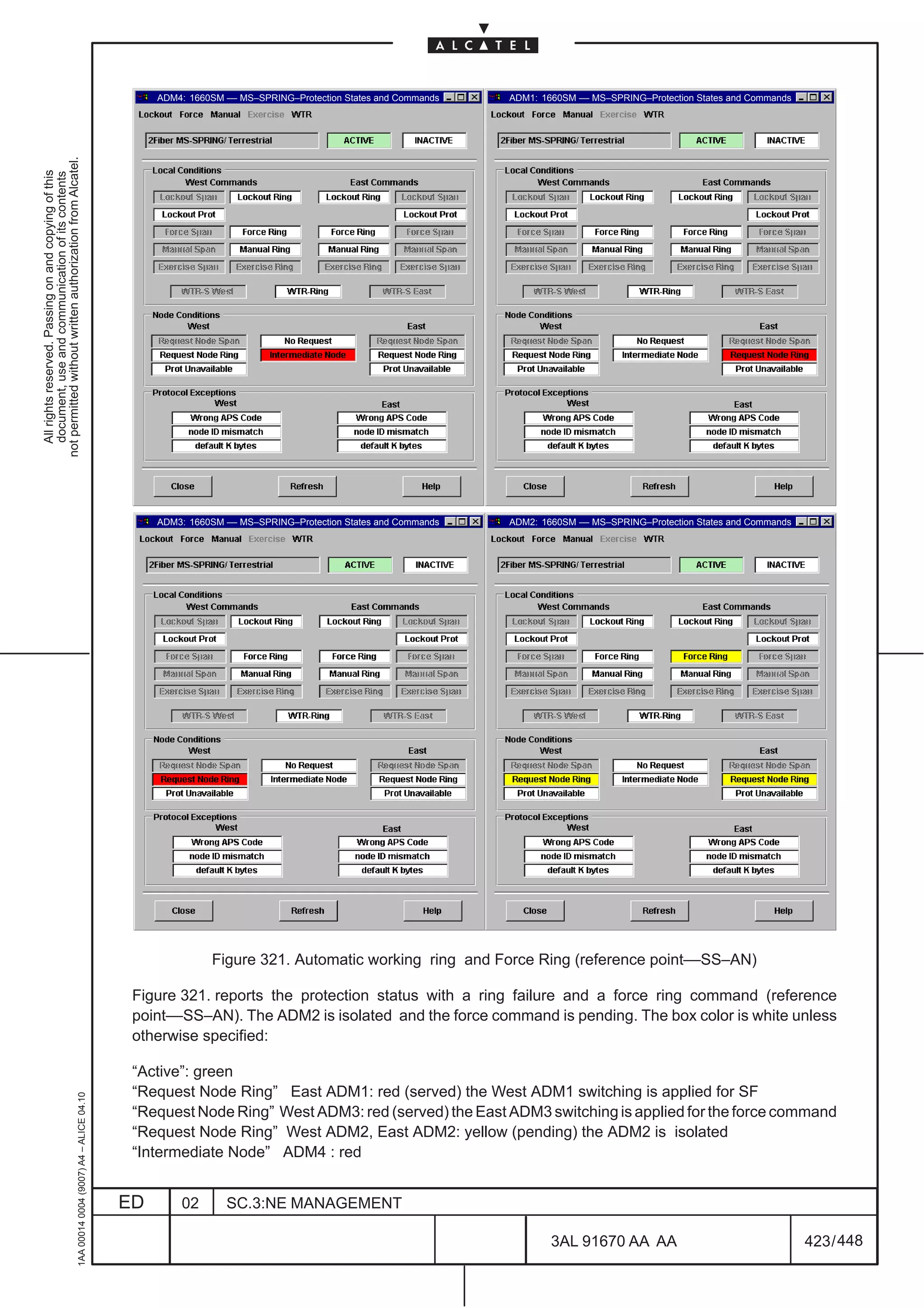 ADM4: 1660SM –– MS–SPRING–Protection States and Commands   ADM1: 1660SM –– MS–SPRING–Protection States and Commands
not permitted without written authorization from Alcatel.
  All rights reserved. Passing on and copying of this
  document, use and communication of its contents




                                                                                                   ADM3: 1660SM –– MS–SPRING–Protection States and Commands   ADM2: 1660SM –– MS–SPRING–Protection States and Commands




                                                                                                             Figure 321. Automatic working ring and Force Ring (reference point––SS–AN)

                                                                                               Figure 321. reports the protection status with a ring failure and a force ring command (reference
                                                                                               point––SS–AN). The ADM2 is isolated and the force command is pending. The box color is white unless
                                                                                               otherwise specified:

                                                                                               “Active”: green
                                                                                               “Request Node Ring” East ADM1: red (served) the West ADM1 switching is applied for SF
                                                     1AA 00014 0004 (9007) A4 – ALICE 04.10




                                                                                               “Request Node Ring” West ADM3: red (served) the East ADM3 switching is applied for the force command
                                                                                               “Request Node Ring” West ADM2, East ADM2: yellow (pending) the ADM2 is isolated
                                                                                               “Intermediate Node” ADM4 : red


                                                                                              ED       02       SC.3:NE MANAGEMENT

                                                                                                                                                                      3AL 91670 AA AA                                    423 / 448


                                                                                                                                                                                        448
 