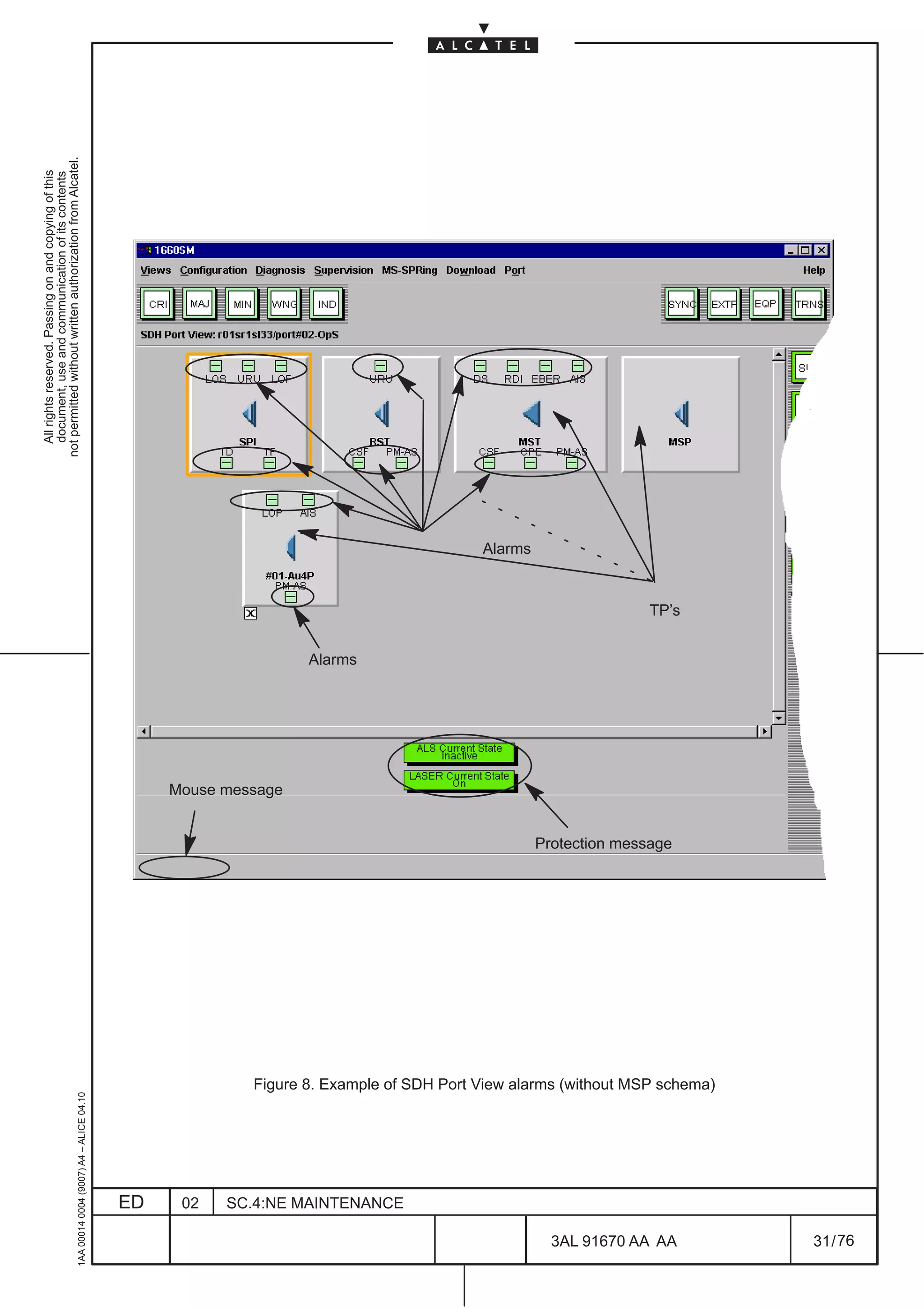All rights reserved. Passing on and copying of this
                                                                                                                                                                                 document, use and communication of its contents
                                                                                                                                                                               not permitted without written authorization from Alcatel.
     1AA 00014 0004 (9007) A4 – ALICE 04.10




                          ED
                          02
                                                                                                                                      Mouse message
                                                                                                                                                      Alarms




                          SC.4:NE MAINTENANCE
                                                                                                                                                                      Alarms




76
                                                                                                                 Protection message




        3AL 91670 AA AA
                                                                                                                                                               TP’s




                                                Figure 8. Example of SDH Port View alarms (without MSP schema)




        31 / 76
 