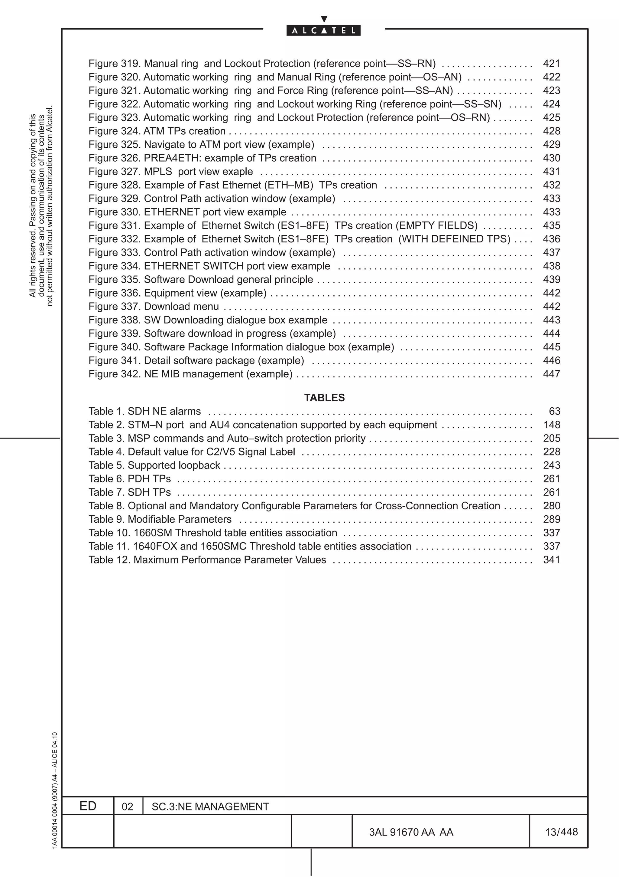 Figure 319. Manual ring and Lockout Protection (reference point––SS–RN) . . . . . . . . . . . . . . . . . .                                                  421
                                                                                               Figure 320. Automatic working ring and Manual Ring (reference point––OS–AN) . . . . . . . . . . . . .                                                        422
                                                                                               Figure 321. Automatic working ring and Force Ring (reference point––SS–AN) . . . . . . . . . . . . . . .                                                     423
                                                                                               Figure 322. Automatic working ring and Lockout working Ring (reference point––SS–SN) . . . . .                                                               424
not permitted without written authorization from Alcatel.




                                                                                               Figure 323. Automatic working ring and Lockout Protection (reference point––OS–RN) . . . . . . . .                                                           425
  All rights reserved. Passing on and copying of this
  document, use and communication of its contents




                                                                                               Figure 324. ATM TPs creation . . . . . . . . . . . . . . . . . . . . . . . . . . . . . . . . . . . . . . . . . . . . . . . . . . . . . . . . . . .           428
                                                                                               Figure 325. Navigate to ATM port view (example) . . . . . . . . . . . . . . . . . . . . . . . . . . . . . . . . . . . . . . . . .                            429
                                                                                               Figure 326. PREA4ETH: example of TPs creation . . . . . . . . . . . . . . . . . . . . . . . . . . . . . . . . . . . . . . . . .                              430
                                                                                               Figure 327. MPLS port view exaple . . . . . . . . . . . . . . . . . . . . . . . . . . . . . . . . . . . . . . . . . . . . . . . . . . . . .                  431
                                                                                               Figure 328. Example of Fast Ethernet (ETH–MB) TPs creation . . . . . . . . . . . . . . . . . . . . . . . . . . . . .                                         432
                                                                                               Figure 329. Control Path activation window (example) . . . . . . . . . . . . . . . . . . . . . . . . . . . . . . . . . . . . .                               433
                                                                                               Figure 330. ETHERNET port view example . . . . . . . . . . . . . . . . . . . . . . . . . . . . . . . . . . . . . . . . . . . . . . .                         433
                                                                                               Figure 331. Example of Ethernet Switch (ES1–8FE) TPs creation (EMPTY FIELDS) . . . . . . . . . .                                                             435
                                                                                               Figure 332. Example of Ethernet Switch (ES1–8FE) TPs creation (WITH DEFEINED TPS) . . . .                                                                    436
                                                                                               Figure 333. Control Path activation window (example) . . . . . . . . . . . . . . . . . . . . . . . . . . . . . . . . . . . . .                               437
                                                                                               Figure 334. ETHERNET SWITCH port view example . . . . . . . . . . . . . . . . . . . . . . . . . . . . . . . . . . . . . .                                    438
                                                                                               Figure 335. Software Download general principle . . . . . . . . . . . . . . . . . . . . . . . . . . . . . . . . . . . . . . . . . .                          439
                                                                                               Figure 336. Equipment view (example) . . . . . . . . . . . . . . . . . . . . . . . . . . . . . . . . . . . . . . . . . . . . . . . . . . .                   442
                                                                                               Figure 337. Download menu . . . . . . . . . . . . . . . . . . . . . . . . . . . . . . . . . . . . . . . . . . . . . . . . . . . . . . . . . . . .            442
                                                                                               Figure 338. SW Downloading dialogue box example . . . . . . . . . . . . . . . . . . . . . . . . . . . . . . . . . . . . . . .                                443
                                                                                               Figure 339. Software download in progress (example) . . . . . . . . . . . . . . . . . . . . . . . . . . . . . . . . . . . . .                                444
                                                                                               Figure 340. Software Package Information dialogue box (example) . . . . . . . . . . . . . . . . . . . . . . . . . .                                          445
                                                                                               Figure 341. Detail software package (example) . . . . . . . . . . . . . . . . . . . . . . . . . . . . . . . . . . . . . . . . . . .                          446
                                                                                               Figure 342. NE MIB management (example) . . . . . . . . . . . . . . . . . . . . . . . . . . . . . . . . . . . . . . . . . . . . . .                          447

                                                                                                                                                                 TABLES
                                                                                               Table 1. SDH NE alarms . . . . . . . . . . . . . . . . . . . . . . . . . . . . . . . . . . . . . . . . . . . . . . . . . . . . . . . . . . . . . . .          63
                                                                                               Table 2. STM–N port and AU4 concatenation supported by each equipment . . . . . . . . . . . . . . . . . .                                                    148
                                                                                               Table 3. MSP commands and Auto–switch protection priority . . . . . . . . . . . . . . . . . . . . . . . . . . . . . . . .                                    205
                                                                                               Table 4. Default value for C2/V5 Signal Label . . . . . . . . . . . . . . . . . . . . . . . . . . . . . . . . . . . . . . . . . . . . .                      228
                                                                                               Table 5. Supported loopback . . . . . . . . . . . . . . . . . . . . . . . . . . . . . . . . . . . . . . . . . . . . . . . . . . . . . . . . . . . .          243
                                                                                               Table 6. PDH TPs . . . . . . . . . . . . . . . . . . . . . . . . . . . . . . . . . . . . . . . . . . . . . . . . . . . . . . . . . . . . . . . . . . . . .   261
                                                                                               Table 7. SDH TPs . . . . . . . . . . . . . . . . . . . . . . . . . . . . . . . . . . . . . . . . . . . . . . . . . . . . . . . . . . . . . . . . . . . . .   261
                                                                                               Table 8. Optional and Mandatory Configurable Parameters for Cross-Connection Creation . . . . . .                                                            280
                                                                                               Table 9. Modifiable Parameters . . . . . . . . . . . . . . . . . . . . . . . . . . . . . . . . . . . . . . . . . . . . . . . . . . . . . . . . .             289
                                                                                               Table 10. 1660SM Threshold table entities association . . . . . . . . . . . . . . . . . . . . . . . . . . . . . . . . . . . . .                              337
                                                                                               Table 11. 1640FOX and 1650SMC Threshold table entities association . . . . . . . . . . . . . . . . . . . . . . .                                             337
                                                                                               Table 12. Maximum Performance Parameter Values . . . . . . . . . . . . . . . . . . . . . . . . . . . . . . . . . . . . . . .                                 341
                                                     1AA 00014 0004 (9007) A4 – ALICE 04.10




                                                                                              ED          02        SC.3:NE MANAGEMENT

                                                                                                                                                                                                3AL 91670 AA AA                                             13 / 448


                                                                                                                                                                                                                     448
 