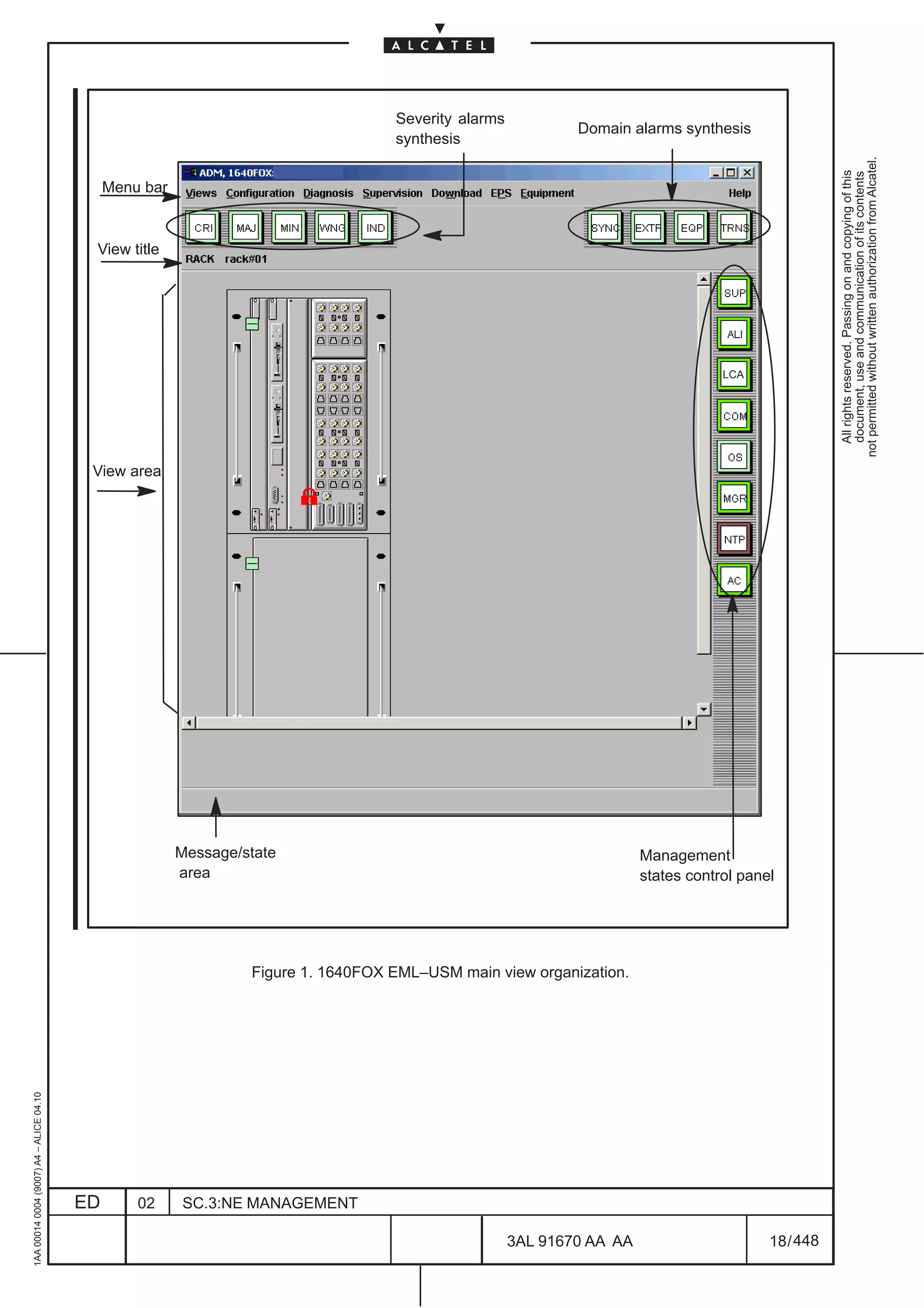 Severity alarms
                                                                                                              Domain alarms synthesis
                                                                                    synthesis




                                                                                                                                                      not permitted without written authorization from Alcatel.
                                                                                                                                                        All rights reserved. Passing on and copying of this
                                                                                                                                                        document, use and communication of its contents
                                              Menu bar


                                          View title




                                                                                                                                    LCA




                                          View area




                                                         Message/state                                                  Management
                                                         area                                                           states control panel




                                                                  Figure 1. 1640FOX EML–USM main view organization.
1AA 00014 0004 (9007) A4 – ALICE 04.10




                                         ED       02     SC.3:NE MANAGEMENT

                                                                                                      3AL 91670 AA AA                      18 / 448


                                                                                                                448
 