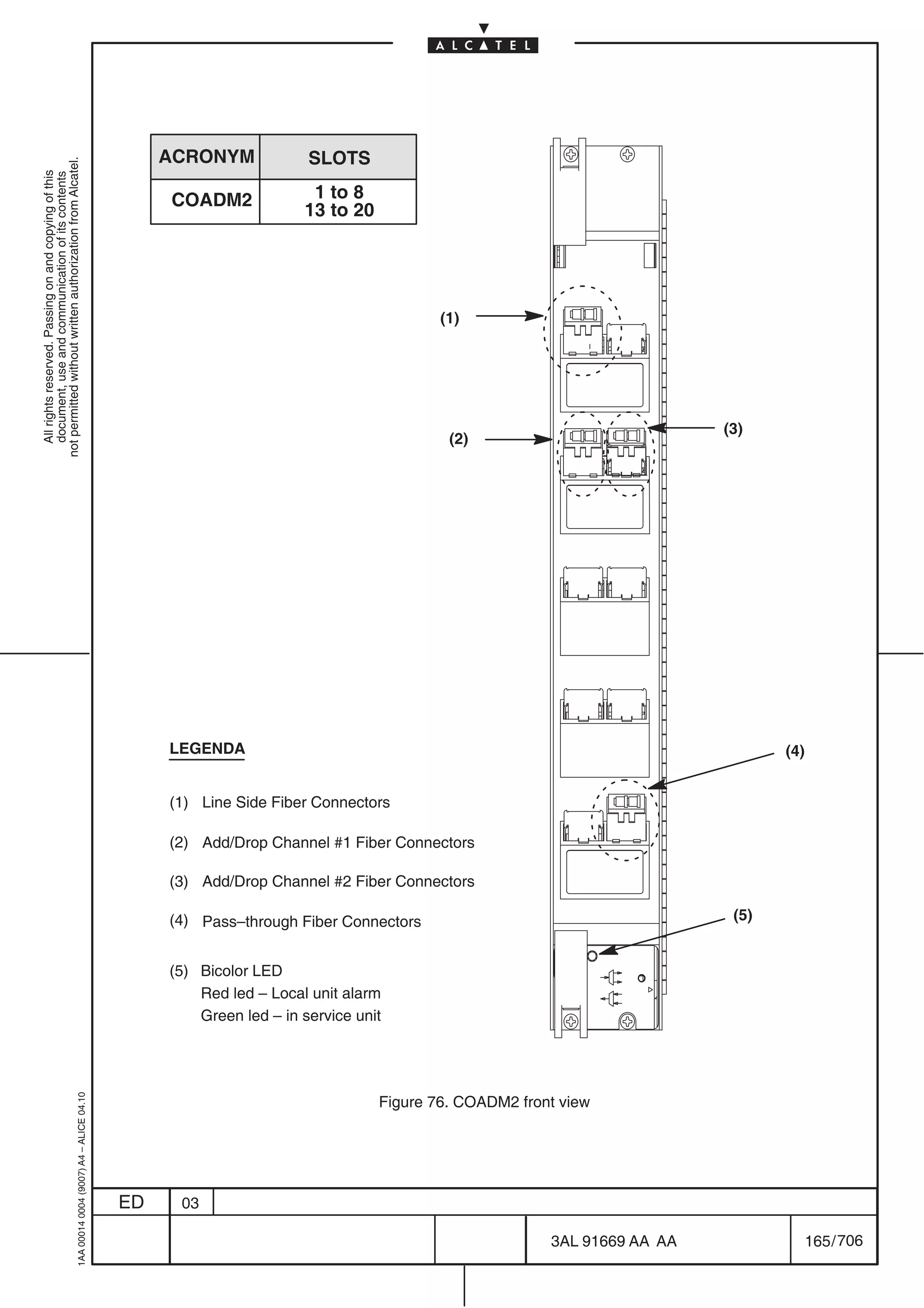 ACRONYM             SLOTS
not permitted without written authorization from Alcatel.
  All rights reserved. Passing on and copying of this
  document, use and communication of its contents




                                                                                                COADM2              1 to 8
                                                                                                                   13 to 20




                                                                                                                                      (1)




                                                                                                                                                                      (3)
                                                                                                                                       (2)




                                                                                                LEGENDA                                                                      (4)


                                                                                                (1) Line Side Fiber Connectors

                                                                                                (2) Add/Drop Channel #1 Fiber Connectors

                                                                                                (3) Add/Drop Channel #2 Fiber Connectors

                                                                                                (4) Pass–through Fiber Connectors                                      (5)


                                                                                                (5) Bicolor LED
                                                                                                    Red led – Local unit alarm
                                                                                                    Green led – in service unit
                                                  1AA 00014 0004 (9007) A4 – ALICE 04.10




                                                                                                                              Figure 76. COADM2 front view




                                                                                           ED    03

                                                                                                                                                    3AL 91669 AA AA                165 / 706


                                                                                                                                                              706
 