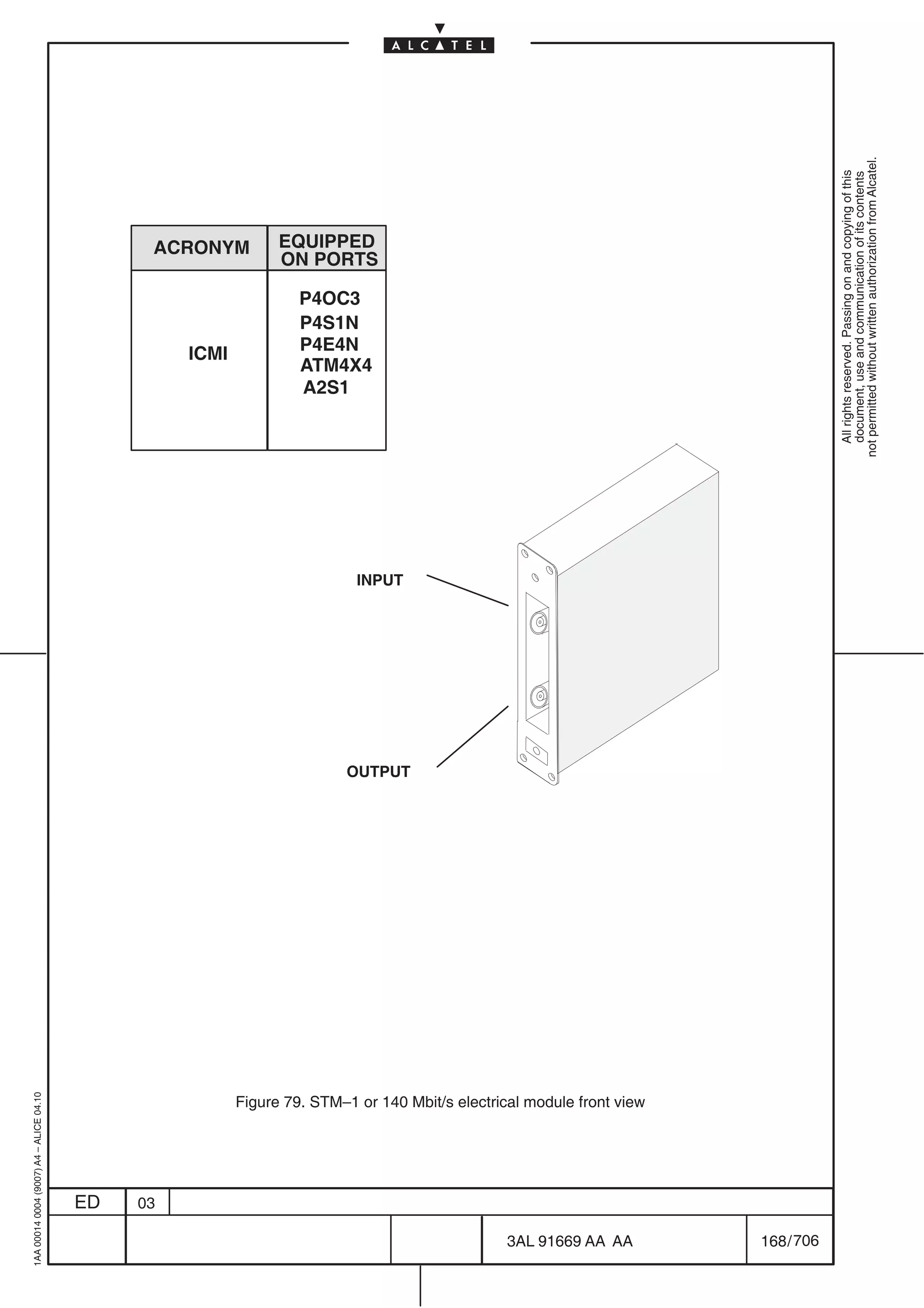 1AA 00014 0004 (9007) A4 – ALICE 04.10




                           ED
                           03
                                                                                                                                       ICMI
                                                                                                                                                           ACRONYM




                                                                                                                                 A2S1
                                                                                                                                 P4E4N
                                                                                                                                 P4S1N
                                                                                                                                 P4OC3


                                                                                                                                 ATM4X4
                                                                                                                                                         EQUIPPED
                                                                                                                                                         ON PORTS




                                                                                                              INPUT




                                                                                                     OUTPUT




706
         3AL 91669 AA AA
                                       Figure 79. STM–1 or 140 Mbit/s electrical module front view




         168 / 706
                                                                                                                        All rights reserved. Passing on and copying of this
                                                                                                                        document, use and communication of its contents
                                                                                                                      not permitted without written authorization from Alcatel.
 
