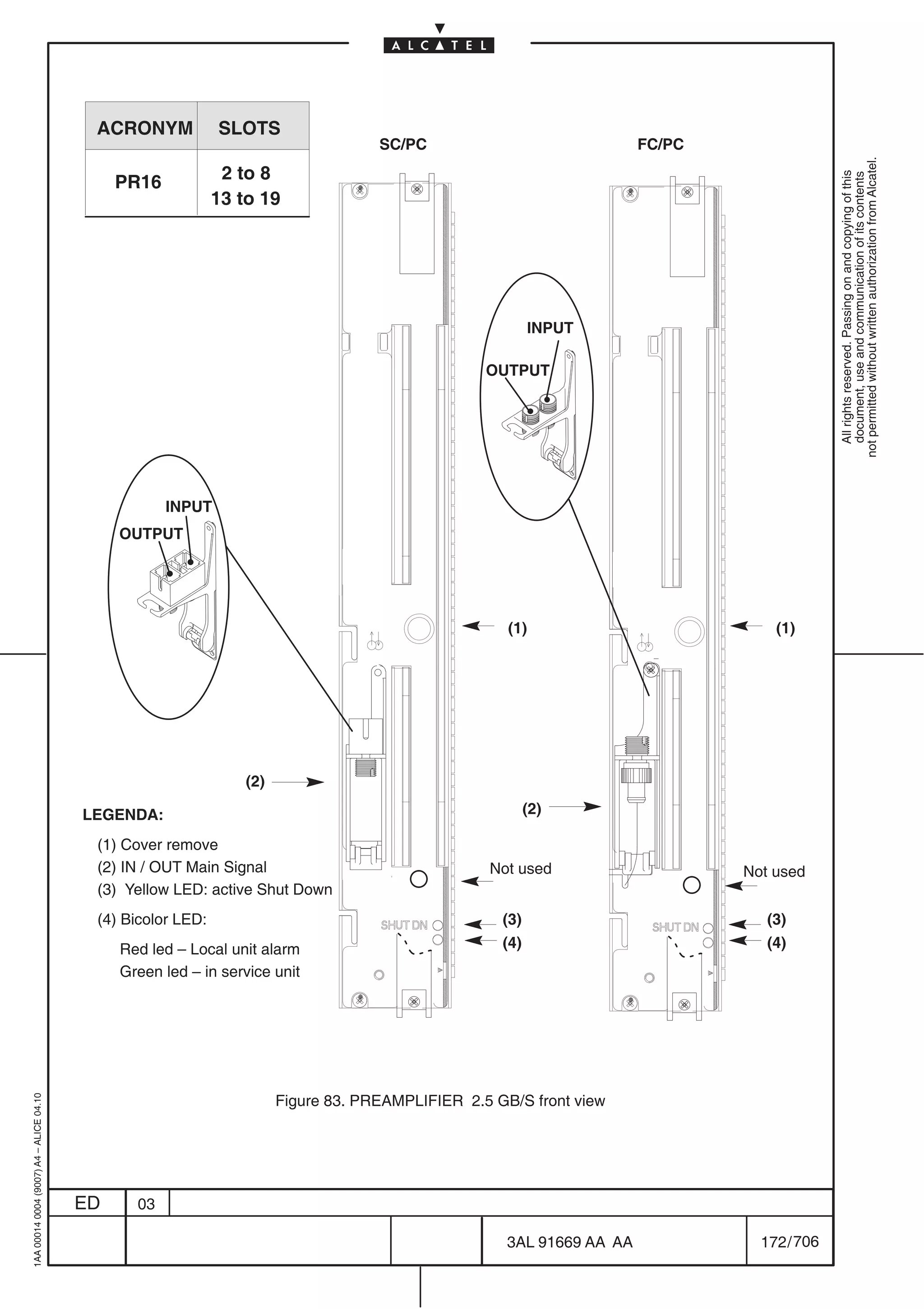 ACRONYM            SLOTS
                                                                                    SC/PC                               FC/PC




                                                                                                                                              not permitted without written authorization from Alcatel.
                                                              2 to 8




                                                                                                                                                All rights reserved. Passing on and copying of this
                                              PR16




                                                                                                                                                document, use and communication of its contents
                                                             13 to 19




                                                                                                          INPUT

                                                                                                  OUTPUT




                                                     INPUT
                                              OUTPUT




                                                                                                     (1)                            (1)




                                                                 (2)

                                         LEGENDA:                                                         (2)

                                          (1) Cover remove
                                          (2) IN / OUT Main Signal                                Not used                      Not used
                                          (3) Yellow LED: active Shut Down
                                          (4) Bicolor LED:                                          (3)                            (3)
                                              Red led – Local unit alarm                            (4)                            (4)
                                              Green led – in service unit




                                                                       Figure 83. PREAMPLIFIER 2.5 GB/S front view
1AA 00014 0004 (9007) A4 – ALICE 04.10




                                         ED     03

                                                                                                     3AL 91669 AA AA              172 / 706


                                                                                                                  706
 