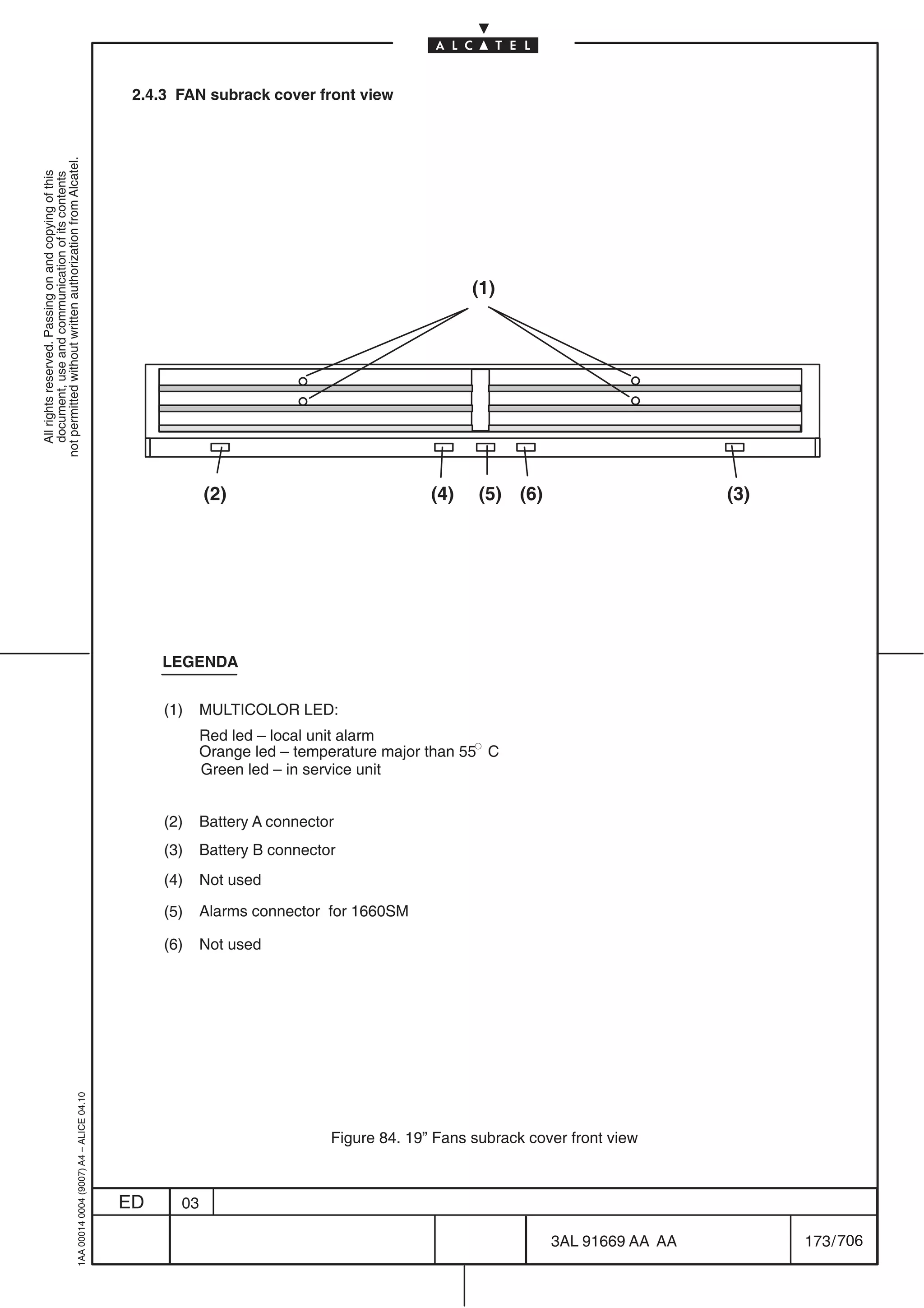 2.4.3 FAN subrack cover front view
not permitted without written authorization from Alcatel.
  All rights reserved. Passing on and copying of this
  document, use and communication of its contents




                                                                                                                                             (1)




                                                                                                       (2)                             (4)    (5) (6)                         (3)




                                                                                                LEGENDA


                                                                                                (1)    MULTICOLOR LED:
                                                                                                       Red led – local unit alarm
                                                                                                       Orange led – temperature major than 55 C
                                                                                                       Green led – in service unit


                                                                                                (2)    Battery A connector
                                                                                                (3)    Battery B connector
                                                                                                (4)    Not used

                                                                                                (5)    Alarms connector for 1660SM

                                                                                                (6)    Not used
                                                  1AA 00014 0004 (9007) A4 – ALICE 04.10




                                                                                                                         Figure 84. 19” Fans subrack cover front view



                                                                                           ED     03

                                                                                                                                                        3AL 91669 AA AA             173 / 706


                                                                                                                                                                        706
 