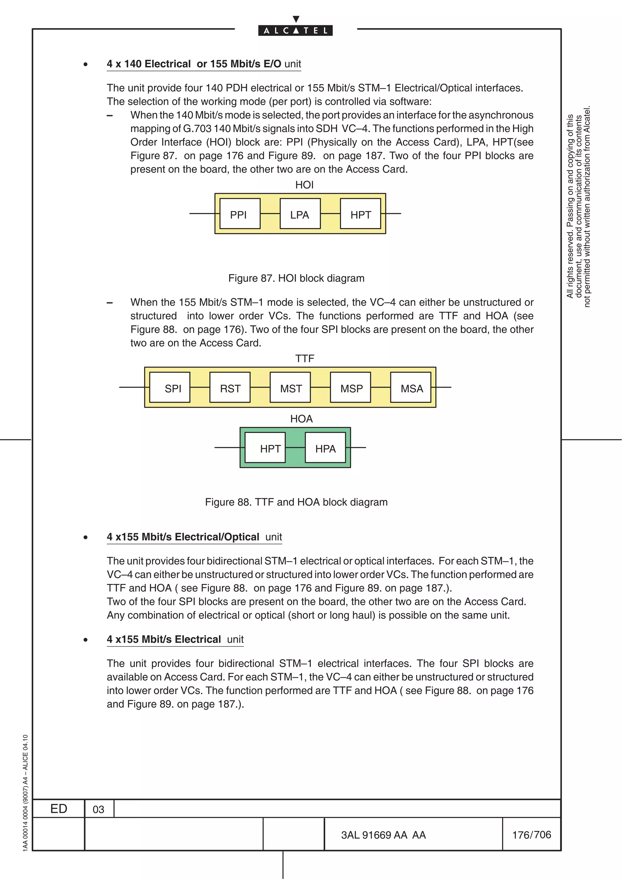 •        4 x 140 Electrical or 155 Mbit/s E/O unit

                                                       The unit provide four 140 PDH electrical or 155 Mbit/s STM–1 Electrical/Optical interfaces.
                                                       The selection of the working mode (per port) is controlled via software:




                                                                                                                                                              not permitted without written authorization from Alcatel.
                                                       –    When the 140 Mbit/s mode is selected, the port provides an interface for the asynchronous




                                                                                                                                                                All rights reserved. Passing on and copying of this
                                                                                                                                                                document, use and communication of its contents
                                                            mapping of G.703 140 Mbit/s signals into SDH VC–4. The functions performed in the High
                                                            Order Interface (HOI) block are: PPI (Physically on the Access Card), LPA, HPT(see
                                                            Figure 87. on page 176 and Figure 89. on page 187. Two of the four PPI blocks are
                                                            present on the board, the other two are on the Access Card.
                                                                                                 HOI

                                                                                  PPI           LPA           HPT




                                                                                  Figure 87. HOI block diagram

                                                       –    When the 155 Mbit/s STM–1 mode is selected, the VC–4 can either be unstructured or
                                                            structured into lower order VCs. The functions performed are TTF and HOA (see
                                                            Figure 88. on page 176). Two of the four SPI blocks are present on the board, the other
                                                            two are on the Access Card.
                                                                                                 TTF

                                                                    SPI         RST          MST             MSP         MSA

                                                                                                HOA

                                                                                         HPT           HPA




                                                                             Figure 88. TTF and HOA block diagram


                                              •        4 x155 Mbit/s Electrical/Optical unit

                                                       The unit provides four bidirectional STM–1 electrical or optical interfaces. For each STM–1, the
                                                       VC–4 can either be unstructured or structured into lower order VCs. The function performed are
                                                       TTF and HOA ( see Figure 88. on page 176 and Figure 89. on page 187.).
                                                       Two of the four SPI blocks are present on the board, the other two are on the Access Card.
                                                       Any combination of electrical or optical (short or long haul) is possible on the same unit.

                                              •        4 x155 Mbit/s Electrical unit

                                                       The unit provides four bidirectional STM–1 electrical interfaces. The four SPI blocks are
                                                       available on Access Card. For each STM–1, the VC–4 can either be unstructured or structured
                                                       into lower order VCs. The function performed are TTF and HOA ( see Figure 88. on page 176
                                                       and Figure 89. on page 187.).
1AA 00014 0004 (9007) A4 – ALICE 04.10




                                         ED       03

                                                                                                             3AL 91669 AA AA                      176 / 706


                                                                                                                         706
 