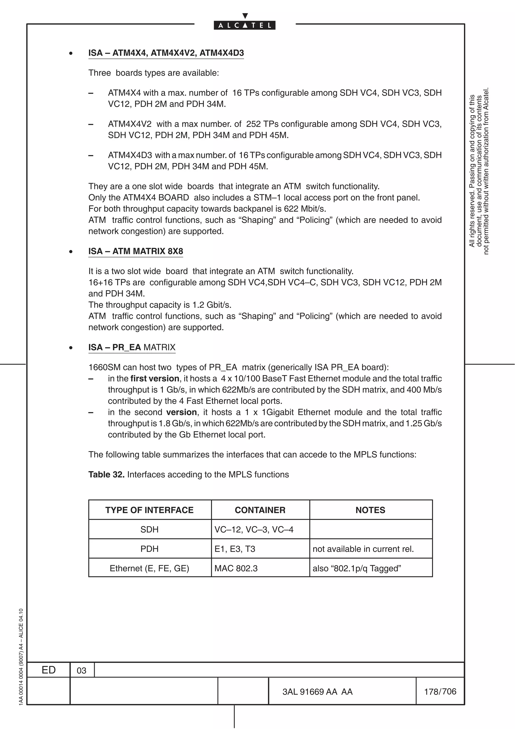 •        ISA – ATM4X4, ATM4X4V2, ATM4X4D3

                                                       Three boards types are available:




                                                                                                                                                               not permitted without written authorization from Alcatel.
                                                       –    ATM4X4 with a max. number of 16 TPs configurable among SDH VC4, SDH VC3, SDH




                                                                                                                                                                 All rights reserved. Passing on and copying of this
                                                                                                                                                                 document, use and communication of its contents
                                                            VC12, PDH 2M and PDH 34M.

                                                       –    ATM4X4V2 with a max number. of 252 TPs configurable among SDH VC4, SDH VC3,
                                                            SDH VC12, PDH 2M, PDH 34M and PDH 45M.

                                                       –    ATM4X4D3 with a max number. of 16 TPs configurable among SDH VC4, SDH VC3, SDH
                                                            VC12, PDH 2M, PDH 34M and PDH 45M.

                                                       They are a one slot wide boards that integrate an ATM switch functionality.
                                                       Only the ATM4X4 BOARD also includes a STM–1 local access port on the front panel.
                                                       For both throughput capacity towards backpanel is 622 Mbit/s.
                                                       ATM traffic control functions, such as “Shaping” and “Policing” (which are needed to avoid
                                                       network congestion) are supported.

                                              •        ISA – ATM MATRIX 8X8

                                                       It is a two slot wide board that integrate an ATM switch functionality.
                                                       16+16 TPs are configurable among SDH VC4,SDH VC4–C, SDH VC3, SDH VC12, PDH 2M
                                                       and PDH 34M.
                                                       The throughput capacity is 1.2 Gbit/s.
                                                       ATM traffic control functions, such as “Shaping” and “Policing” (which are needed to avoid
                                                       network congestion) are supported.

                                              •        ISA – PR_EA MATRIX

                                                       1660SM can host two types of PR_EA matrix (generically ISA PR_EA board):
                                                       –   in the first version, it hosts a 4 x 10/100 BaseT Fast Ethernet module and the total traffic
                                                           throughput is 1 Gb/s, in which 622Mb/s are contributed by the SDH matrix, and 400 Mb/s
                                                           contributed by the 4 Fast Ethernet local ports.
                                                       –   in the second version, it hosts a 1 x 1Gigabit Ethernet module and the total traffic
                                                           throughput is 1.8 Gb/s, in which 622Mb/s are contributed by the SDH matrix, and 1.25 Gb/s
                                                           contributed by the Gb Ethernet local port.

                                                       The following table summarizes the interfaces that can accede to the MPLS functions:

                                                       Table 32. Interfaces acceding to the MPLS functions



                                                           TYPE OF INTERFACE                  CONTAINER                        NOTES

                                                                     SDH                 VC–12, VC–3, VC–4

                                                                     PDH                 E1, E3, T3                not available in current rel.

                                                            Ethernet (E, FE, GE)         MAC 802.3                 also “802.1p/q Tagged”
1AA 00014 0004 (9007) A4 – ALICE 04.10




                                         ED       03

                                                                                                           3AL 91669 AA AA                         178 / 706


                                                                                                                         706
 