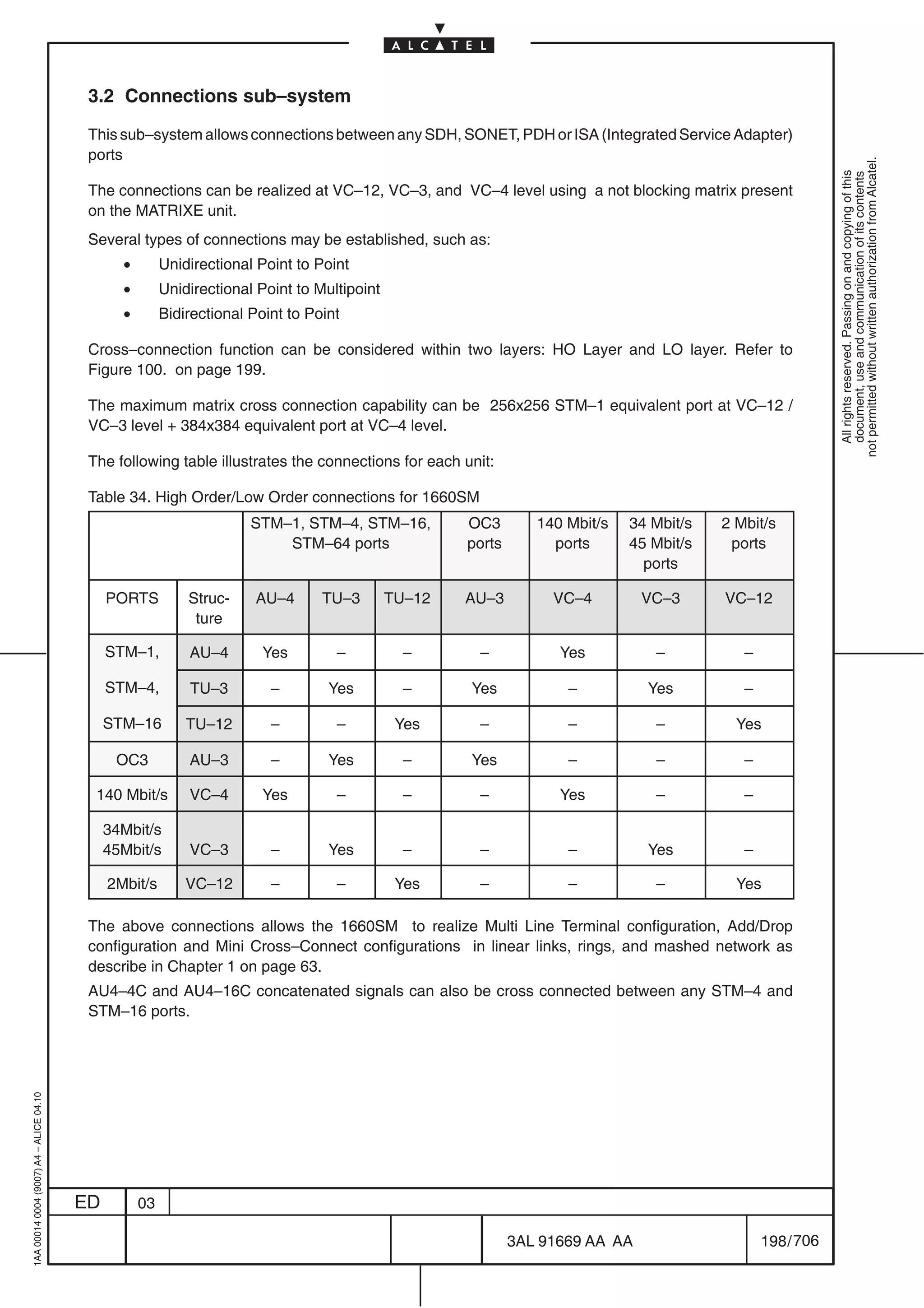3.2 Connections sub–system

                                          This sub–system allows connections between any SDH, SONET, PDH or ISA (Integrated Service Adapter)
                                          ports




                                                                                                                                                               not permitted without written authorization from Alcatel.
                                                                                                                                                                 All rights reserved. Passing on and copying of this
                                                                                                                                                                 document, use and communication of its contents
                                          The connections can be realized at VC–12, VC–3, and VC–4 level using a not blocking matrix present
                                          on the MATRIXE unit.
                                          Several types of connections may be established, such as:
                                                •        Unidirectional Point to Point
                                                •        Unidirectional Point to Multipoint
                                                •        Bidirectional Point to Point

                                          Cross–connection function can be considered within two layers: HO Layer and LO layer. Refer to
                                          Figure 100. on page 199.

                                          The maximum matrix cross connection capability can be 256x256 STM–1 equivalent port at VC–12 /
                                          VC–3 level + 384x384 equivalent port at VC–4 level.

                                          The following table illustrates the connections for each unit:

                                          Table 34. High Order/Low Order connections for 1660SM
                                                                       STM–1, STM–4, STM–16,          OC3        140 Mbit/s     34 Mbit/s   2 Mbit/s
                                                                           STM–64 ports               ports        ports        45 Mbit/s    ports
                                                                                                                                  ports

                                              PORTS          Struc-     AU–4      TU–3        TU–12   AU–3         VC–4          VC–3       VC–12
                                                              ture

                                              STM–1,         AU–4        Yes        –           –      –            Yes            –           –

                                              STM–4,         TU–3         –        Yes          –     Yes            –            Yes          –

                                              STM–16         TU–12        –         –          Yes     –             –             –          Yes

                                               OC3           AU–3         –        Yes          –     Yes            –             –           –

                                           140 Mbit/s        VC–4        Yes        –           –      –            Yes            –           –

                                              34Mbit/s
                                              45Mbit/s       VC–3         –        Yes          –      –             –            Yes          –

                                              2Mbit/s        VC–12        –         –          Yes     –             –             –          Yes

                                          The above connections allows the 1660SM to realize Multi Line Terminal configuration, Add/Drop
                                          configuration and Mini Cross–Connect configurations in linear links, rings, and mashed network as
                                          describe in Chapter 1 on page 63.
                                          AU4–4C and AU4–16C concatenated signals can also be cross connected between any STM–4 and
                                          STM–16 ports.
1AA 00014 0004 (9007) A4 – ALICE 04.10




                                         ED         03

                                                                                                              3AL 91669 AA AA                      198 / 706


                                                                                                                          706
 
