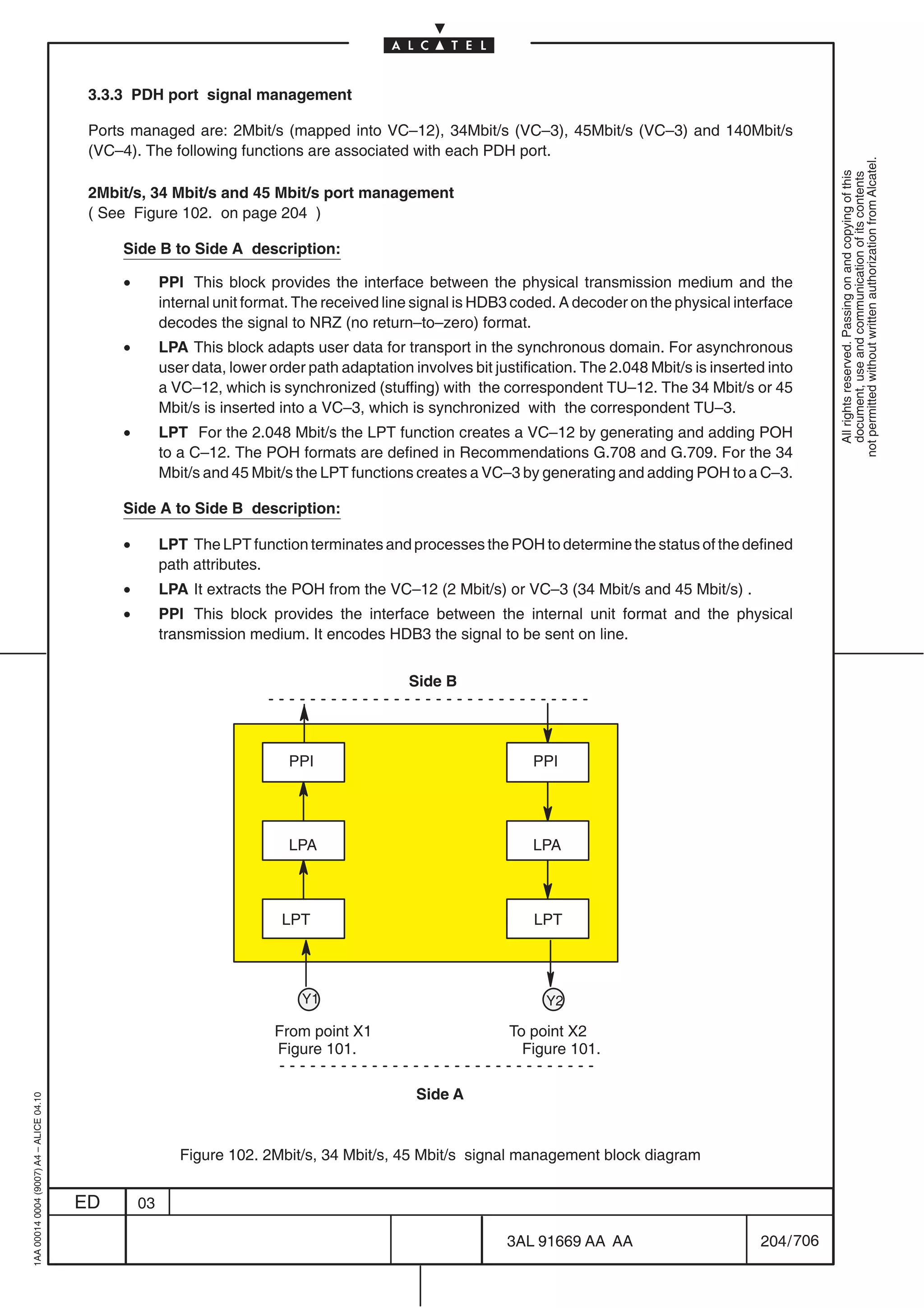 3.3.3 PDH port signal management

                                          Ports managed are: 2Mbit/s (mapped into VC–12), 34Mbit/s (VC–3), 45Mbit/s (VC–3) and 140Mbit/s
                                          (VC–4). The following functions are associated with each PDH port.




                                                                                                                                                                 not permitted without written authorization from Alcatel.
                                                                                                                                                                   All rights reserved. Passing on and copying of this
                                                                                                                                                                   document, use and communication of its contents
                                          2Mbit/s, 34 Mbit/s and 45 Mbit/s port management
                                          ( See Figure 102. on page 204 )

                                              Side B to Side A description:

                                              •        PPI This block provides the interface between the physical transmission medium and the
                                                       internal unit format. The received line signal is HDB3 coded. A decoder on the physical interface
                                                       decodes the signal to NRZ (no return–to–zero) format.
                                              •        LPA This block adapts user data for transport in the synchronous domain. For asynchronous
                                                       user data, lower order path adaptation involves bit justification. The 2.048 Mbit/s is inserted into
                                                       a VC–12, which is synchronized (stuffing) with the correspondent TU–12. The 34 Mbit/s or 45
                                                       Mbit/s is inserted into a VC–3, which is synchronized with the correspondent TU–3.
                                              •        LPT For the 2.048 Mbit/s the LPT function creates a VC–12 by generating and adding POH
                                                       to a C–12. The POH formats are defined in Recommendations G.708 and G.709. For the 34
                                                       Mbit/s and 45 Mbit/s the LPT functions creates a VC–3 by generating and adding POH to a C–3.

                                              Side A to Side B description:

                                              •        LPT The LPT function terminates and processes the POH to determine the status of the defined
                                                       path attributes.
                                              •        LPA It extracts the POH from the VC–12 (2 Mbit/s) or VC–3 (34 Mbit/s and 45 Mbit/s) .
                                              •        PPI This block provides the interface between the internal unit format and the physical
                                                       transmission medium. It encodes HDB3 the signal to be sent on line.


                                                                                              Side B




                                                                           PPI                                    PPI




                                                                           LPA                                    LPA



                                                                          LPT                                     LPT




                                                                             Y1                                     Y2

                                                                         From point X1                        To point X2
                                                                         Figure 101.                            Figure 101.

                                                                                               Side A
1AA 00014 0004 (9007) A4 – ALICE 04.10




                                                          Figure 102. 2Mbit/s, 34 Mbit/s, 45 Mbit/s signal management block diagram


                                         ED       03

                                                                                                             3AL 91669 AA AA                         204 / 706


                                                                                                                            706
 
