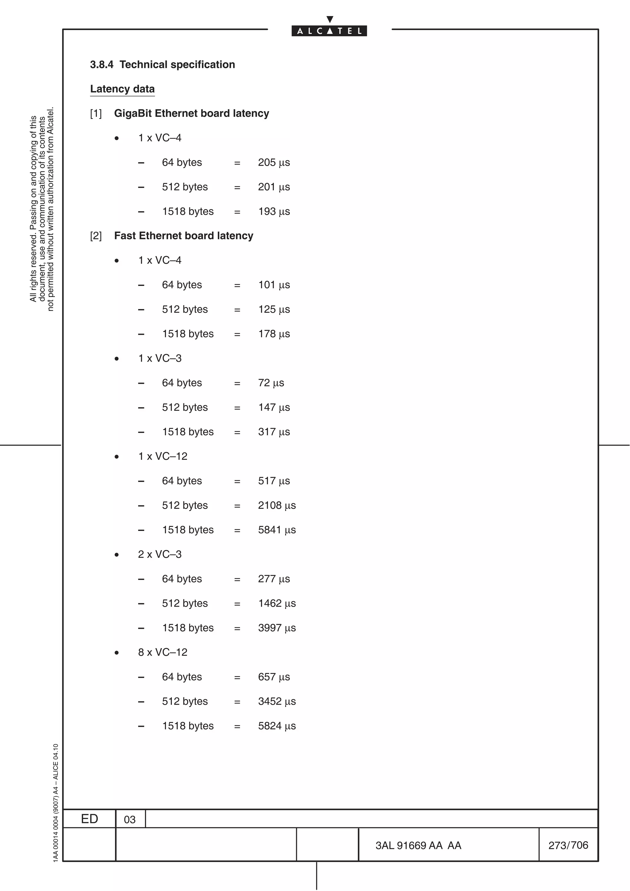 3.8.4 Technical specification

                                                                                            Latency data
not permitted without written authorization from Alcatel.




                                                                                            [1]   GigaBit Ethernet board latency
  All rights reserved. Passing on and copying of this
  document, use and communication of its contents




                                                                                                  •        1 x VC–4

                                                                                                           –   64 bytes     =   205 µs

                                                                                                           –   512 bytes    =   201 µs

                                                                                                           –   1518 bytes   =   193 µs

                                                                                            [2]   Fast Ethernet board latency

                                                                                                  •        1 x VC–4

                                                                                                           –   64 bytes     =   101 µs

                                                                                                           –   512 bytes    =   125 µs

                                                                                                           –   1518 bytes   =   178 µs

                                                                                                  •        1 x VC–3

                                                                                                           –   64 bytes     =   72 µs

                                                                                                           –   512 bytes    =   147 µs

                                                                                                           –   1518 bytes   =   317 µs

                                                                                                  •        1 x VC–12

                                                                                                           –   64 bytes     =   517 µs

                                                                                                           –   512 bytes    =   2108 µs

                                                                                                           –   1518 bytes   =   5841 µs

                                                                                                  •        2 x VC–3

                                                                                                           –   64 bytes     =   277 µs

                                                                                                           –   512 bytes    =   1462 µs

                                                                                                           –   1518 bytes   =   3997 µs

                                                                                                  •        8 x VC–12

                                                                                                           –   64 bytes     =   657 µs

                                                                                                           –   512 bytes    =   3452 µs

                                                                                                           –   1518 bytes   =   5824 µs
                                                  1AA 00014 0004 (9007) A4 – ALICE 04.10




                                                                                           ED         03

                                                                                                                                          3AL 91669 AA AA   273 / 706


                                                                                                                                                    706
 