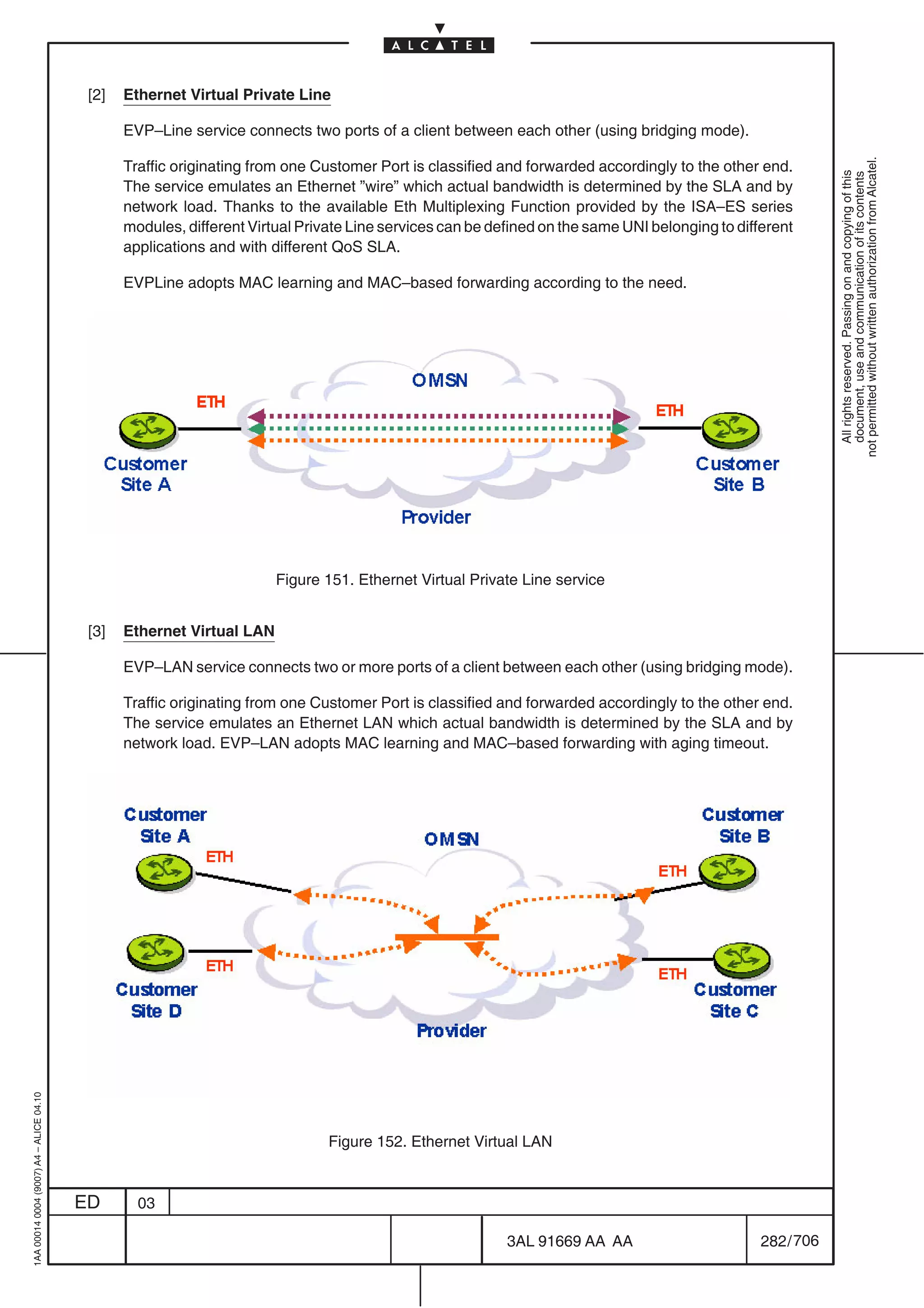 [2]   Ethernet Virtual Private Line

                                                EVP–Line service connects two ports of a client between each other (using bridging mode).




                                                                                                                                                             not permitted without written authorization from Alcatel.
                                                Traffic originating from one Customer Port is classified and forwarded accordingly to the other end.




                                                                                                                                                               All rights reserved. Passing on and copying of this
                                                                                                                                                               document, use and communication of its contents
                                                The service emulates an Ethernet ”wire” which actual bandwidth is determined by the SLA and by
                                                network load. Thanks to the available Eth Multiplexing Function provided by the ISA–ES series
                                                modules, different Virtual Private Line services can be defined on the same UNI belonging to different
                                                applications and with different QoS SLA.

                                                EVPLine adopts MAC learning and MAC–based forwarding according to the need.




                                                                       Figure 151. Ethernet Virtual Private Line service


                                          [3]   Ethernet Virtual LAN

                                                EVP–LAN service connects two or more ports of a client between each other (using bridging mode).

                                                Traffic originating from one Customer Port is classified and forwarded accordingly to the other end.
                                                The service emulates an Ethernet LAN which actual bandwidth is determined by the SLA and by
                                                network load. EVP–LAN adopts MAC learning and MAC–based forwarding with aging timeout.
1AA 00014 0004 (9007) A4 – ALICE 04.10




                                                                               Figure 152. Ethernet Virtual LAN


                                         ED       03

                                                                                                          3AL 91669 AA AA                        282 / 706


                                                                                                                        706
 