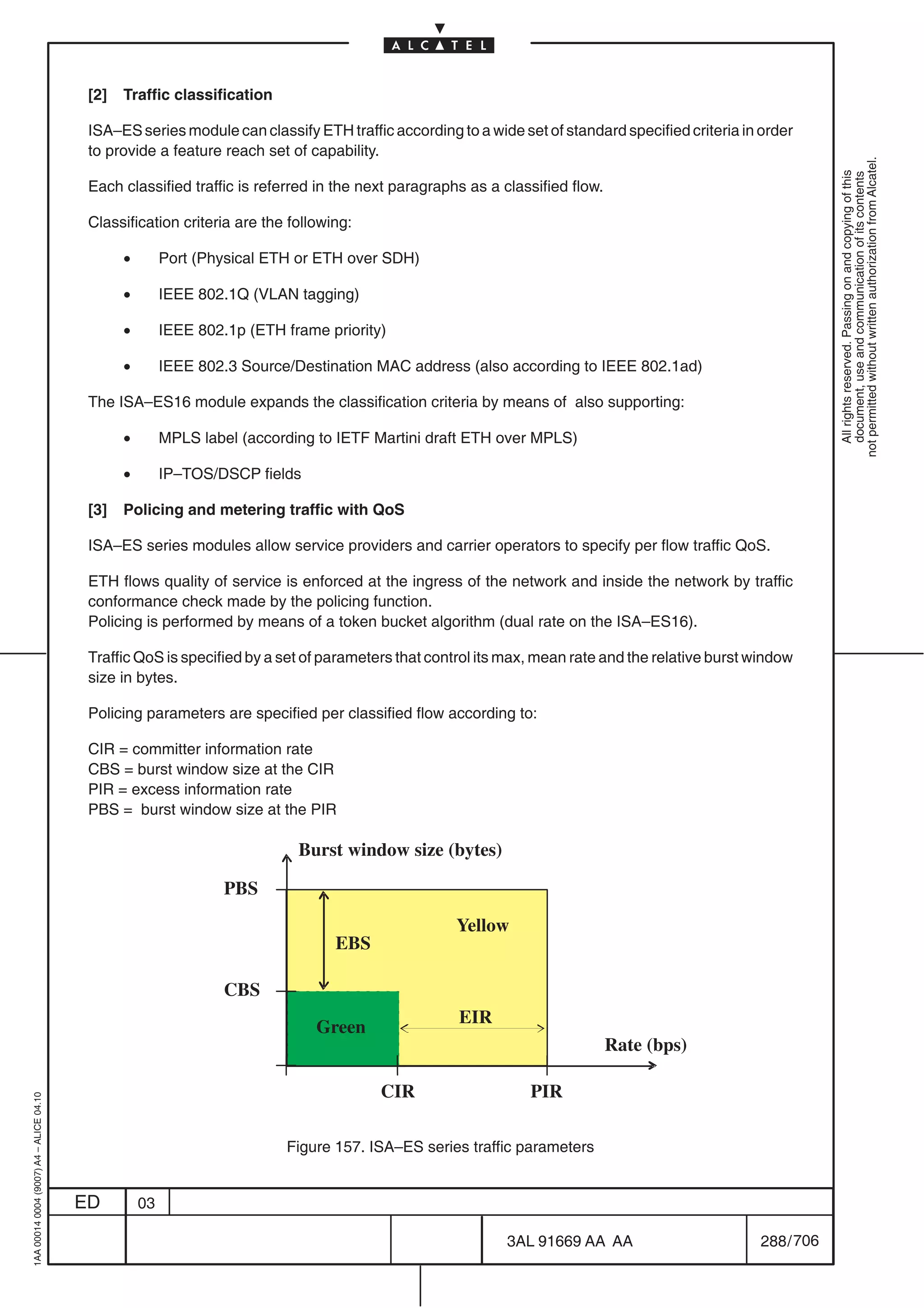 [2]   Traffic classification

                                          ISA–ES series module can classify ETH traffic according to a wide set of standard specified criteria in order
                                          to provide a feature reach set of capability.




                                                                                                                                                              not permitted without written authorization from Alcatel.
                                                                                                                                                                All rights reserved. Passing on and copying of this
                                                                                                                                                                document, use and communication of its contents
                                          Each classified traffic is referred in the next paragraphs as a classified flow.

                                          Classification criteria are the following:

                                                •        Port (Physical ETH or ETH over SDH)

                                                •        IEEE 802.1Q (VLAN tagging)

                                                •        IEEE 802.1p (ETH frame priority)

                                                •        IEEE 802.3 Source/Destination MAC address (also according to IEEE 802.1ad)

                                          The ISA–ES16 module expands the classification criteria by means of also supporting:

                                                •        MPLS label (according to IETF Martini draft ETH over MPLS)

                                                •        IP–TOS/DSCP fields

                                          [3]   Policing and metering traffic with QoS

                                          ISA–ES series modules allow service providers and carrier operators to specify per flow traffic QoS.

                                          ETH flows quality of service is enforced at the ingress of the network and inside the network by traffic
                                          conformance check made by the policing function.
                                          Policing is performed by means of a token bucket algorithm (dual rate on the ISA–ES16).

                                          Traffic QoS is specified by a set of parameters that control its max, mean rate and the relative burst window
                                          size in bytes.

                                          Policing parameters are specified per classified flow according to:

                                          CIR = committer information rate
                                          CBS = burst window size at the CIR
                                          PIR = excess information rate
                                          PBS = burst window size at the PIR

                                                                            Burst window size (bytes)

                                                                  PBS
                                                                                                   Yellow
                                                                                 EBS

                                                                  CBS
                                                                                                   EIR
                                                                               Green
                                                                                                                             Rate (bps)

                                                                                        CIR                   PIR
1AA 00014 0004 (9007) A4 – ALICE 04.10




                                                                          Figure 157. ISA–ES series traffic parameters


                                         ED         03

                                                                                                           3AL 91669 AA AA                        288 / 706


                                                                                                                         706
 