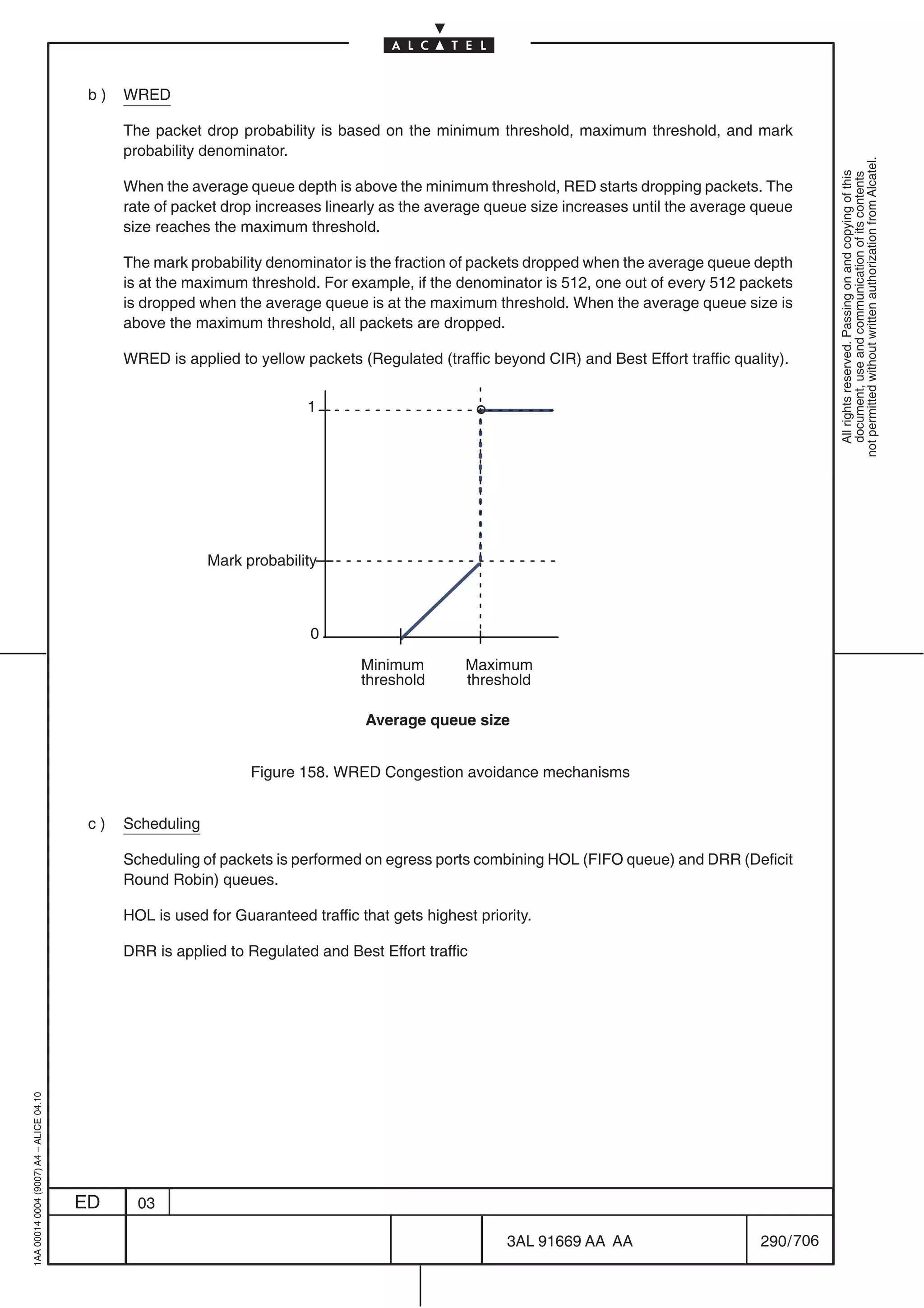 b)   WRED

                                               The packet drop probability is based on the minimum threshold, maximum threshold, and mark
                                               probability denominator.




                                                                                                                                                         not permitted without written authorization from Alcatel.
                                                                                                                                                           All rights reserved. Passing on and copying of this
                                                                                                                                                           document, use and communication of its contents
                                               When the average queue depth is above the minimum threshold, RED starts dropping packets. The
                                               rate of packet drop increases linearly as the average queue size increases until the average queue
                                               size reaches the maximum threshold.

                                               The mark probability denominator is the fraction of packets dropped when the average queue depth
                                               is at the maximum threshold. For example, if the denominator is 512, one out of every 512 packets
                                               is dropped when the average queue is at the maximum threshold. When the average queue size is
                                               above the maximum threshold, all packets are dropped.

                                               WRED is applied to yellow packets (Regulated (traffic beyond CIR) and Best Effort traffic quality).


                                                                          1




                                                            Mark probability



                                                                           0

                                                                                   Minimum        Maximum
                                                                                   threshold      threshold

                                                                                   Average queue size


                                                                  Figure 158. WRED Congestion avoidance mechanisms


                                          c)   Scheduling

                                               Scheduling of packets is performed on egress ports combining HOL (FIFO queue) and DRR (Deficit
                                               Round Robin) queues.

                                               HOL is used for Guaranteed traffic that gets highest priority.

                                               DRR is applied to Regulated and Best Effort traffic
1AA 00014 0004 (9007) A4 – ALICE 04.10




                                         ED      03

                                                                                                         3AL 91669 AA AA                     290 / 706


                                                                                                                     706
 