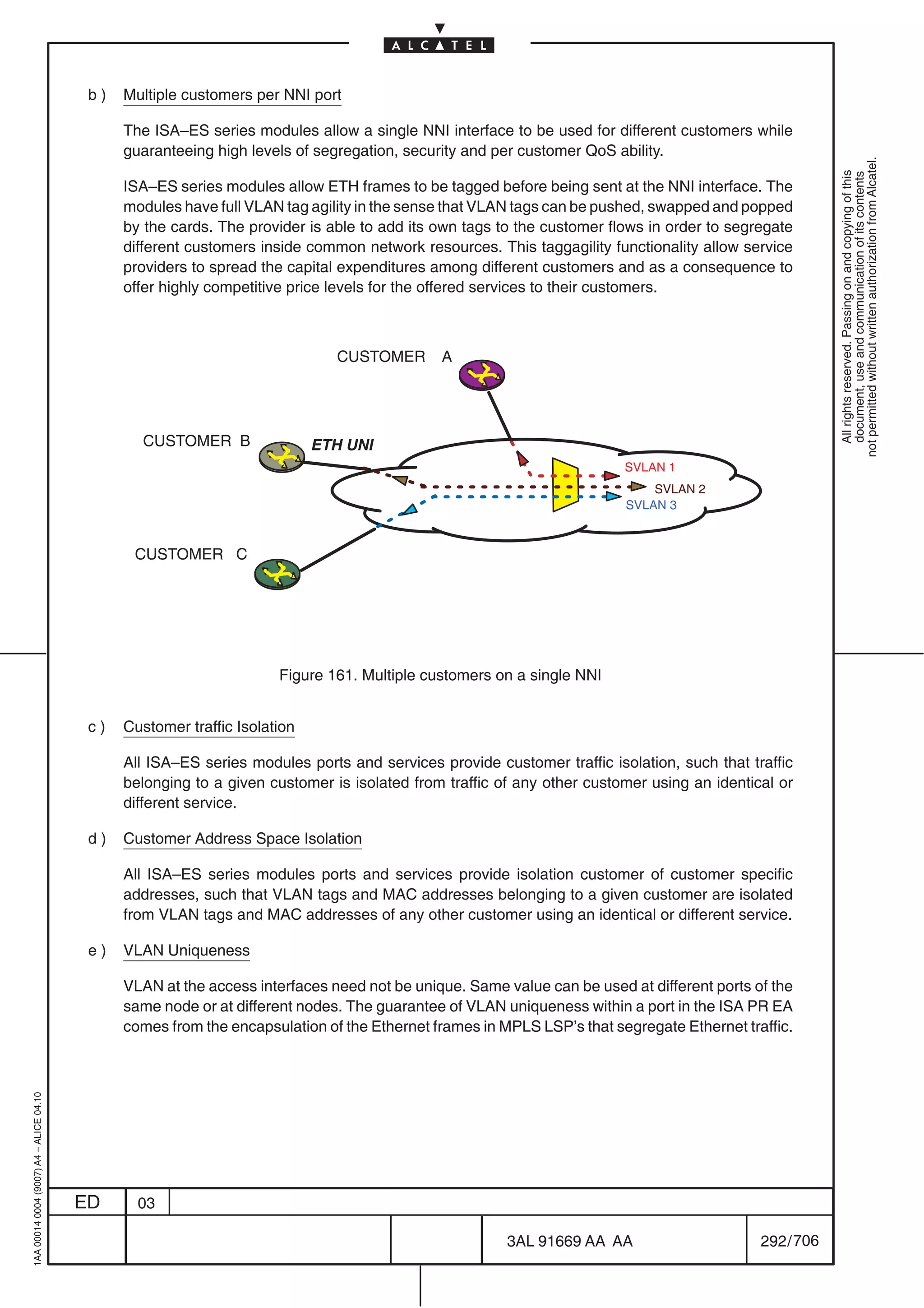 b)   Multiple customers per NNI port

                                               The ISA–ES series modules allow a single NNI interface to be used for different customers while
                                               guaranteeing high levels of segregation, security and per customer QoS ability.




                                                                                                                                                        not permitted without written authorization from Alcatel.
                                                                                                                                                          All rights reserved. Passing on and copying of this
                                                                                                                                                          document, use and communication of its contents
                                               ISA–ES series modules allow ETH frames to be tagged before being sent at the NNI interface. The
                                               modules have full VLAN tag agility in the sense that VLAN tags can be pushed, swapped and popped
                                               by the cards. The provider is able to add its own tags to the customer flows in order to segregate
                                               different customers inside common network resources. This taggagility functionality allow service
                                               providers to spread the capital expenditures among different customers and as a consequence to
                                               offer highly competitive price levels for the offered services to their customers.



                                                                              CUSTOMER       A




                                                 CUSTOMER B                 ETH UNI
                                                                                                                          SVLAN 1
                                                                                                                              SVLAN 2
                                                                                                                          SVLAN 3



                                                CUSTOMER C




                                                                      Figure 161. Multiple customers on a single NNI


                                          c)   Customer traffic Isolation

                                               All ISA–ES series modules ports and services provide customer traffic isolation, such that traffic
                                               belonging to a given customer is isolated from traffic of any other customer using an identical or
                                               different service.

                                          d)   Customer Address Space Isolation

                                               All ISA–ES series modules ports and services provide isolation customer of customer specific
                                               addresses, such that VLAN tags and MAC addresses belonging to a given customer are isolated
                                               from VLAN tags and MAC addresses of any other customer using an identical or different service.

                                          e)   VLAN Uniqueness

                                               VLAN at the access interfaces need not be unique. Same value can be used at different ports of the
                                               same node or at different nodes. The guarantee of VLAN uniqueness within a port in the ISA PR EA
                                               comes from the encapsulation of the Ethernet frames in MPLS LSP’s that segregate Ethernet traffic.
1AA 00014 0004 (9007) A4 – ALICE 04.10




                                         ED      03

                                                                                                       3AL 91669 AA AA                      292 / 706


                                                                                                                    706
 