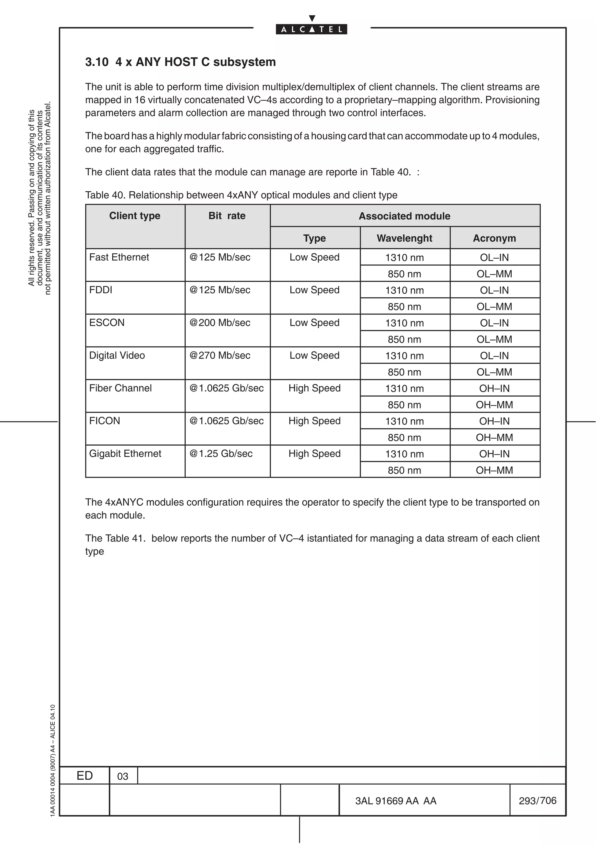 3.10 4 x ANY HOST C subsystem

                                                                                            The unit is able to perform time division multiplex/demultiplex of client channels. The client streams are
                                                                                            mapped in 16 virtually concatenated VC–4s according to a proprietary–mapping algorithm. Provisioning
not permitted without written authorization from Alcatel.




                                                                                            parameters and alarm collection are managed through two control interfaces.
  All rights reserved. Passing on and copying of this
  document, use and communication of its contents




                                                                                            The board has a highly modular fabric consisting of a housing card that can accommodate up to 4 modules,
                                                                                            one for each aggregated traffic.

                                                                                            The client data rates that the module can manage are reporte in Table 40. :

                                                                                            Table 40. Relationship between 4xANY optical modules and client type

                                                                                                 Client type            Bit rate                           Associated module

                                                                                                                                              Type             Wavelenght             Acronym
                                                                                            Fast Ethernet           @125 Mb/sec            Low Speed
                                                                                                                                                p                1310 nm                OL–IN
                                                                                                                                                                  850 nm               OL–MM
                                                                                            FDDI                    @125 Mb/sec            Low Speed
                                                                                                                                                p                1310 nm                OL–IN
                                                                                                                                                                  850 nm               OL–MM
                                                                                            ESCON                   @200 Mb/sec            Low Speed
                                                                                                                                                p                1310 nm                OL–IN
                                                                                                                                                                  850 nm               OL–MM
                                                                                            Digital Video
                                                                                              g                     @270 Mb/sec            Low Speed
                                                                                                                                                p                1310 nm                OL–IN
                                                                                                                                                                  850 nm               OL–MM
                                                                                            Fiber Channel           @1.0625 Gb/sec         High Speed
                                                                                                                                             g p                 1310 nm               OH–IN
                                                                                                                                                                  850 nm               OH–MM
                                                                                            FICON                   @1.0625 Gb/sec         High Speed
                                                                                                                                             g p                 1310 nm               OH–IN
                                                                                                                                                                  850 nm               OH–MM
                                                                                            Gigabit Ethernet
                                                                                              g                     @1.25 Gb/sec           High Speed
                                                                                                                                             g p                 1310 nm               OH–IN
                                                                                                                                                                  850 nm               OH–MM


                                                                                            The 4xANYC modules configuration requires the operator to specify the client type to be transported on
                                                                                            each module.

                                                                                            The Table 41. below reports the number of VC–4 istantiated for managing a data stream of each client
                                                                                            type
                                                  1AA 00014 0004 (9007) A4 – ALICE 04.10




                                                                                           ED      03

                                                                                                                                                          3AL 91669 AA AA                        293 / 706


                                                                                                                                                                        706
 