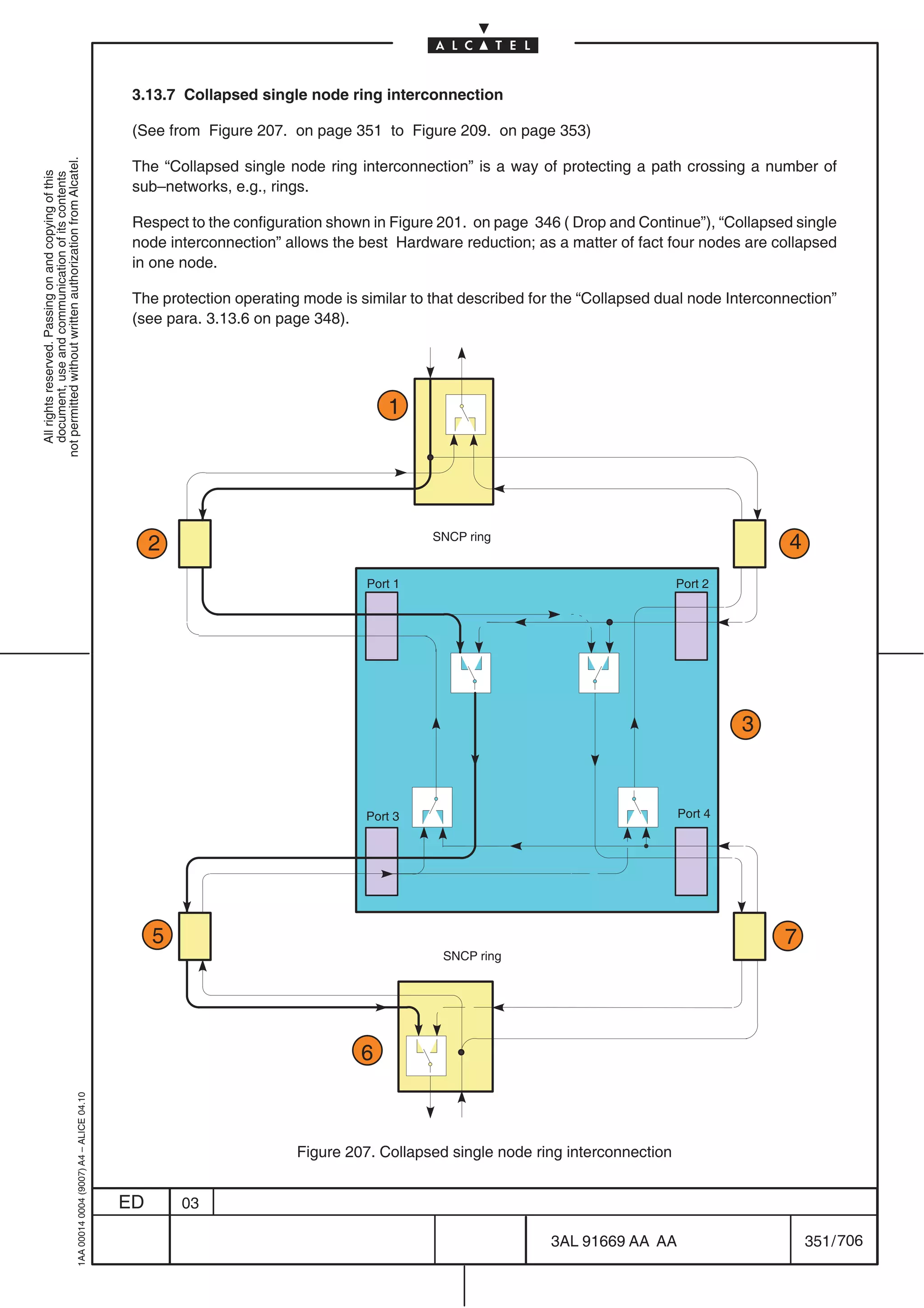 3.13.7 Collapsed single node ring interconnection

                                                                                            (See from Figure 207. on page 351 to Figure 209. on page 353)
not permitted without written authorization from Alcatel.




                                                                                            The “Collapsed single node ring interconnection” is a way of protecting a path crossing a number of
  All rights reserved. Passing on and copying of this
  document, use and communication of its contents




                                                                                            sub–networks, e.g., rings.

                                                                                            Respect to the configuration shown in Figure 201. on page 346 ( Drop and Continue”), “Collapsed single
                                                                                            node interconnection” allows the best Hardware reduction; as a matter of fact four nodes are collapsed
                                                                                            in one node.

                                                                                            The protection operating mode is similar to that described for the “Collapsed dual node Interconnection”
                                                                                            (see para. 3.13.6 on page 348).




                                                                                                                                 1




                                                                                                2                                       SNCP ring
                                                                                                                                                                                             4
                                                                                                                              Port 1                                         Port 2




                                                                                                                                                                                      3



                                                                                                                              Port 3                                         Port 4




                                                                                                5                                                                                           7
                                                                                                                                         SNCP ring




                                                                                                                             6
                                                  1AA 00014 0004 (9007) A4 – ALICE 04.10




                                                                                                                    Figure 207. Collapsed single node ring interconnection


                                                                                           ED       03

                                                                                                                                                         3AL 91669 AA AA                         351 / 706


                                                                                                                                                                       706
 