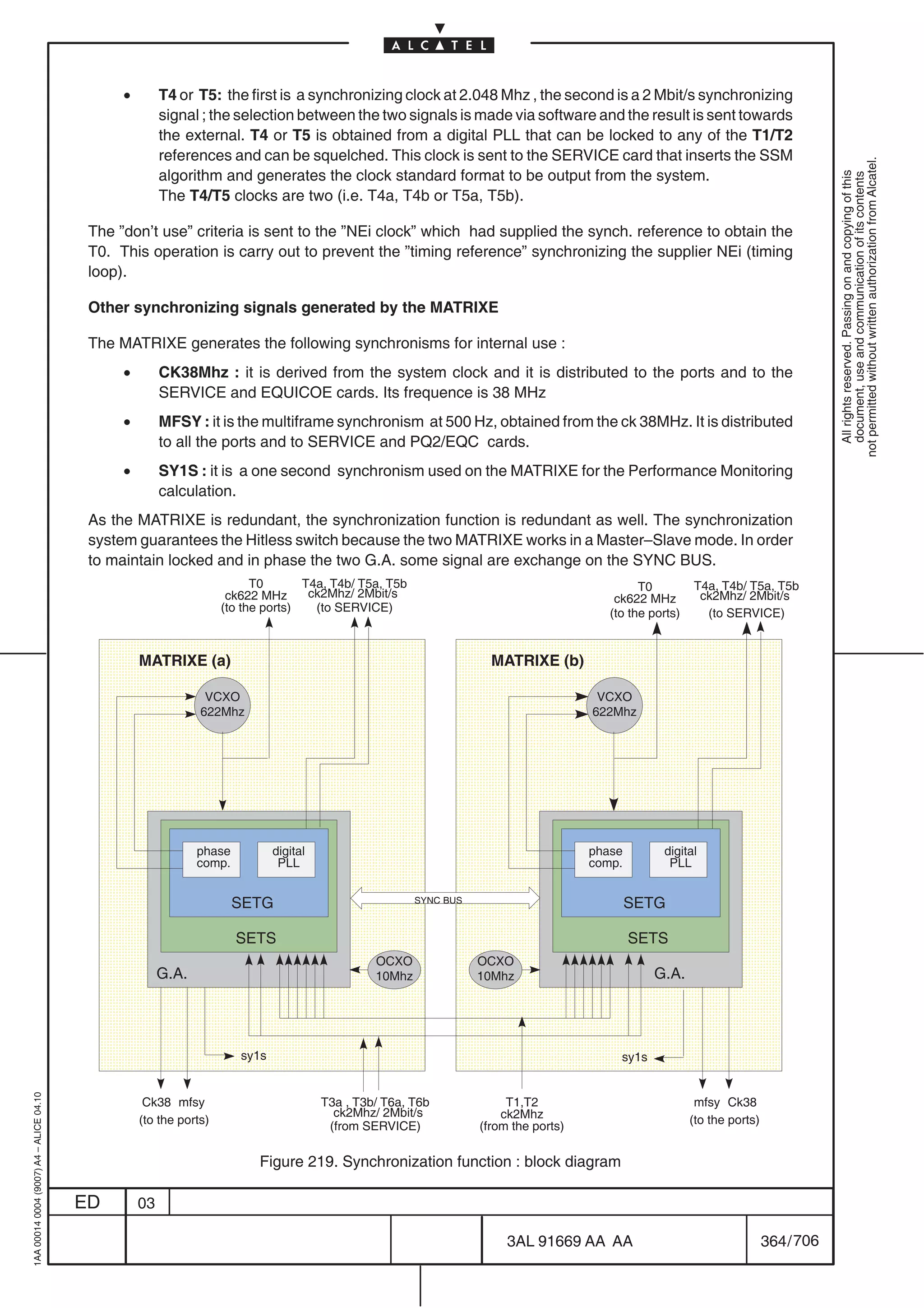 •        T4 or T5: the first is a synchronizing clock at 2.048 Mhz , the second is a 2 Mbit/s synchronizing
                                                        signal ; the selection between the two signals is made via software and the result is sent towards
                                                        the external. T4 or T5 is obtained from a digital PLL that can be locked to any of the T1/T2
                                                        references and can be squelched. This clock is sent to the SERVICE card that inserts the SSM




                                                                                                                                                                                        not permitted without written authorization from Alcatel.
                                                        algorithm and generates the clock standard format to be output from the system.




                                                                                                                                                                                          All rights reserved. Passing on and copying of this
                                                                                                                                                                                          document, use and communication of its contents
                                                        The T4/T5 clocks are two (i.e. T4a, T4b or T5a, T5b).

                                          The ”don’t use” criteria is sent to the ”NEi clock” which had supplied the synch. reference to obtain the
                                          T0. This operation is carry out to prevent the ”timing reference” synchronizing the supplier NEi (timing
                                          loop).

                                          Other synchronizing signals generated by the MATRIXE

                                          The MATRIXE generates the following synchronisms for internal use :
                                               •        CK38Mhz : it is derived from the system clock and it is distributed to the ports and to the
                                                        SERVICE and EQUICOE cards. Its frequence is 38 MHz
                                               •        MFSY : it is the multiframe synchronism at 500 Hz, obtained from the ck 38MHz. It is distributed
                                                        to all the ports and to SERVICE and PQ2/EQC cards.
                                               •        SY1S : it is a one second synchronism used on the MATRIXE for the Performance Monitoring
                                                        calculation.
                                          As the MATRIXE is redundant, the synchronization function is redundant as well. The synchronization
                                          system guarantees the Hitless switch because the two MATRIXE works in a Master–Slave mode. In order
                                          to maintain locked and in phase the two G.A. some signal are exchange on the SYNC BUS.
                                                                          T0       T4a, T4b/ T5a, T5b                                           T0         T4a, T4b/ T5a, T5b
                                                                     ck622 MHz      ck2Mhz/ 2Mbit/s                                        ck622 MHz        ck2Mhz/ 2Mbit/s
                                                                    (to the ports)   (to SERVICE)                                         (to the ports)     (to SERVICE)

                                           ÏÏÏÏÏÏÏÏÏÏÏÏÏÏ
                                                   MATRIXE (a)
                                           ÏÏÏÏÏÏÏÏÏÏÏÏÏÏ                                                      ÏÏÏÏÏÏÏÏÏÏÏÏÏÏ
                                                                                                                      MATRIXE (b)
                                                                                                               ÏÏÏÏÏÏÏÏÏÏÏÏÏÏ
                                           ÏÏÏÏÏÏÏÏÏÏÏÏÏÏ
                                           ÏÏÏÏÏÏÏÏÏÏÏÏÏÏ       VCXO
                                                               622Mhz
                                                                                                               ÏÏÏÏÏÏÏÏÏÏÏÏÏÏ
                                                                                                               ÏÏÏÏÏÏÏÏÏÏÏÏÏÏ           VCXO
                                                                                                                                       622Mhz
                                           ÏÏÏÏÏÏÏÏÏÏÏÏÏÏ
                                           ÏÏÏÏÏÏÏÏÏÏÏÏÏÏ                                                      ÏÏÏÏÏÏÏÏÏÏÏÏÏÏ
                                                                                                               ÏÏÏÏÏÏÏÏÏÏÏÏÏÏ
                                           ÏÏÏÏÏÏÏÏÏÏÏÏÏÏ
                                           ÏÏÏÏÏÏÏÏÏÏÏÏÏÏ                                                      ÏÏÏÏÏÏÏÏÏÏÏÏÏÏ
                                                                                                               ÏÏÏÏÏÏÏÏÏÏÏÏÏÏ
                                           ÏÏÏÏÏÏÏÏÏÏÏÏÏÏ
                                           ÏÏÏÏÏÏÏÏÏÏÏÏÏÏ      phase          digital
                                                                                                               ÏÏÏÏÏÏÏÏÏÏÏÏÏÏ
                                                                                                               ÏÏÏÏÏÏÏÏÏÏÏÏÏÏ          phase        digital
                                                               comp.           PLL                                                     comp.         PLL
                                           ÏÏÏÏÏÏÏÏÏÏÏÏÏÏ
                                           ÏÏÏÏÏÏÏÏÏÏÏÏÏÏ                                                      ÏÏÏÏÏÏÏÏÏÏÏÏÏÏ
                                                                                                               ÏÏÏÏÏÏÏÏÏÏÏÏÏÏ
                                                                       SETG                              SYNC BUS                              SETG
                                           ÏÏÏÏÏÏÏÏÏÏÏÏÏÏ
                                           ÏÏÏÏÏÏÏÏÏÏÏÏÏÏ              SETS
                                                                                                               ÏÏÏÏÏÏÏÏÏÏÏÏÏÏ
                                                                                                               ÏÏÏÏÏÏÏÏÏÏÏÏÏÏ                  SETS
                                                                                                 OCXO               OCXO
                                           ÏÏÏÏÏÏÏÏÏÏÏÏÏÏ
                                                        G.A.
                                           ÏÏÏÏÏÏÏÏÏÏÏÏÏÏ                                        10Mhz         ÏÏÏÏÏÏÏÏÏÏÏÏÏÏ
                                                                                                                    10Mhz
                                                                                                               ÏÏÏÏÏÏÏÏÏÏÏÏÏÏ                      G.A.


                                           ÏÏÏÏÏÏÏÏÏÏÏÏÏÏ
                                           ÏÏÏÏÏÏÏÏÏÏÏÏÏÏ                                                      ÏÏÏÏÏÏÏÏÏÏÏÏÏÏ
                                                                                                               ÏÏÏÏÏÏÏÏÏÏÏÏÏÏ
                                                                       sy1s                                                                 sy1s
                                           ÏÏÏÏÏÏÏÏÏÏÏÏÏÏ                                                      ÏÏÏÏÏÏÏÏÏÏÏÏÏÏ
1AA 00014 0004 (9007) A4 – ALICE 04.10




                                                    Ck38 mfsy                           T3a , T3b/ T6a, T6b              T1,T2                              mfsy Ck38
                                                                                          ck2Mhz/ 2Mbit/s               ck2Mhz
                                                   (to the ports)                                                                                          (to the ports)
                                                                                         (from SERVICE)             (from the ports)

                                                                          Figure 219. Synchronization function : block diagram

                                         ED        03

                                                                                                                         3AL 91669 AA AA                                    364 / 706


                                                                                                                                        706
 