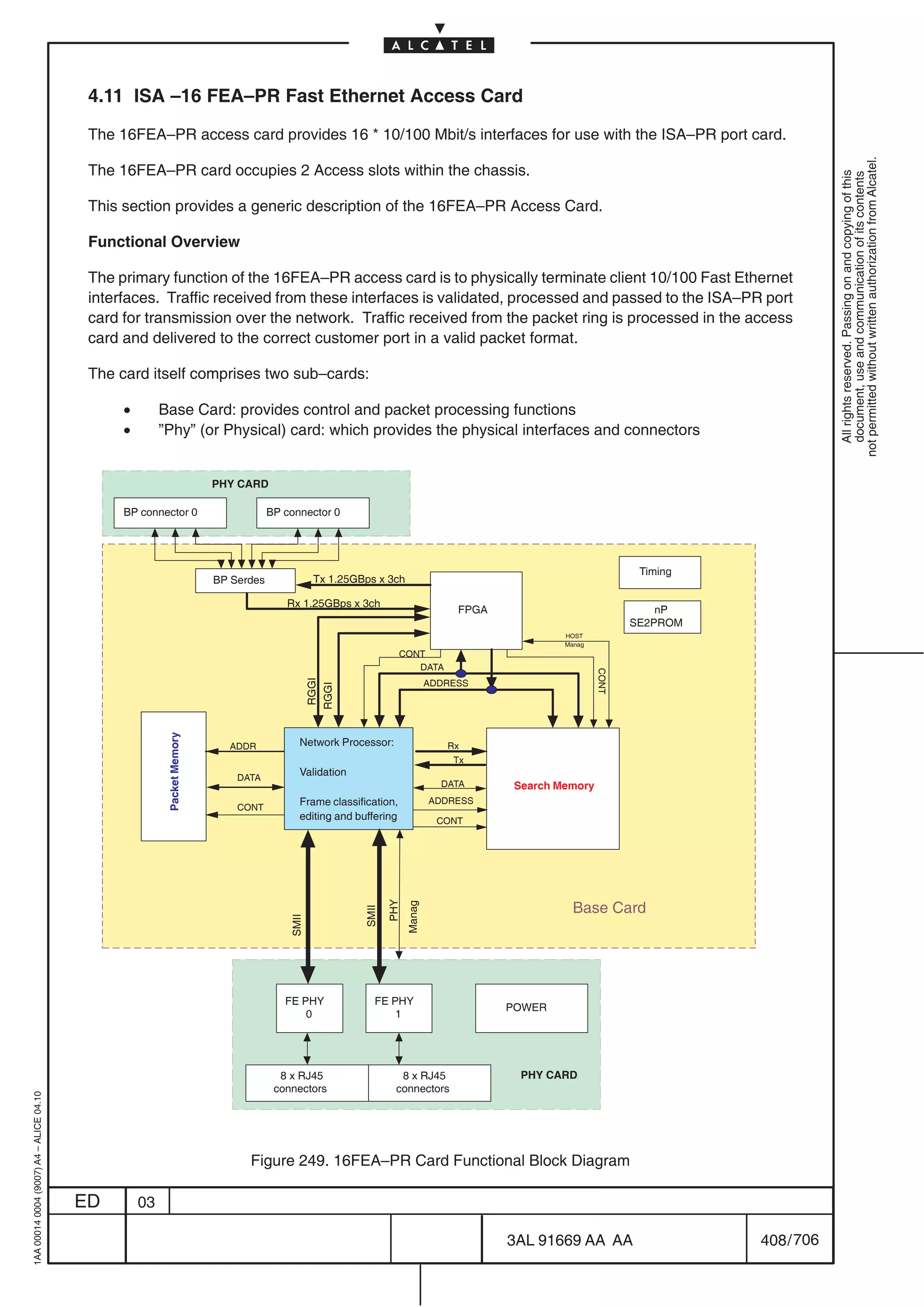 4.11 ISA –16 FEA–PR Fast Ethernet Access Card

                                          The 16FEA–PR access card provides 16 * 10/100 Mbit/s interfaces for use with the ISA–PR port card.




                                                                                                                                                                                         not permitted without written authorization from Alcatel.
                                          The 16FEA–PR card occupies 2 Access slots within the chassis.




                                                                                                                                                                                           All rights reserved. Passing on and copying of this
                                                                                                                                                                                           document, use and communication of its contents
                                          This section provides a generic description of the 16FEA–PR Access Card.

                                          Functional Overview

                                          The primary function of the 16FEA–PR access card is to physically terminate client 10/100 Fast Ethernet
                                          interfaces. Traffic received from these interfaces is validated, processed and passed to the ISA–PR port
                                          card for transmission over the network. Traffic received from the packet ring is processed in the access
                                          card and delivered to the correct customer port in a valid packet format.

                                          The card itself comprises two sub–cards:

                                               •        Base Card: provides control and packet processing functions
                                               •        ”Phy” (or Physical) card: which provides the physical interfaces and connectors


                                                                         PHY CARD

                                               BP connector 0                        BP connector 0




                                                                                                                                                                    Timing
                                                                         BP Serdes               Tx 1.25GBps x 3ch

                                                                                        Rx 1.25GBps x 3ch
                                                                                                                                    FPGA                               nP
                                                                                                                                                                   SE2PROM
                                                                                                                                                    HOST
                                                                                                                                                    Manag
                                                                                                                   CONT
                                                                                                                      DATA
                                                                                                                                                            CONT
                                                                                                 RGGI




                                                                                                                               ADDRESS
                                                                                                RGGI
                                                         Packet Memory




                                                                           ADDR            Network Processor:                     Rx
                                                                                                                                   Tx
                                                                             DATA
                                                                                           Validation
                                                                                                                                 DATA       Search Memory
                                                                             CONT
                                                                                           Frame classification,               ADDRESS
                                                                                           editing and buffering                 CONT




                                                                                                                                                      Base Card
                                                                                                                 PHY
                                                                                                                       Manag
                                                                                                          SMII
                                                                                         SMII




                                                                                        FE PHY               FE PHY
                                                                                                                                           POWER
                                                                                            0                    1




                                                                                       8 x RJ45                     8 x RJ45                 PHY CARD
                                                                                      connectors                   connectors
1AA 00014 0004 (9007) A4 – ALICE 04.10




                                                                               Figure 249. 16FEA–PR Card Functional Block Diagram

                                         ED        03

                                                                                                                                           3AL 91669 AA AA                   408 / 706


                                                                                                                                                            706
 