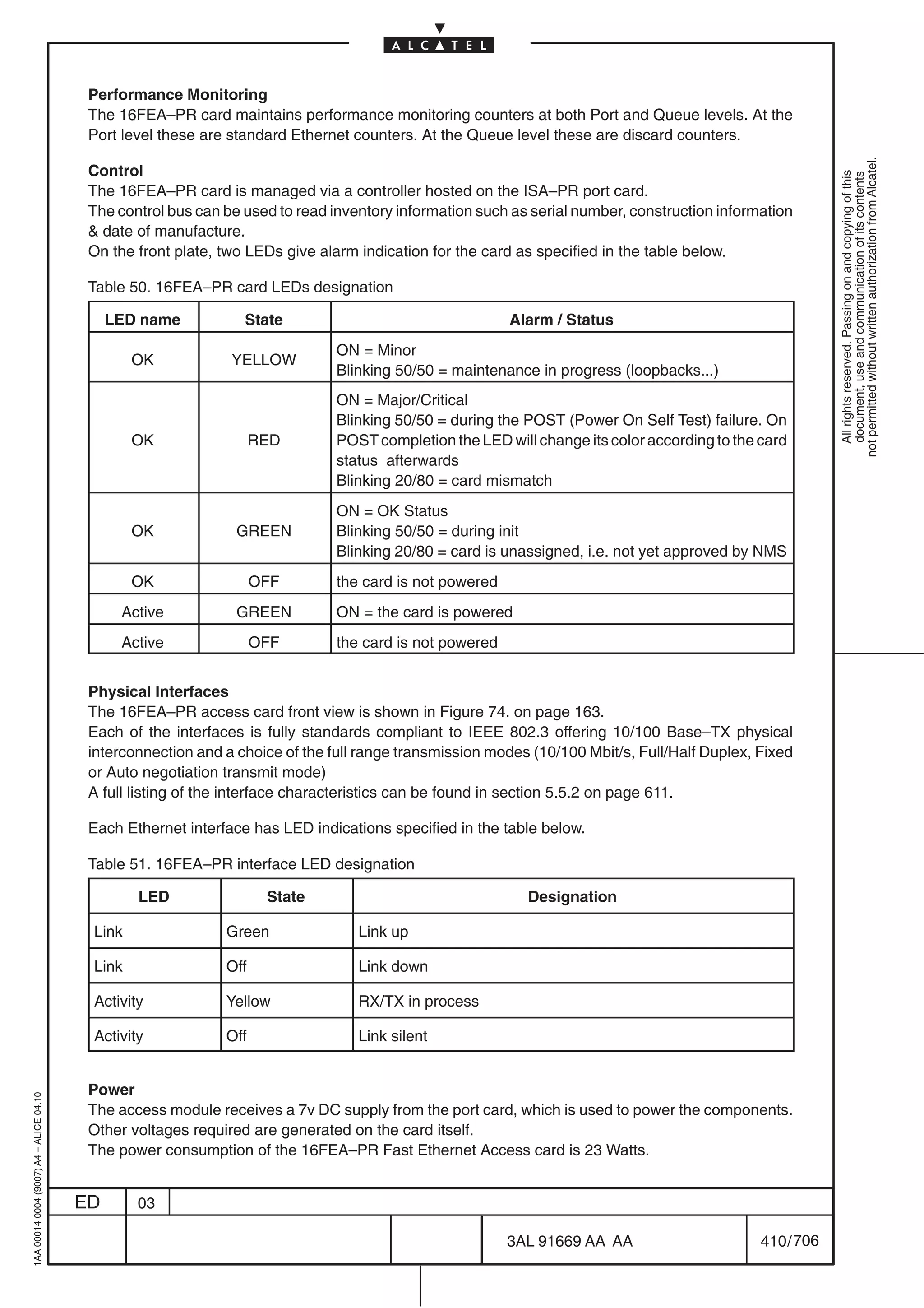Performance Monitoring
                                          The 16FEA–PR card maintains performance monitoring counters at both Port and Queue levels. At the
                                          Port level these are standard Ethernet counters. At the Queue level these are discard counters.




                                                                                                                                                          not permitted without written authorization from Alcatel.
                                          Control




                                                                                                                                                            All rights reserved. Passing on and copying of this
                                                                                                                                                            document, use and communication of its contents
                                          The 16FEA–PR card is managed via a controller hosted on the ISA–PR port card.
                                          The control bus can be used to read inventory information such as serial number, construction information
                                           date of manufacture.
                                          On the front plate, two LEDs give alarm indication for the card as specified in the table below.

                                          Table 50. 16FEA–PR card LEDs designation

                                              LED name           State                                  Alarm / Status
                                                                              ON = Minor
                                                 OK            YELLOW
                                                                              Blinking 50/50 = maintenance in progress (loopbacks...)
                                                                              ON = Major/Critical
                                                                              Blinking 50/50 = during the POST (Power On Self Test) failure. On
                                                 OK                 RED       POST completion the LED will change its color according to the card
                                                                              status afterwards
                                                                              Blinking 20/80 = card mismatch
                                                                              ON = OK Status
                                                 OK             GREEN         Blinking 50/50 = during init
                                                                              Blinking 20/80 = card is unassigned, i.e. not yet approved by NMS
                                                 OK                 OFF       the card is not powered
                                               Active           GREEN         ON = the card is powered
                                               Active               OFF       the card is not powered


                                          Physical Interfaces
                                          The 16FEA–PR access card front view is shown in Figure 74. on page 163.
                                          Each of the interfaces is fully standards compliant to IEEE 802.3 offering 10/100 Base–TX physical
                                          interconnection and a choice of the full range transmission modes (10/100 Mbit/s, Full/Half Duplex, Fixed
                                          or Auto negotiation transmit mode)
                                          A full listing of the interface characteristics can be found in section 5.5.2 on page 611.

                                          Each Ethernet interface has LED indications specified in the table below.

                                          Table 51. 16FEA–PR interface LED designation

                                                 LED                 State                                 Designation

                                          Link                Green               Link up

                                          Link                Off                 Link down

                                          Activity            Yellow              RX/TX in process

                                          Activity            Off                 Link silent


                                          Power
1AA 00014 0004 (9007) A4 – ALICE 04.10




                                          The access module receives a 7v DC supply from the port card, which is used to power the components.
                                          Other voltages required are generated on the card itself.
                                          The power consumption of the 16FEA–PR Fast Ethernet Access card is 23 Watts.


                                         ED      03

                                                                                                        3AL 91669 AA AA                       410 / 706


                                                                                                                      706
 