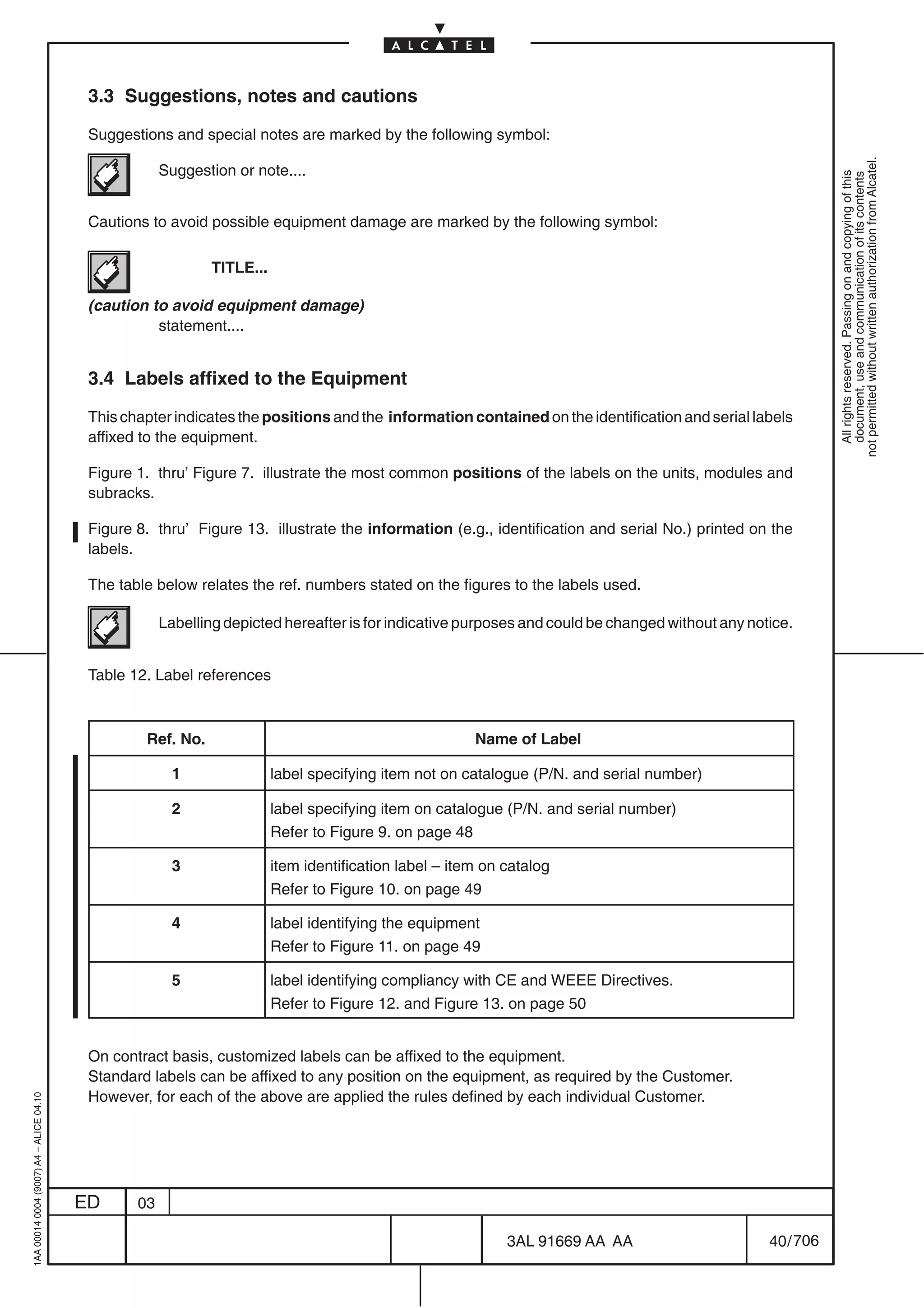 3.3 Suggestions, notes and cautions

                                          Suggestions and special notes are marked by the following symbol:




                                                                                                                                                             not permitted without written authorization from Alcatel.
                                                      Suggestion or note....




                                                                                                                                                               All rights reserved. Passing on and copying of this
                                                                                                                                                               document, use and communication of its contents
                                          Cautions to avoid possible equipment damage are marked by the following symbol:

                                                              TITLE...

                                          (caution to avoid equipment damage)
                                                    statement....


                                          3.4 Labels affixed to the Equipment

                                          This chapter indicates the positions and the information contained on the identification and serial labels
                                          affixed to the equipment.

                                          Figure 1. thru’ Figure 7. illustrate the most common positions of the labels on the units, modules and
                                          subracks.

                                          Figure 8. thru’ Figure 13. illustrate the information (e.g., identification and serial No.) printed on the
                                          labels.

                                          The table below relates the ref. numbers stated on the figures to the labels used.

                                                      Labelling depicted hereafter is for indicative purposes and could be changed without any notice.


                                          Table 12. Label references



                                                  Ref. No.                                              Name of Label

                                                        1                label specifying item not on catalogue (P/N. and serial number)

                                                        2                label specifying item on catalogue (P/N. and serial number)
                                                                         Refer to Figure 9. on page 48

                                                        3                item identification label – item on catalog
                                                                         Refer to Figure 10. on page 49

                                                        4                label identifying the equipment
                                                                         Refer to Figure 11. on page 49

                                                        5                label identifying compliancy with CE and WEEE Directives.
                                                                         Refer to Figure 12. and Figure 13. on page 50


                                          On contract basis, customized labels can be affixed to the equipment.
                                          Standard labels can be affixed to any position on the equipment, as required by the Customer.
                                          However, for each of the above are applied the rules defined by each individual Customer.
1AA 00014 0004 (9007) A4 – ALICE 04.10




                                         ED      03

                                                                                                             3AL 91669 AA AA                      40 / 706


                                                                                                                        706
 