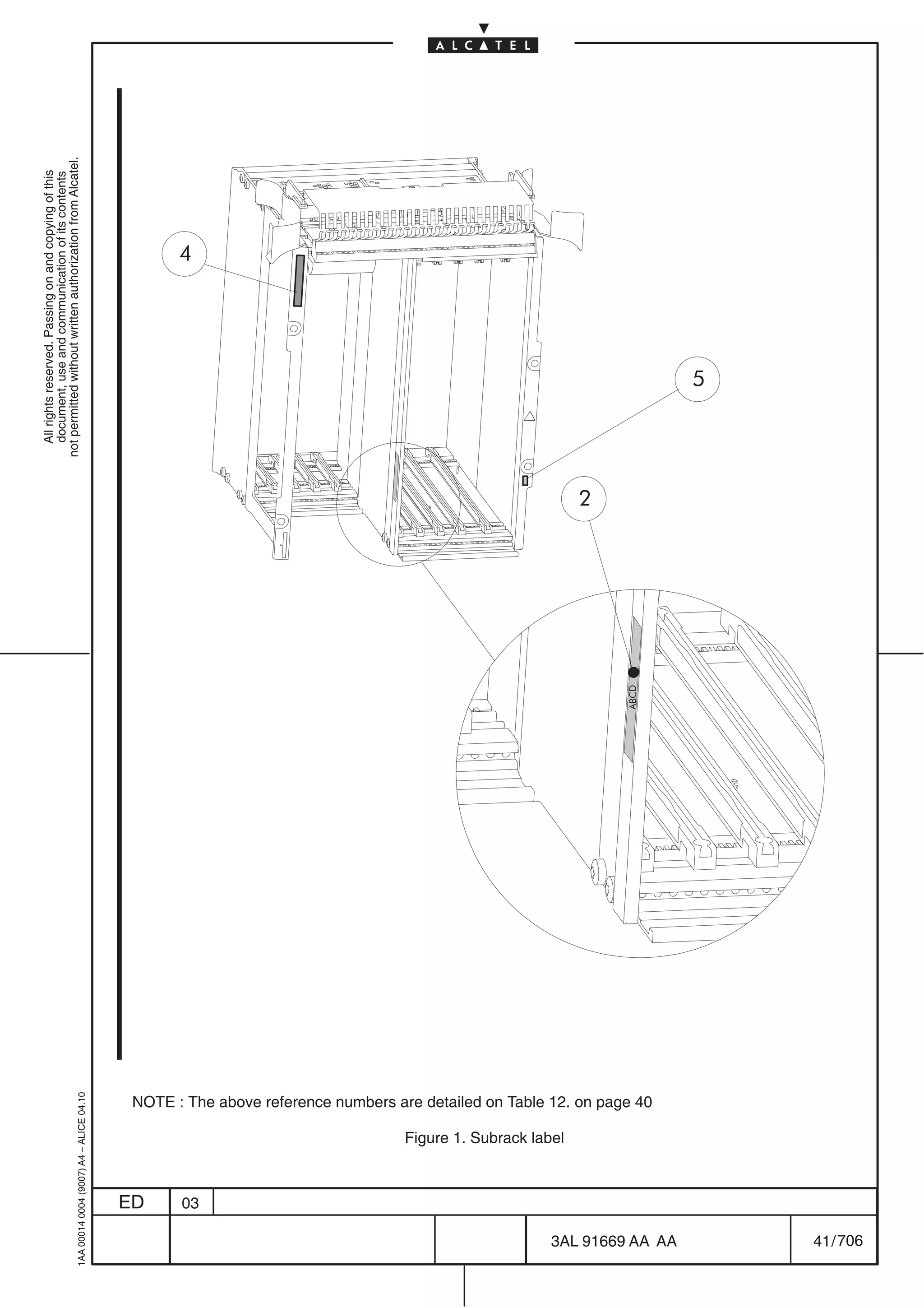 All rights reserved. Passing on and copying of this
                                                                                                                                                 document, use and communication of its contents
                                                                                                                                               not permitted without written authorization from Alcatel.
      1AA 00014 0004 (9007) A4 – ALICE 04.10




                           ED
                                                                                                                                                                                  4




                           03
                                Figure 1. Subrack label
                                                                                                                                           2




                                                                                                                                    ABCD




                                                          NOTE : The above reference numbers are detailed on Table 12. on page 40




706
         3AL 91669 AA AA
                                                                                                                                                           5




         41 / 706
 