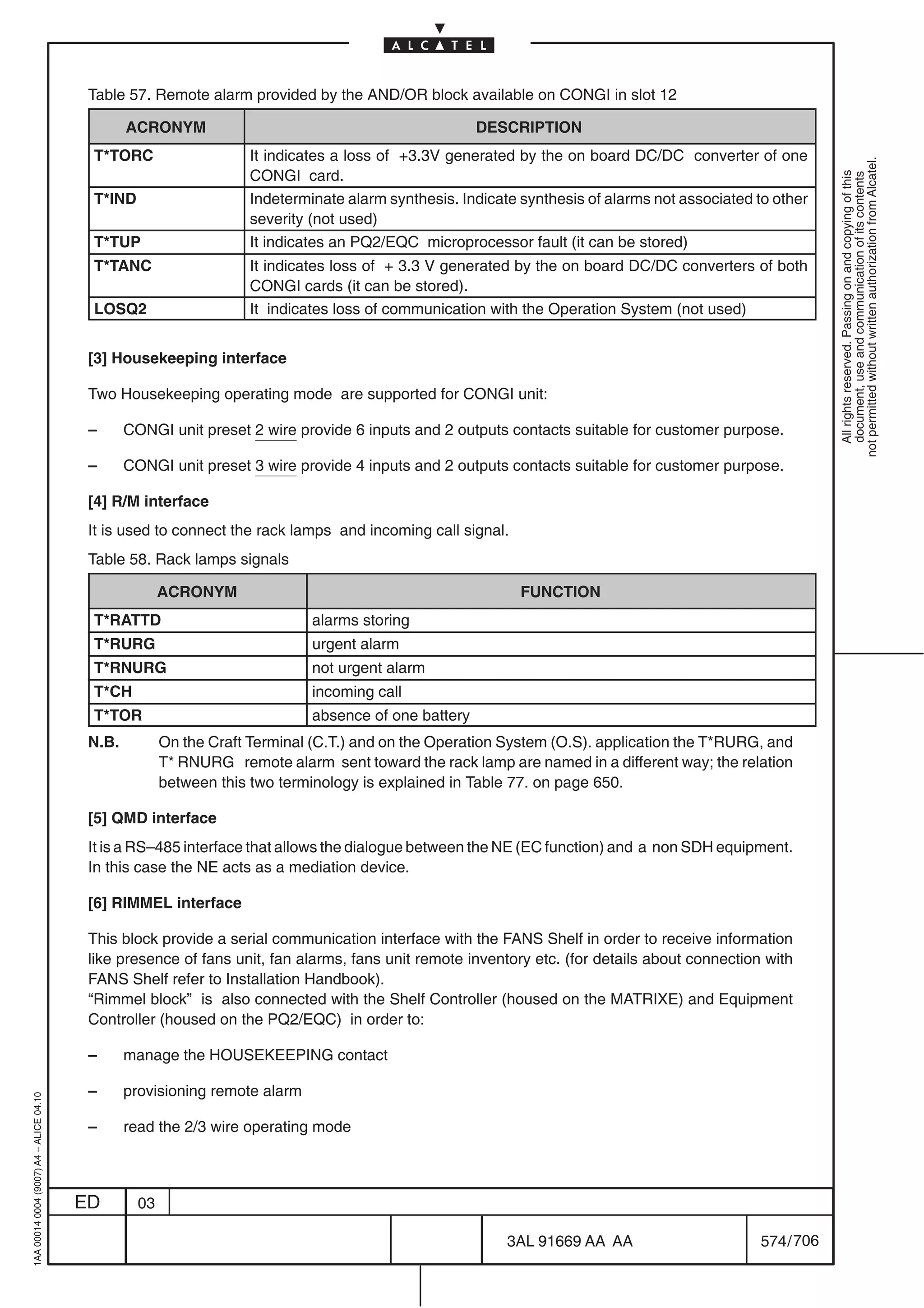 Table 57. Remote alarm provided by the AND/OR block available on CONGI in slot 12

                                                 ACRONYM                                               DESCRIPTION
                                          T*TORC                     It indicates a loss of +3.3V generated by the on board DC/DC converter of one




                                                                                                                                                            not permitted without written authorization from Alcatel.
                                                                     CONGI card.




                                                                                                                                                              All rights reserved. Passing on and copying of this
                                                                                                                                                              document, use and communication of its contents
                                          T*IND                      Indeterminate alarm synthesis. Indicate synthesis of alarms not associated to other
                                                                     severity (not used)
                                          T*TUP                      It indicates an PQ2/EQC microprocessor fault (it can be stored)
                                          T*TANC                     It indicates loss of + 3.3 V generated by the on board DC/DC converters of both
                                                                     CONGI cards (it can be stored).
                                          LOSQ2                      It indicates loss of communication with the Operation System (not used)


                                          [3] Housekeeping interface

                                          Two Housekeeping operating mode are supported for CONGI unit:

                                          –      CONGI unit preset 2 wire provide 6 inputs and 2 outputs contacts suitable for customer purpose.

                                          –      CONGI unit preset 3 wire provide 4 inputs and 2 outputs contacts suitable for customer purpose.

                                          [4] R/M interface
                                          It is used to connect the rack lamps and incoming call signal.
                                          Table 58. Rack lamps signals

                                                        ACRONYM                                              FUNCTION
                                          T*RATTD                             alarms storing
                                          T*RURG                              urgent alarm
                                          T*RNURG                             not urgent alarm
                                          T*CH                                incoming call
                                          T*TOR                               absence of one battery
                                          N.B.          On the Craft Terminal (C.T.) and on the Operation System (O.S). application the T*RURG, and
                                                        T* RNURG remote alarm sent toward the rack lamp are named in a different way; the relation
                                                        between this two terminology is explained in Table 77. on page 650.

                                          [5] QMD interface
                                          It is a RS–485 interface that allows the dialogue between the NE (EC function) and a non SDH equipment.
                                          In this case the NE acts as a mediation device.

                                          [6] RIMMEL interface

                                          This block provide a serial communication interface with the FANS Shelf in order to receive information
                                          like presence of fans unit, fan alarms, fans unit remote inventory etc. (for details about connection with
                                          FANS Shelf refer to Installation Handbook).
                                          “Rimmel block” is also connected with the Shelf Controller (housed on the MATRIXE) and Equipment
                                          Controller (housed on the PQ2/EQC) in order to:

                                          –      manage the HOUSEKEEPING contact

                                          –      provisioning remote alarm
1AA 00014 0004 (9007) A4 – ALICE 04.10




                                          –      read the 2/3 wire operating mode



                                         ED        03

                                                                                                           3AL 91669 AA AA                      574 / 706


                                                                                                                        706
 