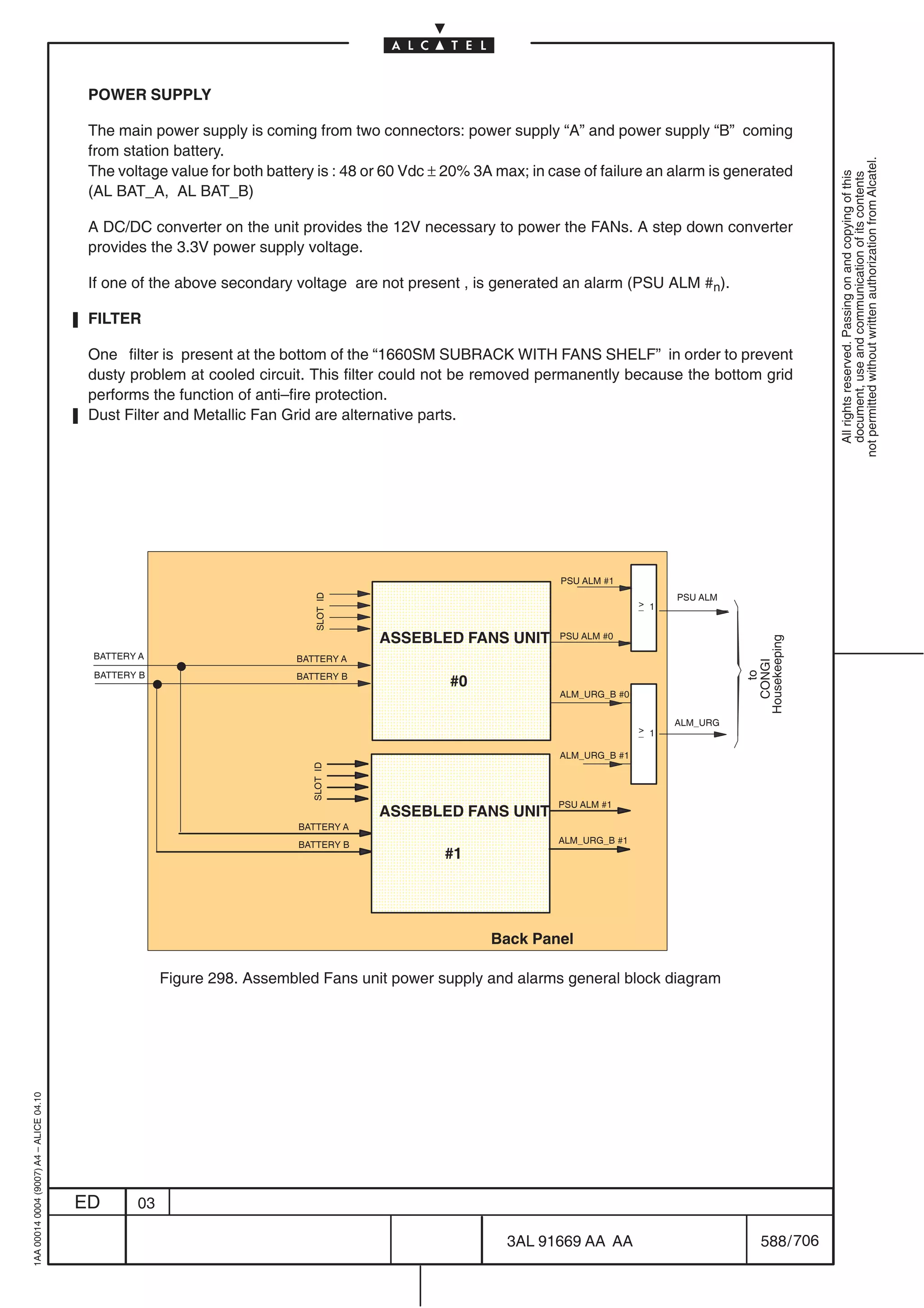 POWER SUPPLY

                                          The main power supply is coming from two connectors: power supply “A” and power supply “B” coming
                                          from station battery.




                                                                                                                                                                not permitted without written authorization from Alcatel.
                                          The voltage value for both battery is : 48 or 60 Vdc ± 20% 3A max; in case of failure an alarm is generated




                                                                                                                                                                  All rights reserved. Passing on and copying of this
                                                                                                                                                                  document, use and communication of its contents
                                          (AL BAT_A, AL BAT_B)

                                          A DC/DC converter on the unit provides the 12V necessary to power the FANs. A step down converter
                                          provides the 3.3V power supply voltage.

                                          If one of the above secondary voltage are not present , is generated an alarm (PSU ALM #n).

                                          FILTER

                                          One filter is present at the bottom of the “1660SM SUBRACK WITH FANS SHELF” in order to prevent
                                          dusty problem at cooled circuit. This filter could not be removed permanently because the bottom grid
                                          performs the function of anti–fire protection.
                                          Dust Filter and Metallic Fan Grid are alternative parts.




                                                                                                                 PSU ALM #1
                                                                                       ÏÏÏÏÏÏÏÏÏ                                      PSU ALM
                                                                             SLOT ID




                                                                                                                                 1
                                                                                                                                _
                                                                                       ÏÏÏÏÏÏÏÏÏ
                                                                                       ÏÏÏÏÏÏÏÏÏ
                                                                                       ASSEBLED FANS UNIT        PSU ALM #0




                                                                                                                                                Housekeeping
                                          BATTERY A                      BATTERY A
                                                                                       ÏÏÏÏÏÏÏÏÏ

                                                                                                                                                  CONGI
                                          BATTERY B




                                                                                                                                                     to
                                                                         BATTERY B
                                                                                       ÏÏÏÏÏÏÏÏÏ#0
                                                                                                                 ALM_URG_B #0
                                                                                       ÏÏÏÏÏÏÏÏÏ
                                                                                       ÏÏÏÏÏÏÏÏÏ                                 1
                                                                                                                                _
                                                                                                                                      ALM_URG



                                                                                       ÏÏÏÏÏÏÏÏÏ
                                                                                       ÏÏÏÏÏÏÏÏÏ                 ALM_URG_B #1
                                                                            SLOT ID




                                                                                       ÏÏÏÏÏÏÏÏÏ
                                                                                       ÏÏÏÏÏÏÏÏÏ                 PSU ALM #1
                                                                                       ASSEBLED FANS UNIT
                                                                         BATTERY A
                                                                         BATTERY B
                                                                                       ÏÏÏÏÏÏÏÏÏ                 ALM_URG_B #1
                                                                                       ÏÏÏÏÏÏÏÏÏ
                                                                                       ÏÏÏÏÏÏÏÏÏ
                                                                                                #1


                                                                                       ÏÏÏÏÏÏÏÏÏ
                                                                                       ÏÏÏÏÏÏÏÏÏ       Back Panel

                                                      Figure 298. Assembled Fans unit power supply and alarms general block diagram
1AA 00014 0004 (9007) A4 – ALICE 04.10




                                         ED      03

                                                                                                         3AL 91669 AA AA                            588 / 706


                                                                                                                        706
 