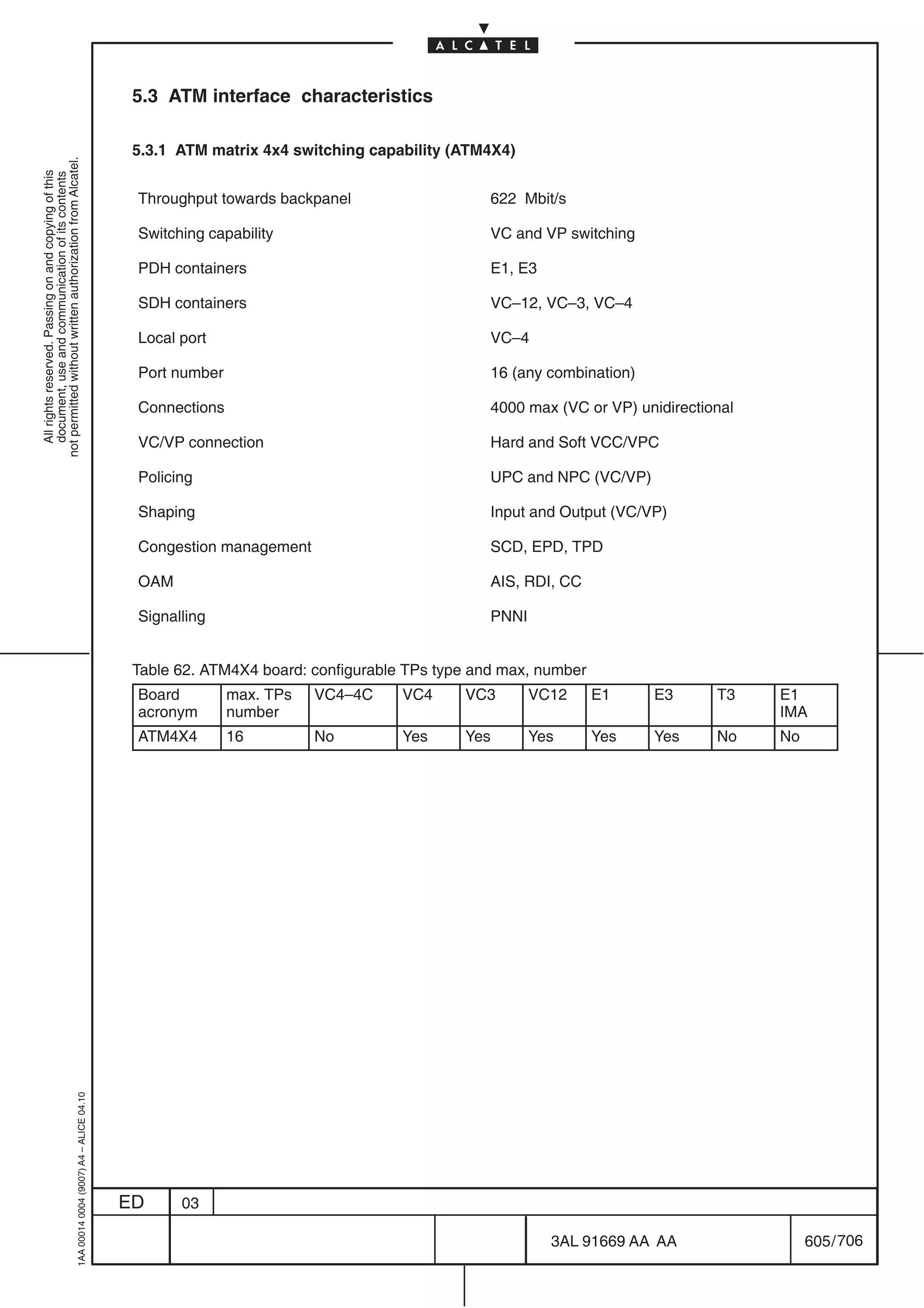5.3 ATM interface characteristics

                                                                                            5.3.1 ATM matrix 4x4 switching capability (ATM4X4)
not permitted without written authorization from Alcatel.
  All rights reserved. Passing on and copying of this
  document, use and communication of its contents




                                                                                            Throughput towards backpanel                    622 Mbit/s

                                                                                            Switching capability                            VC and VP switching

                                                                                            PDH containers                                  E1, E3

                                                                                            SDH containers                                  VC–12, VC–3, VC–4

                                                                                            Local port                                      VC–4

                                                                                            Port number                                     16 (any combination)

                                                                                            Connections                                     4000 max (VC or VP) unidirectional

                                                                                            VC/VP connection                                Hard and Soft VCC/VPC

                                                                                            Policing                                        UPC and NPC (VC/VP)

                                                                                            Shaping                                         Input and Output (VC/VP)

                                                                                            Congestion management                           SCD, EPD, TPD

                                                                                            OAM                                             AIS, RDI, CC

                                                                                            Signalling                                      PNNI


                                                                                            Table 62. ATM4X4 board: configurable TPs type and max, number
                                                                                            Board         max. TPs   VC4–4C     VC4     VC3        VC12     E1      E3     T3    E1
                                                                                            acronym       number                                                                 IMA
                                                                                            ATM4X4        16         No         Yes     Yes        Yes      Yes     Yes    No    No
                                                  1AA 00014 0004 (9007) A4 – ALICE 04.10




                                                                                           ED     03

                                                                                                                                                     3AL 91669 AA AA                  605 / 706


                                                                                                                                                                   706
 