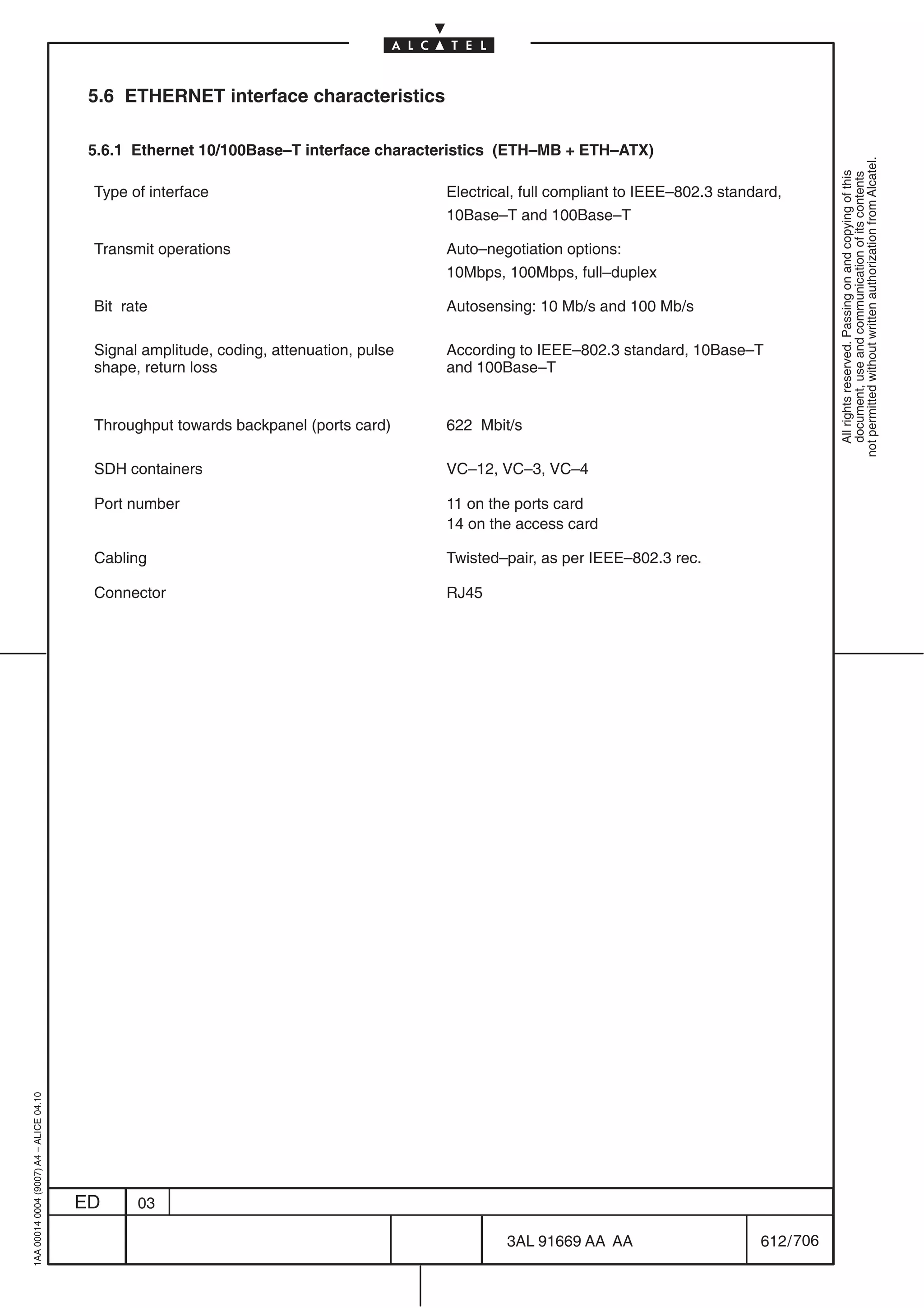 5.6 ETHERNET interface characteristics

                                          5.6.1 Ethernet 10/100Base–T interface characteristics (ETH–MB + ETH–ATX)




                                                                                                                                                   not permitted without written authorization from Alcatel.
                                                                                                                                                     All rights reserved. Passing on and copying of this
                                                                                                                                                     document, use and communication of its contents
                                          Type of interface                              Electrical, full compliant to IEEE–802.3 standard,
                                                                                         10Base–T and 100Base–T

                                          Transmit operations                            Auto–negotiation options:
                                                                                         10Mbps, 100Mbps, full–duplex

                                          Bit rate                                       Autosensing: 10 Mb/s and 100 Mb/s

                                          Signal amplitude, coding, attenuation, pulse   According to IEEE–802.3 standard, 10Base–T
                                          shape, return loss                             and 100Base–T


                                          Throughput towards backpanel (ports card)      622 Mbit/s

                                          SDH containers                                 VC–12, VC–3, VC–4

                                          Port number                                    11 on the ports card
                                                                                         14 on the access card

                                          Cabling                                        Twisted–pair, as per IEEE–802.3 rec.

                                          Connector                                      RJ45
1AA 00014 0004 (9007) A4 – ALICE 04.10




                                         ED     03

                                                                                                  3AL 91669 AA AA                      612 / 706


                                                                                                                 706
 