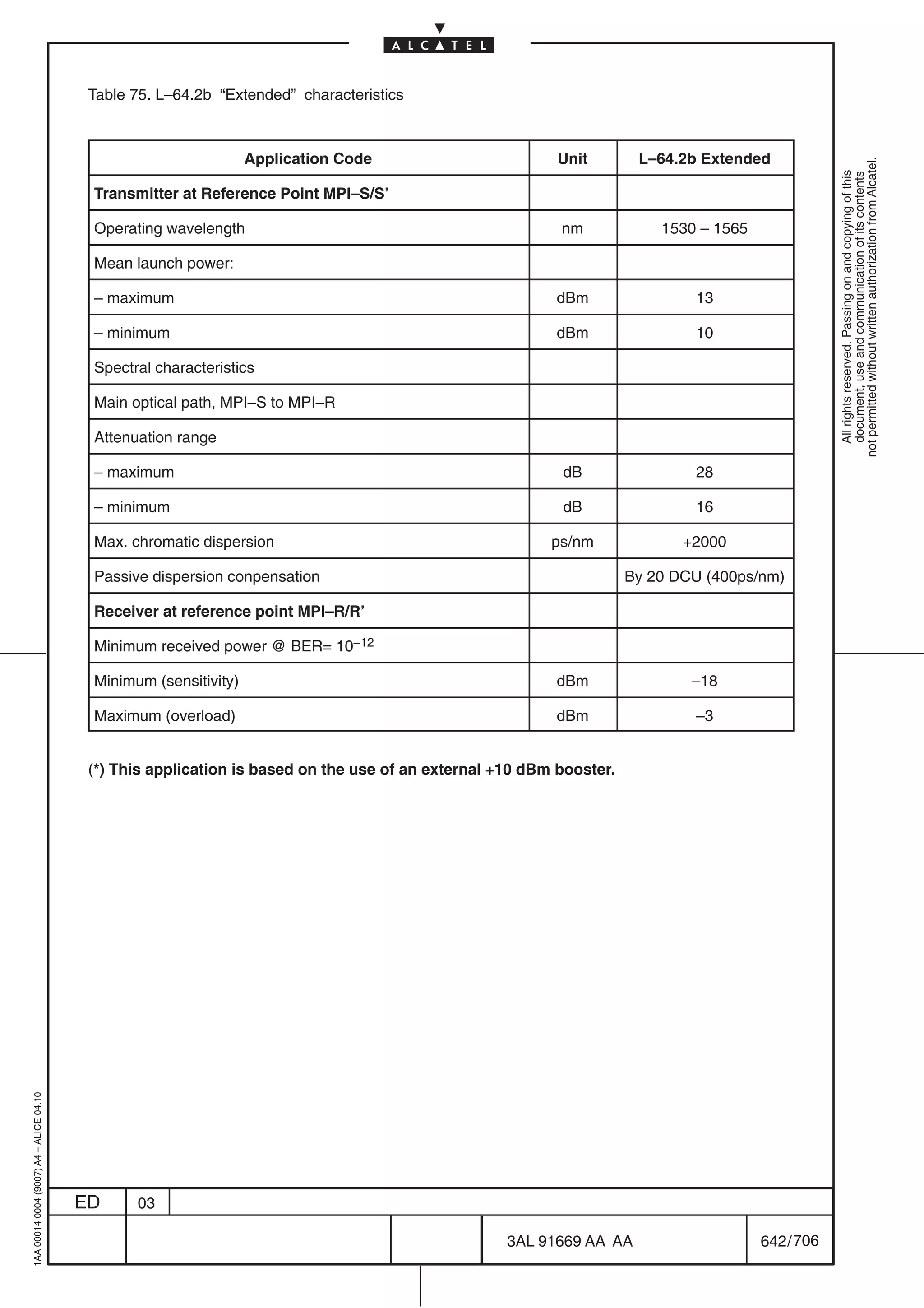 Table 75. L–64.2b “Extended” characteristics



                                                                  Application Code                        Unit         L–64.2b Extended




                                                                                                                                                   not permitted without written authorization from Alcatel.
                                                                                                                                                     All rights reserved. Passing on and copying of this
                                                                                                                                                     document, use and communication of its contents
                                          Transmitter at Reference Point MPI–S/S’

                                          Operating wavelength                                            nm             1530 – 1565

                                          Mean launch power:

                                          – maximum                                                       dBm                13

                                          – minimum                                                       dBm                10

                                          Spectral characteristics

                                          Main optical path, MPI–S to MPI–R

                                          Attenuation range

                                          – maximum                                                       dB                 28

                                          – minimum                                                       dB                 16

                                          Max. chromatic dispersion                                      ps/nm              +2000

                                          Passive dispersion conpensation                                            By 20 DCU (400ps/nm)

                                          Receiver at reference point MPI–R/R’

                                          Minimum received power @ BER= 10–12

                                          Minimum (sensitivity)                                           dBm                –18

                                          Maximum (overload)                                              dBm                –3


                                          (*) This application is based on the use of an external +10 dBm booster.
1AA 00014 0004 (9007) A4 – ALICE 04.10




                                         ED     03

                                                                                                   3AL 91669 AA AA                     642 / 706


                                                                                                                 706
 