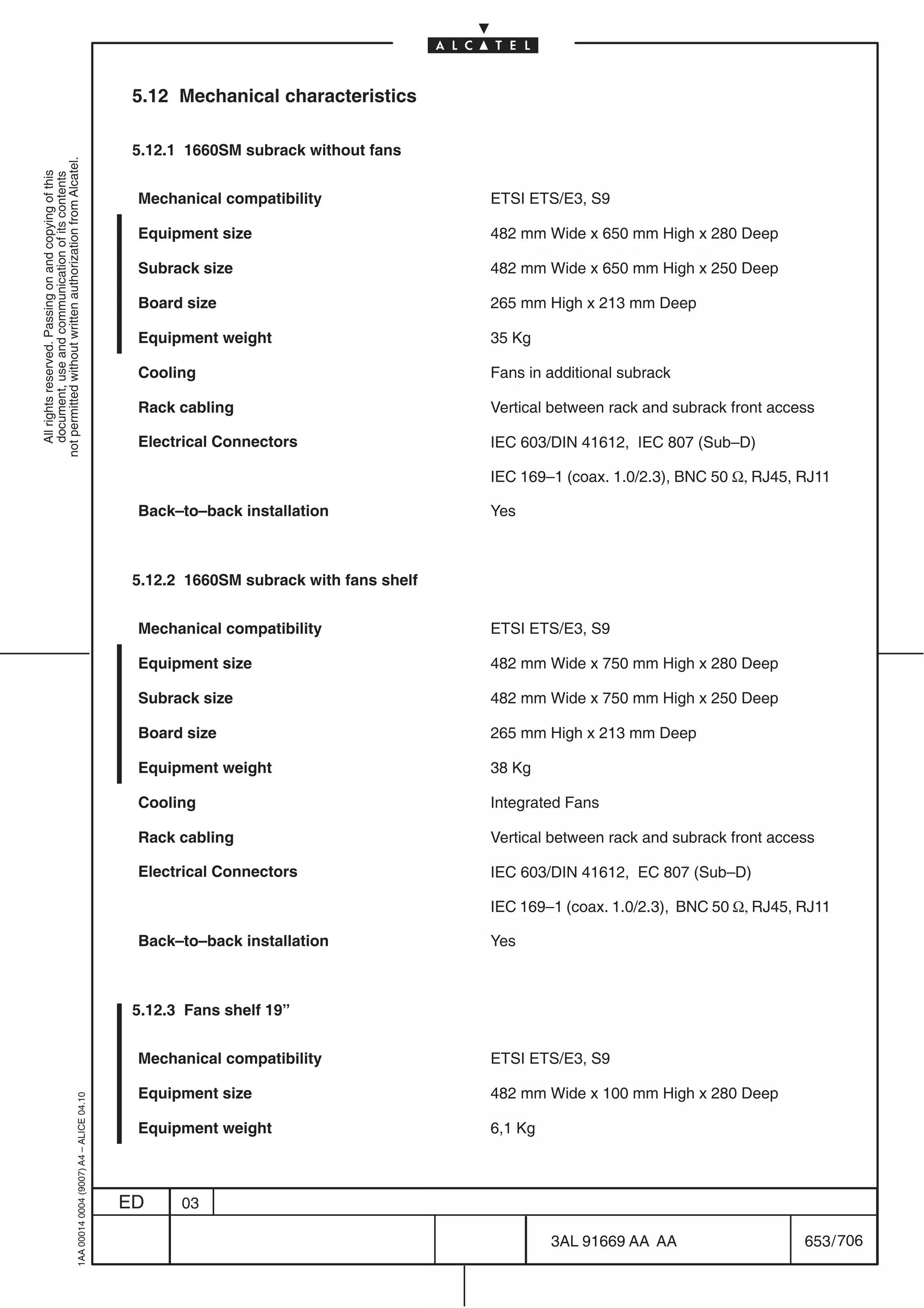 5.12 Mechanical characteristics

                                                                                            5.12.1 1660SM subrack without fans
not permitted without written authorization from Alcatel.
  All rights reserved. Passing on and copying of this
  document, use and communication of its contents




                                                                                            Mechanical compatibility                ETSI ETS/E3, S9

                                                                                            Equipment size                          482 mm Wide x 650 mm High x 280 Deep

                                                                                            Subrack size                            482 mm Wide x 650 mm High x 250 Deep

                                                                                            Board size                              265 mm High x 213 mm Deep

                                                                                            Equipment weight                        35 Kg

                                                                                            Cooling                                 Fans in additional subrack

                                                                                            Rack cabling                            Vertical between rack and subrack front access

                                                                                            Electrical Connectors                   IEC 603/DIN 41612, IEC 807 (Sub–D)

                                                                                                                                    IEC 169–1 (coax. 1.0/2.3), BNC 50 Ω, RJ45, RJ11

                                                                                            Back–to–back installation               Yes



                                                                                            5.12.2 1660SM subrack with fans shelf


                                                                                            Mechanical compatibility                ETSI ETS/E3, S9

                                                                                            Equipment size                          482 mm Wide x 750 mm High x 280 Deep

                                                                                            Subrack size                            482 mm Wide x 750 mm High x 250 Deep

                                                                                            Board size                              265 mm High x 213 mm Deep

                                                                                            Equipment weight                        38 Kg

                                                                                            Cooling                                 Integrated Fans

                                                                                            Rack cabling                            Vertical between rack and subrack front access

                                                                                            Electrical Connectors                   IEC 603/DIN 41612, EC 807 (Sub–D)

                                                                                                                                    IEC 169–1 (coax. 1.0/2.3), BNC 50 Ω, RJ45, RJ11

                                                                                            Back–to–back installation               Yes



                                                                                            5.12.3 Fans shelf 19”


                                                                                            Mechanical compatibility                ETSI ETS/E3, S9

                                                                                            Equipment size                          482 mm Wide x 100 mm High x 280 Deep
                                                  1AA 00014 0004 (9007) A4 – ALICE 04.10




                                                                                            Equipment weight                        6,1 Kg



                                                                                           ED     03

                                                                                                                                             3AL 91669 AA AA                    653 / 706


                                                                                                                                                         706
 