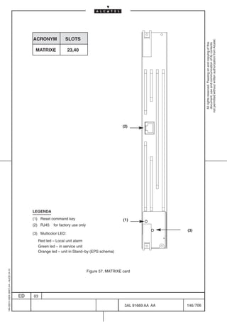 ACRONYM             SLOTS




                                                                                                                                    not permitted without written authorization from Alcatel.
                                                                                                                                      All rights reserved. Passing on and copying of this
                                                                                                                                      document, use and communication of its contents
                                               MATRIXE              23,40




                                                                                                     (2)




                                              LEGENDA
                                              (1) Reset command key                                  (1)
                                              (2) RJ45     for factory use only
                                                                                                                        (3)
                                              (3) Multicolor LED:
                                                   Red led – Local unit alarm
                                                   Green led – in service unit
                                                   Orange led – unit in Stand–by (EPS schema)
1AA 00014 0004 (9007) A4 – ALICE 04.10




                                                                                  Figure 57. MATRIXE card




                                         ED   03

                                                                                                      3AL 91669 AA AA   146 / 706


                                                                                                                706
 