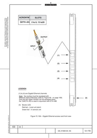 ACRONYM                SLOTS
not permitted without written authorization from Alcatel.
  All rights reserved. Passing on and copying of this
  document, use and communication of its contents




                                                                                                  GETH–AG 2 to 9, 13 to20




                                                                                                                               OUTPUT




                                                                                                                INPUT




                                                                                                                                                     (1)



                                                                                                                                                     (2)



                                                                                                                                                     (3)



                                                                                                                                                     (4)




                                                                                                LEGENDA

                                                                                                (1) to (4) are Gigabit Ethernet channels
                                                                                                Note: the cavities must be equipped with
                                                                                                Ethernet Optical Modules (refer to Figure 80. on page 169)                   (5)
                                                                                                Only the two upper cavities can be equipped when
                                                                                                the GHETH–AG is used in cojunction with ETH–MB

                                                                                                (5) Bicolor LED
                                                                                                    Red led – Local unit alarm
                                                                                                    Green led – in service unit
                                                  1AA 00014 0004 (9007) A4 – ALICE 04.10




                                                                                                                 Figure 72. ISA – Gigabit Ethernet access card front view




                                                                                           ED   03

                                                                                                                                                      3AL 91669 AA AA       161 / 706


                                                                                                                                                                   706
 