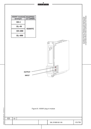 1AA 00014 0004 (9007) A4 – ALICE 04.10




                           ED
                           03
                                                                                                                                            OH–I
                                                                                                                                                      acronym



                                                                                                                                    OL–IN



                                                                                                          OL–MM
                                                                                                                   OH–MM




                                                                         INPUT
                                                                                 OUTPUT
                                                                                                                           4XANYC
                                                                                                                                                   4XANY modules EQUIPPED
                                                                                                                                                                 on CARDS




                                       Figure 81. 4XANY plug–in module




706
         3AL 91669 AA AA
         170 / 706
                                                                                            All rights reserved. Passing on and copying of this
                                                                                            document, use and communication of its contents
                                                                                          not permitted without written authorization from Alcatel.
 