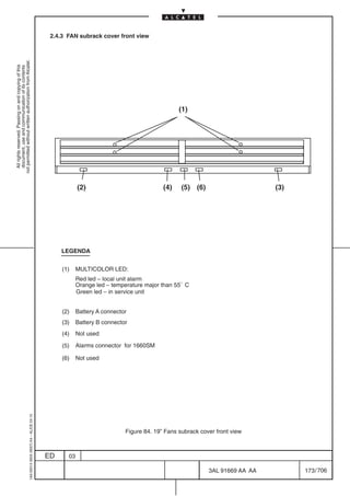 2.4.3 FAN subrack cover front view
not permitted without written authorization from Alcatel.
  All rights reserved. Passing on and copying of this
  document, use and communication of its contents




                                                                                                                                             (1)




                                                                                                       (2)                             (4)    (5) (6)                         (3)




                                                                                                LEGENDA


                                                                                                (1)    MULTICOLOR LED:
                                                                                                       Red led – local unit alarm
                                                                                                       Orange led – temperature major than 55 C
                                                                                                       Green led – in service unit


                                                                                                (2)    Battery A connector
                                                                                                (3)    Battery B connector
                                                                                                (4)    Not used

                                                                                                (5)    Alarms connector for 1660SM

                                                                                                (6)    Not used
                                                  1AA 00014 0004 (9007) A4 – ALICE 04.10




                                                                                                                         Figure 84. 19” Fans subrack cover front view



                                                                                           ED     03

                                                                                                                                                        3AL 91669 AA AA             173 / 706


                                                                                                                                                                        706
 
