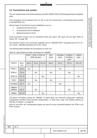 3.2 Connections sub–system

                                          This sub–system allows connections between any SDH, SONET, PDH or ISA (Integrated Service Adapter)
                                          ports




                                                                                                                                                               not permitted without written authorization from Alcatel.
                                                                                                                                                                 All rights reserved. Passing on and copying of this
                                                                                                                                                                 document, use and communication of its contents
                                          The connections can be realized at VC–12, VC–3, and VC–4 level using a not blocking matrix present
                                          on the MATRIXE unit.
                                          Several types of connections may be established, such as:
                                                •        Unidirectional Point to Point
                                                •        Unidirectional Point to Multipoint
                                                •        Bidirectional Point to Point

                                          Cross–connection function can be considered within two layers: HO Layer and LO layer. Refer to
                                          Figure 100. on page 199.

                                          The maximum matrix cross connection capability can be 256x256 STM–1 equivalent port at VC–12 /
                                          VC–3 level + 384x384 equivalent port at VC–4 level.

                                          The following table illustrates the connections for each unit:

                                          Table 34. High Order/Low Order connections for 1660SM
                                                                       STM–1, STM–4, STM–16,          OC3        140 Mbit/s     34 Mbit/s   2 Mbit/s
                                                                           STM–64 ports               ports        ports        45 Mbit/s    ports
                                                                                                                                  ports

                                              PORTS          Struc-     AU–4      TU–3        TU–12   AU–3         VC–4          VC–3       VC–12
                                                              ture

                                              STM–1,         AU–4        Yes        –           –      –            Yes            –           –

                                              STM–4,         TU–3         –        Yes          –     Yes            –            Yes          –

                                              STM–16         TU–12        –         –          Yes     –             –             –          Yes

                                               OC3           AU–3         –        Yes          –     Yes            –             –           –

                                           140 Mbit/s        VC–4        Yes        –           –      –            Yes            –           –

                                              34Mbit/s
                                              45Mbit/s       VC–3         –        Yes          –      –             –            Yes          –

                                              2Mbit/s        VC–12        –         –          Yes     –             –             –          Yes

                                          The above connections allows the 1660SM to realize Multi Line Terminal configuration, Add/Drop
                                          configuration and Mini Cross–Connect configurations in linear links, rings, and mashed network as
                                          describe in Chapter 1 on page 63.
                                          AU4–4C and AU4–16C concatenated signals can also be cross connected between any STM–4 and
                                          STM–16 ports.
1AA 00014 0004 (9007) A4 – ALICE 04.10




                                         ED         03

                                                                                                              3AL 91669 AA AA                      198 / 706


                                                                                                                          706
 