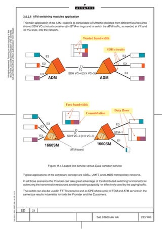 3.5.2.6 ATM switching modules application

                                                                                            The main application of the ATM board is to consolidate ATM traffic collected from different sources onto
                                                                                            shared SDH VCs (virtual containers) in STM–n rings and to switch the ATM traffic, as needed at VP and
not permitted without written authorization from Alcatel.




                                                                                            /or VC level, into the network.
  All rights reserved. Passing on and copying of this
  document, use and communication of its contents




                                                                                                                                               Wasted bandwidth


                                                                                                                                                                    SDH circuits

                                                                                                                 E3                                                                 E3

                                                                                                            E3                                                                      E3


                                                                                                          E3                       SDH VC–4 [3 X VC–3]                               E3
                                                                                                                  ADM                                         ADM




                                                                                                                                 Free bandwidth
                                                                                                                                                                           Data flows
                                                                                                                                                  Consolidation


                                                                                                                 E3                                                         E3
                                                                                                          E3

                                                                                                                                                                          STM–1
                                                                                                          E3                      SDH VC–4 [3 X VC–3]
                                                                                                                                                                               E1
                                                                                                               1660SM                                      1660SM
                                                                                                                                    ATM board




                                                                                                                  Figure 114. Leased line service versus Data transport service


                                                                                            Typical applications of the atm board concept are ADSL, UMTS and LMDS metropolitan networks.

                                                                                            In all those scenarios the Provider can take great advantage of the distributed switching functionality for
                                                                                            optimizing the transmission resources avoiding wasting capacity not effectively used by the paying traffic.

                                                                                            The switch can also be used in FTTB scenarios and as CPE where a mix of TDM and ATM services in the
                                                  1AA 00014 0004 (9007) A4 – ALICE 04.10




                                                                                            same box results in benefits for both the Provider and the Customers.




                                                                                           ED      03

                                                                                                                                                           3AL 91669 AA AA                        233 / 706


                                                                                                                                                                         706
 