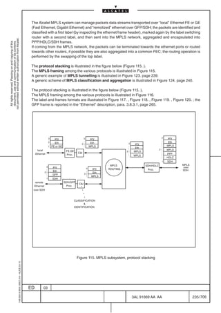 The Alcatel MPLS system can manage packets data streams transported over “local” Ethernet FE or GE
                                                                                            (Fast Ethernet, Gigabit Ethernet) and “remotized” ethernet over GFP/SDH; the packets are identified and
                                                                                            classified with a first label (by inspecting the ethernet frame header), marked again by the label switching
                                                                                            router with a second label, and then sent into the MPLS network, aggregated and encapsulated into
not permitted without written authorization from Alcatel.




                                                                                            PPP/HDLC/SDH frames.
  All rights reserved. Passing on and copying of this
  document, use and communication of its contents




                                                                                            If coming from the MPLS network, the packets can be terminated towards the ethernet ports or routed
                                                                                            towards other routers, if possible they are also aggregated into a common FEC; the routing operation is
                                                                                            performed by the swapping of the top label.

                                                                                            The protocol stacking is illustrated in the figure below (Figure 115. ).
                                                                                            The MPLS framing among the various protocols is illustrated in Figure 116.
                                                                                            A generic example of MPLS tunnelling is illustrated in Figure 123. page 239.
                                                                                            A generic scheme of MPLS classification and aggregation is illustrated in Figure 124. page 240.

                                                                                            The protocol stacking is illustrated in the figure below (Figure 115. ).
                                                                                            The MPLS framing among the various protocols is illustrated in Figure 116.
                                                                                            The label and frames formats are illustrated in Figure 117. , Figure 118. , Figure 119. , Figure 120. ; the
                                                                                            GFP frame is reported in the “Ethernet” description, para. 3.8.3.1, page 265.




                                                                                                                3    any                       3       any                                              3   any
                                                                                                                2   Eth                                 Eth                                                  Eth
                                                                                                                                           2                                 3    any
                                                                                                                1 FE or GE                             MPLS                                                 MPLS
                                                                                                                                                                                   Eth
                                                                                                 local                                                                                              2       MPLS
                                                                                                                              FE,GE                                      2        MPLS
                                                                                                Ethernet                                CI                                                                 PPP
                                                                                                                              Proc.                                              MPLS
                                                                                                                                                                                                            HDLC
                                                                                                                                                                                                        1   SDH
                                                                                                                                                                MPLS                     SDH/HDLC                  MPLS
                                                                                                            3       any                                                                                             over
                                                                                                                                                   3     any   ROUTING                    Proc.                    SDH
                                                                                                        2           Eth
                                                                                                                                               2         Eth
                                                                                                                    GFP
                                                                                                                                                        MPLS
                                                                                                            1       SDH
                                                                                             remote                          SDH/GFP
                                                                                                                                         CI
                                                                                             Ethernet                         Proc.
                                                                                             over SDH



                                                                                                                                      CLASSIFICATION
                                                                                                                                             
                                                                                                                                      IDENTIFICATION




                                                                                                                                       Figure 115. MPLS subsystem, protocol stacking
                                                  1AA 00014 0004 (9007) A4 – ALICE 04.10




                                                                                           ED         03

                                                                                                                                                                                 3AL 91669 AA AA                           235 / 706


                                                                                                                                                                                              706
 