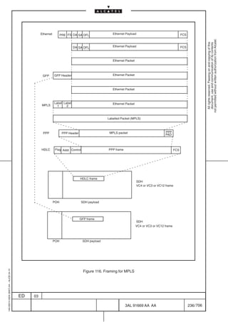Ethernet         PRE FS DA SA DFL                Ethernet Payload                                   FCS




                                                                                                                                                                         not permitted without written authorization from Alcatel.
                                                                                                                                                                           All rights reserved. Passing on and copying of this
                                                                                                                                                                           document, use and communication of its contents
                                                                            DA SA DFL               Ethernet Payload                                   FCS



                                                                                                    Ethernet Packet



                                                    GFP       GFP Header                            Ethernet Packet



                                                                                                    Ethernet Packet



                                                              Label Label                           Ethernet Packet
                                                    MPLS        1     2



                                                                                                 Labelled Packet (MPLS)



                                                    PPP              PPP Header                   MPLS packet                             PPP
                                                                                                                                          PAD



                                                   HDLC        Flag Addr Control                  PPP frame                                      FCS




                                                                                  HDLC frame
                                                                                                                       SDH
                                                                                                                       VC4 or VC3 or VC12 frame




                                                              POH                  SDH payload




                                                                                  GFP frame
                                                                                                                      SDH
                                                                                                                      VC4 or VC3 or VC12 frame



                                                              POH                  SDH payload
1AA 00014 0004 (9007) A4 – ALICE 04.10




                                                                                    Figure 116. Framing for MPLS




                                         ED   03

                                                                                                              3AL 91669 AA AA                                236 / 706


                                                                                                                              706
 