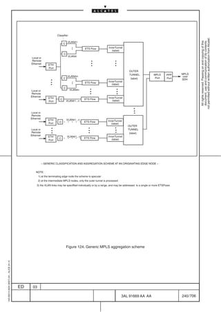 Classifier




                                                                                                                                                                                   not permitted without written authorization from Alcatel.
                                                                                                                                                                                     All rights reserved. Passing on and copying of this
                                                                                VLAN#1




                                                                                                                                                                                     document, use and communication of its contents
                                                                           C
                                                                                   .
                                                                                   .
                                                                                   .        ETS Flow             InnerTunnel
                                                                                                                    (label)
                                                                           C

                                                                                                   .                  .
                                                                                VLAN#i
                                              Local or
                                              Remote
                                              Ethernet       ETH
                                                                                                   .
                                                                                                   .                  .
                                                                                                                      .
                                                             Port
                                                                                                                                OUTER
                                                                                                                                TUNNEL               MPLS       PPP    MPLS

                                                               .
                                                               .           C
                                                                                VLAN#m
                                                                                                                                 (label)              Port      Port
                                                                                                                                                                        over
                                                                                                                                                                       SDH
                                                               .                   .
                                                                                   .
                                                                                   .        ETS Flow             InnerTunnel

                                                                                                .
                                                                                                                    (label)
                                                                           C
                                                                                                .                      .
                                                                                                                       .
                                              Local or
                                              Remote
                                              Ethernet
                                                                                 VLAN#n
                                                                                                .                      .
                                                             ETH                                                 InnerTunnel
                                                                       C                    ETS Flow
                                                             Port              VLAN#1...n                           (label)

                                                                                                                                   .
                                                                                                                                   .
                                              Local or
                                              Remote
                                                                                                                                   .
                                              Ethernet                         VLAN#1...n
                                                             ETH                                                InnerTunnel
                                                                      C                     ETS Flow

                                                                                               .                      .
                                                             Port
                                                               .
                                                                                                                   (label)

                                                               .                               .                      .
                                                                                                                               OUTER
                                              Local or
                                              Remote
                                              Ethernet
                                                               .                               .                      .        TUNNEL
                                                                                                                                (label)
                                                             ETH               VLAN#1...n                       InnerTunnel
                                                                      C                     ETS Flow
                                                             Port                                                  (label)




                                                         – GENERIC CLASSIFICATION AND AGGREGATION SCHEME AT AN ORIGINATING EDGE NODE –


                                                  NOTE:
                                                    1) at the terminating edge node the scheme is specular
                                                    2) at the intermediate MPLS nodes, only the outer tunnel is processed
                                                  3) the VLAN links may be speciffied individually or by a range, and may be addressed to a single or more ETSFlows




                                                                               Figure 124. Generic MPLS aggregation scheme
1AA 00014 0004 (9007) A4 – ALICE 04.10




                                         ED    03

                                                                                                                            3AL 91669 AA AA                            240 / 706


                                                                                                                                            706
 