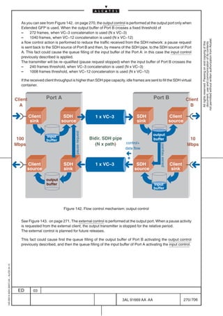 As you can see from Figure 142. on page 270, the output control is performed at the output port only when
                                            Extended GFP is used. When the output buffer of Port B crosses a fixed threshold of
                                            –     272 frames, when VC–3 concatenation is used (N x VC–3)
                                            –     1040 frames, when VC–12 concatenation is used (N x VC–12)




                                                                                                                                                                            not permitted without written authorization from Alcatel.
                                            a flow control action is performed to reduce the traffic received from the SDH network: a pause request




                                                                                                                                                                              All rights reserved. Passing on and copying of this
                                                                                                                                                                              document, use and communication of its contents
                                            is sent back to the SDH source of Port B and then, by means of the SDH pipe, to the SDH source of Port
                                            A. This fact could cause the queue filling of the input buffer of the Port A: in this case the input control
                                            previously described is applied.
                                            The transmitter will be re–qualified (pause request stopped) when the input buffer of Port B crosses the
                                            –     240 frames threshold, when VC–3 concatenation is used (N x VC–3)
                                            –     1008 frames threshold, when VC–12 concatenation is used (N x VC–12)

                                            If the received client throughput is higher than SDH pipe capacity, idle frames are sent to fill the SDH virtual
                                            container.


                                         Client             Port A                                                                 Port B                        Client
                                           A                                                                                                                       B

                                                  Client               SDH                       1 x VC–3               SDH                            Client
                                                  sink                source                                            sink                           source
                                                                               pause request




                                                            input                                                                  output
                                          100               buffer                             Bidir. SDH pipe                     buffer                          10
                                         Mbps                                                    (N x path)    control+                                           Mbps


                                                                                                                                       pause request
                                                                                                                data flow

                                                                                                                 +
                                                Client                 SDH                       1 x VC–3              SDH                             Client
                                                source                 sink                                           source                           sink

                                                            output
                                                            buffer                                                                 input
                                                                                                                                   buffer




                                                                       Figure 142. Flow control mechanism: output control


                                            See Figure 143. on page 271. The external control is performed at the output port. When a pause activity
                                            is requested from the external client, the output transmitter is stopped for the relative period.
                                            The external control is planned for future releases.

                                            This fact could cause first the queue filling of the output buffer of Port B activating the output control
                                            previously described, and then the queue filling of the input buffer of Port A activating the input control.
1AA 00014 0004 (9007) A4 – ALICE 04.10




                                          ED        03

                                                                                                              3AL 91669 AA AA                                   270 / 706


                                                                                                                             706
 